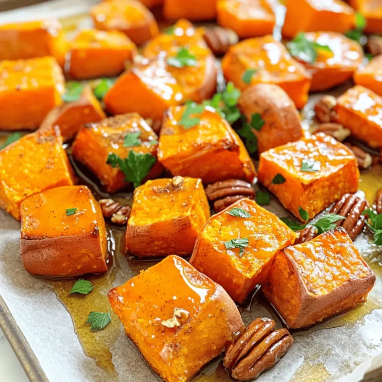 - 4 medium sweet potatoes, peeled and cut into bite-sized cubes - 3 tablespoons pure maple syrup - 2 tablespoons extra virgin olive oil - 1 teaspoon ground cinnamon - 1/2 teaspoon ground nutmeg - Sea salt, to taste - 1/4 cup pecans, finely chopped (optional) - Fresh parsley, chopped, for garnish (optional) Choosing the best sweet potatoes Look for sweet potatoes that are firm and smooth. Avoid any with cracks or soft spots. The color should be vibrant and deep orange or purple. How to properly peel and cut sweet potatoes Start by washing the sweet potatoes under cold water. Use a vegetable peeler to remove the skin. Cut them into even cubes, about one inch each. This helps them cook evenly. Suggested brands of maple syrup Look for pure maple syrup, not imitation. Brands like Grade A or B syrup are great choices. They offer rich flavor and depth for your dish. Start by preheating your oven to 400°F (200°C). This temperature works well for roasting sweet potatoes. Next, line a large baking sheet with parchment paper. This step makes cleanup easier and helps the sweet potatoes roast evenly. In a large bowl, add the cubed sweet potatoes. Pour in the olive oil and maple syrup. Then, sprinkle in the ground cinnamon, nutmeg, and a pinch of sea salt. Toss everything well. Make sure each piece of sweet potato is coated. This ensures every bite bursts with flavor. Spread the sweet potatoes on the baking sheet in a single layer. Avoid crowding them. This helps them roast properly. Halfway through roasting, stir the sweet potatoes. This promotes even cooking and gives them a nice caramelized finish. To know when sweet potatoes are done roasting, look for golden edges. They should be soft when you pierce them with a fork. If they begin to brown too much, lower the heat slightly. Stir them halfway through cooking to help them caramelize evenly. This keeps them from burning while enhancing their sweet flavor. To make your sweet potatoes even better, try adding spices like ginger or allspice. These can add warmth and depth to the dish. Balancing sweetness is key. A pinch of sea salt helps cut through the sweet notes. You might also try adding a splash of balsamic vinegar for a tangy twist. Maple Cinnamon Roasted Sweet Potatoes pair well with savory dishes. Try serving them alongside roasted chicken or grilled pork. For a colorful presentation, place them on a bed of fresh greens. You could also sprinkle some feta cheese on top for a creamy touch. This dish looks great in a nice bowl, garnished with fresh parsley. For the full recipe, check out the details above! {{image_4}} You can swap maple syrup for honey. Honey gives a sweet twist. It also adds its own unique flavor. You might also want to try different nuts or seeds. Walnuts and almonds work well. They add crunch and extra nutrients. For a vegan option, use agave syrup instead of maple syrup. This keeps the dish plant-based. If you need gluten-free, this recipe is already safe. Sweet potatoes are naturally gluten-free. Just check any labels on nuts or oils to be sure. Mix in carrots or Brussels sprouts for added flavor. They roast well alongside sweet potatoes. You can even try seasonal vegetables like squash in fall. This keeps your dish fresh and exciting all year. You can find the full recipe above. To store your Maple Cinnamon Roasted Sweet Potatoes, use an airtight container. Glass or plastic containers work well. Ensure the sweet potatoes cool down first. This helps keep them fresh longer. Place the container in the fridge. They will stay good for about three to four days. For the best results, reheat in the oven. Preheat your oven to 350°F (175°C). Spread the sweet potatoes on a baking sheet. Heat them for about 10 to 15 minutes. This keeps their texture nice and crispy. If you are short on time, use the microwave. However, this may make them a bit soggy. Heat in 30-second bursts until warm. To freeze Maple Cinnamon Roasted Sweet Potatoes, let them cool completely. Then, place them in a freezer-safe bag or container. Remove as much air as possible to prevent freezer burn. They can last up to three months. When you are ready to eat, thaw them overnight in the fridge. Reheat in the oven for the best texture. You should roast sweet potatoes at 400°F (200°C). This temperature helps them cook evenly. It allows the sweet potatoes to become tender while getting a nice caramelized edge. Always preheat your oven before adding your sweet potatoes. Yes, you can make this recipe ahead of time. You can prepare the sweet potatoes and toss them in the mixture. Then, store them in the fridge for up to a day. When you're ready, simply roast them as directed. This saves time and makes serving easier. Absolutely! Maple cinnamon roasted sweet potatoes are healthy. Sweet potatoes are packed with vitamins and fiber. Maple syrup adds a touch of sweetness without refined sugar. When you use healthy fats like olive oil, it makes the dish even better for you. Roasted sweet potatoes will last about 3 to 5 days in the fridge. Store them in an airtight container to keep them fresh. Make sure they cool first before putting them in the fridge. This helps prevent moisture build-up. Yes, you can easily replace pecans with another nut. Walnuts or almonds work well too. Just chop them finely and add them during the last few minutes of roasting. This will give you great crunch and flavor in your dish. In this blog post, we covered how to make flavorful Maple Cinnamon Roasted Sweet Potatoes. We discussed the best ingredients, preparation tips, and cooking methods for perfect texture. You can try various versions and storage tips for leftovers too. Sweet potatoes are not only tasty but also healthy. Enjoy making this dish by following the steps provided. You’ll impress family and friends with your cooking skills!