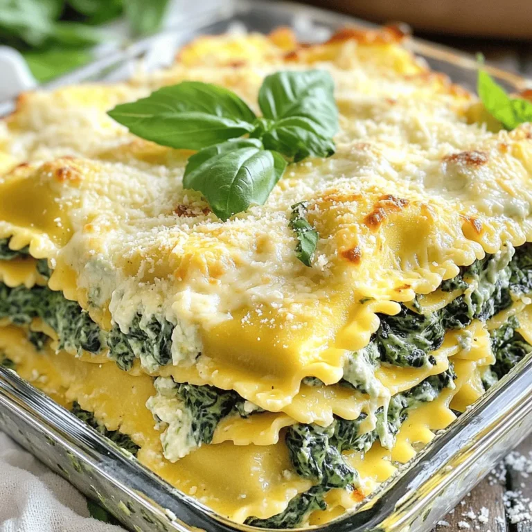 - 1 package (9 oz) of fresh or frozen cheese ravioli - 2 cups fresh spinach, roughly chopped - 1 clove of garlic, finely minced - 1 cup ricotta cheese - 1 cup heavy cream - 1 cup shredded mozzarella cheese - ½ cup grated Parmesan cheese - 1 teaspoon Italian seasoning - Salt and freshly ground black pepper to taste - Olive oil, for sautéing - Fresh basil leaves, for garnish The key to a great creamy spinach ravioli bake starts with the right ingredients. I love using fresh or frozen cheese ravioli because it saves time. Fresh spinach adds color and nutrients. Garlic gives the dish a nice kick. For the creamy base, I use ricotta and heavy cream. They blend well, creating a rich sauce. Shredded mozzarella melts beautifully on top, making it golden and bubbly. Don’t forget the grated Parmesan for extra flavor! As for seasoning, Italian seasoning brings warmth to the dish. You can adjust the salt and pepper to fit your taste. Use good-quality olive oil for sautéing the garlic and spinach; it enhances the flavors. - Large skillet - Baking dish - Mixing bowl - Whisk or spoon - Aluminum foil Having the right tools makes cooking easier. A large skillet helps sauté the garlic and spinach evenly. A baking dish is needed to layer the ravioli and sauce. A mixing bowl comes in handy for combining all the creamy ingredients. I prefer a whisk to mix the ricotta and cream smoothly. Finally, aluminum foil is essential for covering the dish while it bakes. You can find the full recipe for creamy spinach ravioli bake to help you create this comforting dish. - Preheat oven to 375°F (190°C). - Heat olive oil and sauté minced garlic until fragrant. Start by turning your oven on to 375°F. This helps the dish cook evenly. In a large skillet, pour in some olive oil. Heat it over medium heat. Once warm, add the minced garlic. Sauté it until it smells nice, about one minute. Be careful not to burn the garlic; it can turn bitter quickly. - Add chopped spinach and cook until wilted. - Season with salt and pepper. Now, toss in the chopped spinach. Cook it for about 2-3 minutes until it wilts. Stir it around to cook evenly. Season with a pinch of salt and pepper to bring out the flavor. Once done, remove the skillet from heat and let it cool a bit. - Combine ricotta, heavy cream, Italian seasoning, and half mozzarella. - Fold in sautéed spinach and garlic. In a mixing bowl, add ricotta cheese and heavy cream. Mix them well until smooth. Sprinkle in the Italian seasoning and half of the shredded mozzarella. Then, gently fold in your sautéed spinach and garlic. This creamy mixture will give your bake a rich taste. - Arrange half of the ravioli in a greased baking dish. - Add half of the creamy mixture and sprinkle half of the Parmesan. - Repeat layers with remaining ravioli, creamy mixture, and cheeses. Grab a greased baking dish and lay down half of the ravioli on the bottom. Pour half of your creamy spinach mixture over the ravioli. Sprinkle half of the grated Parmesan on top. Now, repeat this process with the rest of the ravioli, creamy mixture, and cheeses. This layering creates a wonderful blend of flavors. - Cover with aluminum foil and bake for 25 minutes. - Uncover and bake an additional 15 minutes to brown cheese. Once your layers are ready, cover the baking dish tightly with aluminum foil. This keeps the moisture in. Bake in the preheated oven for 25 minutes. After that, carefully remove the foil. Bake for an extra 15 minutes to let the cheese turn golden and bubbly. - Let rest before serving. - Garnish with fresh basil leaves. After baking, take the dish out and let it rest for a few minutes. This helps the layers set. Before you serve, add some fresh basil leaves on top for a pop of color and flavor. This dish looks great and tastes even better! For the full recipe, check out the complete guide. - Use fresh ingredients for the best flavor. Fresh spinach and quality cheeses make a big difference. - Experiment with different cheeses for unique tastes. Try adding gouda or fontina for a fun twist. - Pair with a light salad or crusty bread. The bread soaks up the creamy sauce perfectly. - Serve in individual bowls for a beautiful presentation. This makes it feel special and fancy. - Avoid overcooking the spinach to maintain color and texture. Cook just until wilted for the best look. - Ensure the baking dish is sufficiently greased to prevent sticking. A little olive oil goes a long way. These tips will help you make the best creamy spinach ravioli bake. For the full recipe, check out the detailed instructions above! {{image_4}} You can boost your Creamy Spinach Ravioli Bake with some protein. - Include cooked chicken or sautéed mushrooms for tasty additions. - Try adding crumbled sausage for a savory twist that many love. Want to switch it up? You have great options! - Substitute spinach with kale or Swiss chard for a new flavor. - Add roasted veggies like zucchini or bell peppers for extra color. If you need a dairy-free dish, it’s easy to adapt! - Use plant-based ricotta and heavy cream to keep it creamy. - Vegan mozzarella works well as a melted cheese substitute. These variations make the dish fun and personal. Try what you love! For the full recipe, check the earlier section. You can store leftovers in an airtight container. This keeps them fresh for up to 3 days. When you want to enjoy them again, reheat in the oven. Cover the dish with foil to help maintain the texture. If you want to save some for later, freeze the dish before baking. It can stay good for up to 3 months. When you're ready to bake, thaw it in the refrigerator overnight. This way, it warms evenly when you bake it. For the best taste, reheat in the oven. This helps restore the crispiness of the cheese. Avoid using the microwave, as it can make the ravioli soggy. If you follow these tips, your creamy spinach ravioli bake will taste great even the next day! For the full recipe, check out the section above. Yes, frozen ravioli can be used without needing to thaw. This saves you time and effort. Just add them directly to the dish. They will cook perfectly in the oven. The total baking time remains the same, but ensure it's heated through. You want the cheese to melt nicely and the dish to be bubbly. Always check the center to make sure it’s hot. Absolutely! Assemble and refrigerate the day before baking. This helps the flavors blend well. When you are ready, just pop it in the oven. It’s a great time-saver for busy days. A mix of mozzarella and Parmesan provides great flavor and texture. Mozzarella melts smoothly, while Parmesan adds a nice sharpness. Together, they create a rich and creamy topping. Use gluten-free ravioli and ensure all other ingredients are gluten-free. Many brands offer tasty options for gluten-free pasta. Always check labels to avoid gluten in sauces or seasonings. For more tips on making this delicious dish, check out the Full Recipe. This recipe showcases how to make a tasty cheese ravioli bake. You learned about key ingredients, kitchen tools, and step-by-step instructions. With some simple tips, you can avoid common mistakes and enjoy delicious variations. Remember, use fresh ingredients and experiment with flavors. Store leftovers well to savor later. This dish can delight any meal. You now have the tools to create a perfect ravioli bake!