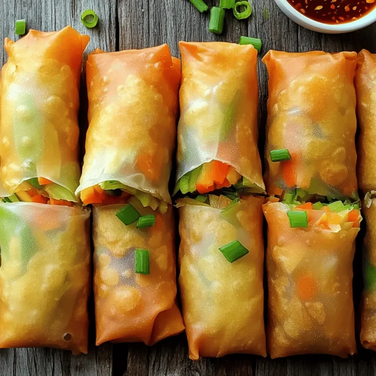 - 1 cup cabbage, finely shredded - 1 medium carrot, julienned - 1 bell pepper (any color), julienned - 1 cup fresh bean sprouts - 2 green onions, finely chopped - 1 clove garlic, minced - 1 teaspoon fresh ginger, grated - 1 tablespoon soy sauce - 1 teaspoon sesame oil - Salt and pepper, to taste - 10-12 spring roll wrappers - Vegetable oil, for deep frying To make crispy vegetable spring rolls, you need fresh, vibrant ingredients. Start with your vegetables. Cabbage adds crunch, while carrots and bell peppers bring color. Bean sprouts provide a nice texture, and green onions enhance the flavor. Next, season the veggies with garlic and ginger. These two add a punch of taste. Soy sauce and sesame oil create a savory base. Salt and pepper will balance the flavors. Now, choose your wrappers. Spring roll wrappers are thin and crisp up well when fried. You'll also need vegetable oil for frying. Heat it to the right temperature for the best results. For the full recipe, check out the details above. This simple mix of ingredients gives you a tasty snack that everyone will love! Combine all vegetable ingredients in a bowl. - 1 cup cabbage, finely shredded - 1 medium carrot, julienned - 1 bell pepper (any color), julienned - 1 cup fresh bean sprouts - 2 green onions, finely chopped - 1 clove garlic, minced - 1 teaspoon fresh ginger, grated First, mix the vegetables well. This helps spread the flavors evenly. Next, season with soy sauce, sesame oil, salt, and pepper. Toss all the ingredients together. You want every bite to be tasty. Now, let’s roll these delicious spring rolls. Take one spring roll wrapper and place it on a clean, flat surface. Make sure one corner points toward you. Spoon about 2 tablespoons of the filling onto the wrapper. Position it about 2 inches from the corner closest to you. Start by folding the bottom corner over the filling tightly. Then, fold in the two side corners. Continue rolling it tightly away from you. Use a small amount of water to moisten the top corner of the wrapper. This helps seal the roll. Repeat this process until you finish all the wrappers and filling. Next, heat oil in a large frying pan or deep skillet. You need enough oil to submerge the rolls. Heat the oil to about 350°F (175°C). This temperature is key for crispy spring rolls. Once the oil is hot, carefully add a few spring rolls. Avoid overcrowding the pan. Fry them until golden brown and crispy, about 3-4 minutes per side. Using a slotted spoon, remove the spring rolls from the oil. Place them on a plate lined with paper towels. This helps drain excess oil. Serve the crispy vegetable spring rolls hot. Enjoy them with sweet chili sauce or soy sauce for dipping. Check out the Full Recipe for more details on this delicious treat! Oil temperature is key for crispy spring rolls. Heat your oil to around 350°F (175°C). If the oil is too cool, the rolls will soak up oil and become soggy. If it’s too hot, the outside will burn before the inside cooks. Use a deep skillet or a fryer for even cooking. Fry a few rolls at a time to avoid crowding. This keeps the oil hot and helps achieve that golden brown color we all love. When rolling, don’t overfill the wrappers. About 2 tablespoons of filling works best. This helps the rolls stay tight and prevents spilling. Seal the rolls well. After folding in the sides, moisten the top corner with water to stick. A tight seal keeps the delicious filling inside while frying. Serve your spring rolls with tasty dipping sauces. Sweet chili sauce or soy sauce are great choices. They add flavor and balance the crunch. For presentation, arrange the rolls on a colorful plate. Garnish with fresh cilantro or sesame seeds. This adds a nice touch and makes the dish pop. For the full recipe, check out the details above. Enjoy making these delightful snacks! {{image_4}} You can easily make these spring rolls vegan by swapping out non-vegan items. Use soy sauce instead of fish sauce. Replace any egg wash with water or a plant-based alternative. Here are some more veggies to consider: - Zucchini, finely grated - Mushrooms, chopped - Spinach or kale, chopped These substitutions keep the taste vibrant. You can mix and match to find your favorite combo. For gluten-free spring rolls, look for gluten-free wrappers made from rice or tapioca. They are easy to find in most stores. When frying, watch the heat closely. If the oil is too hot, the rolls burn. If it's too cool, they become soggy. To keep the taste and texture, use fresh veggies and avoid overcooking. Want to try different flavors? You can add cooked chicken, shrimp, or even tofu for protein. Consider fusion-inspired ideas, like adding spicy kimchi or Thai curry paste to your mix. These twists give your spring rolls a fun twist. Don't hesitate to experiment and find your perfect filling. For the full recipe, you can check the main section. To store uncooked spring rolls, place them in a single layer on a plate. Cover them with a damp cloth or plastic wrap. This helps keep them moist. You can store them in the fridge for up to two days. If you leave them too long, the wrappers may dry out or crack. For cooked spring rolls, the goal is to keep them crispy. Let them cool completely on a wire rack. This prevents steam from making them soggy. Store them in an airtight container in the fridge. They can last for up to three days. To reheat, place them in a hot oven at 375°F (190°C) for about 10 minutes. This keeps them crispy. You can freeze both uncooked and cooked spring rolls. For uncooked rolls, layer them between parchment paper in a freezer-safe bag. Make sure to remove as much air as possible. They can last in the freezer for up to three months. To cook from frozen, do not thaw. Simply fry them straight from the freezer. Cook for a few extra minutes until golden brown. For cooked rolls, wrap them tightly in foil before freezing. Thaw them in the fridge overnight before reheating in the oven. Enjoy your crispy vegetable spring rolls anytime! For the full recipe, check my earlier section. To make spring rolls extra crispy, focus on oil temperature. Heat oil to 350°F (175°C) before frying. If the oil is too cool, the rolls will soak up oil and become soggy. Fry in small batches to keep the temperature steady. Cook each batch for 3-4 minutes until golden brown. Yes, you can bake spring rolls for a healthier option. Preheat your oven to 400°F (200°C). Place the rolls on a baking sheet lined with parchment paper. Brush them lightly with oil for a nice crunch. Bake for about 20-25 minutes or until golden brown, flipping halfway through. Here are some great sauces to try: - Sweet chili sauce: Sweet with a hint of spice. - Soy sauce: Salty and umami-rich. - Peanut sauce: Creamy with a nutty flavor. - Hoisin sauce: Sweet and tangy, perfect for dipping. Some trusted brands include: - Wonton Food: Available in many grocery stores. - Dynasty: Often found in Asian markets. - Nasoya: Known for quality vegan options. Look for these brands in the international aisle or online. The spring rolls are done when they turn golden brown. They should be crispy to the touch. If you see bubbles around them in the oil, that’s a good sign they are cooking well. Use a slotted spoon to check and remove them once they reach that perfect color. You can prepare spring rolls using different cooking methods for great results. Each method offers a unique taste and texture. Air Frying Air frying is a healthier choice. It uses hot air to cook the rolls and gives them a nice crunch without deep-frying. To air fry, lightly spray the spring rolls with oil. Preheat your air fryer to 375°F (190°C). Place the spring rolls in a single layer in the basket. Cook for about 12-15 minutes, flipping them halfway through. You will love the crispy results! Pan-Frying Pan-frying is another easy technique. Use a non-stick skillet with a small amount of oil. Heat the oil over medium heat. Place the spring rolls in the pan, ensuring they do not touch. Cook each side for about 3-4 minutes until golden brown. This method adds a nice crunch while using less oil than deep frying. Baking You can also bake spring rolls for a lighter option. Preheat your oven to 400°F (200°C). Arrange the rolls on a baking sheet lined with parchment paper. Brush them lightly with oil. Bake for 20-25 minutes, flipping them halfway through. This method keeps them crispy and delicious without frying. Each technique allows you to enjoy crispy vegetable spring rolls in your own way. Choose your favorite method or try them all for variety! For the full recipe, check out the section above. You now have all the ingredients and steps to make perfect vegetable spring rolls. Remember, fresh veggies and the right oil temperature are key for crispiness. Don’t forget the fun of rolling and filling! Explore variations to suit your taste, whether vegan or meat-based. I hope you feel ready to try this tasty dish. Enjoy creating these spring rolls; they are sure to impress!