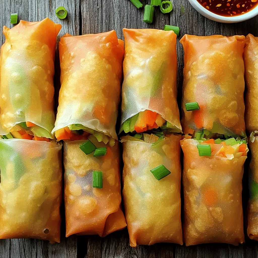- 1 cup cabbage, finely shredded - 1 medium carrot, julienned - 1 bell pepper (any color), julienned - 1 cup fresh bean sprouts - 2 green onions, finely chopped - 1 clove garlic, minced - 1 teaspoon fresh ginger, grated - 1 tablespoon soy sauce - 1 teaspoon sesame oil - Salt and pepper, to taste - 10-12 spring roll wrappers - Vegetable oil, for deep frying To make crispy vegetable spring rolls, you need fresh, vibrant ingredients. Start with your vegetables. Cabbage adds crunch, while carrots and bell peppers bring color. Bean sprouts provide a nice texture, and green onions enhance the flavor. Next, season the veggies with garlic and ginger. These two add a punch of taste. Soy sauce and sesame oil create a savory base. Salt and pepper will balance the flavors. Now, choose your wrappers. Spring roll wrappers are thin and crisp up well when fried. You'll also need vegetable oil for frying. Heat it to the right temperature for the best results. For the full recipe, check out the details above. This simple mix of ingredients gives you a tasty snack that everyone will love! Combine all vegetable ingredients in a bowl. - 1 cup cabbage, finely shredded - 1 medium carrot, julienned - 1 bell pepper (any color), julienned - 1 cup fresh bean sprouts - 2 green onions, finely chopped - 1 clove garlic, minced - 1 teaspoon fresh ginger, grated First, mix the vegetables well. This helps spread the flavors evenly. Next, season with soy sauce, sesame oil, salt, and pepper. Toss all the ingredients together. You want every bite to be tasty. Now, let’s roll these delicious spring rolls. Take one spring roll wrapper and place it on a clean, flat surface. Make sure one corner points toward you. Spoon about 2 tablespoons of the filling onto the wrapper. Position it about 2 inches from the corner closest to you. Start by folding the bottom corner over the filling tightly. Then, fold in the two side corners. Continue rolling it tightly away from you. Use a small amount of water to moisten the top corner of the wrapper. This helps seal the roll. Repeat this process until you finish all the wrappers and filling. Next, heat oil in a large frying pan or deep skillet. You need enough oil to submerge the rolls. Heat the oil to about 350°F (175°C). This temperature is key for crispy spring rolls. Once the oil is hot, carefully add a few spring rolls. Avoid overcrowding the pan. Fry them until golden brown and crispy, about 3-4 minutes per side. Using a slotted spoon, remove the spring rolls from the oil. Place them on a plate lined with paper towels. This helps drain excess oil. Serve the crispy vegetable spring rolls hot. Enjoy them with sweet chili sauce or soy sauce for dipping. Check out the Full Recipe for more details on this delicious treat! Oil temperature is key for crispy spring rolls. Heat your oil to around 350°F (175°C). If the oil is too cool, the rolls will soak up oil and become soggy. If it’s too hot, the outside will burn before the inside cooks. Use a deep skillet or a fryer for even cooking. Fry a few rolls at a time to avoid crowding. This keeps the oil hot and helps achieve that golden brown color we all love. When rolling, don’t overfill the wrappers. About 2 tablespoons of filling works best. This helps the rolls stay tight and prevents spilling. Seal the rolls well. After folding in the sides, moisten the top corner with water to stick. A tight seal keeps the delicious filling inside while frying. Serve your spring rolls with tasty dipping sauces. Sweet chili sauce or soy sauce are great choices. They add flavor and balance the crunch. For presentation, arrange the rolls on a colorful plate. Garnish with fresh cilantro or sesame seeds. This adds a nice touch and makes the dish pop. For the full recipe, check out the details above. Enjoy making these delightful snacks! {{image_4}} You can easily make these spring rolls vegan by swapping out non-vegan items. Use soy sauce instead of fish sauce. Replace any egg wash with water or a plant-based alternative. Here are some more veggies to consider: - Zucchini, finely grated - Mushrooms, chopped - Spinach or kale, chopped These substitutions keep the taste vibrant. You can mix and match to find your favorite combo. For gluten-free spring rolls, look for gluten-free wrappers made from rice or tapioca. They are easy to find in most stores. When frying, watch the heat closely. If the oil is too hot, the rolls burn. If it's too cool, they become soggy. To keep the taste and texture, use fresh veggies and avoid overcooking. Want to try different flavors? You can add cooked chicken, shrimp, or even tofu for protein. Consider fusion-inspired ideas, like adding spicy kimchi or Thai curry paste to your mix. These twists give your spring rolls a fun twist. Don't hesitate to experiment and find your perfect filling. For the full recipe, you can check the main section. To store uncooked spring rolls, place them in a single layer on a plate. Cover them with a damp cloth or plastic wrap. This helps keep them moist. You can store them in the fridge for up to two days. If you leave them too long, the wrappers may dry out or crack. For cooked spring rolls, the goal is to keep them crispy. Let them cool completely on a wire rack. This prevents steam from making them soggy. Store them in an airtight container in the fridge. They can last for up to three days. To reheat, place them in a hot oven at 375°F (190°C) for about 10 minutes. This keeps them crispy. You can freeze both uncooked and cooked spring rolls. For uncooked rolls, layer them between parchment paper in a freezer-safe bag. Make sure to remove as much air as possible. They can last in the freezer for up to three months. To cook from frozen, do not thaw. Simply fry them straight from the freezer. Cook for a few extra minutes until golden brown. For cooked rolls, wrap them tightly in foil before freezing. Thaw them in the fridge overnight before reheating in the oven. Enjoy your crispy vegetable spring rolls anytime! For the full recipe, check my earlier section. To make spring rolls extra crispy, focus on oil temperature. Heat oil to 350°F (175°C) before frying. If the oil is too cool, the rolls will soak up oil and become soggy. Fry in small batches to keep the temperature steady. Cook each batch for 3-4 minutes until golden brown. Yes, you can bake spring rolls for a healthier option. Preheat your oven to 400°F (200°C). Place the rolls on a baking sheet lined with parchment paper. Brush them lightly with oil for a nice crunch. Bake for about 20-25 minutes or until golden brown, flipping halfway through. Here are some great sauces to try: - Sweet chili sauce: Sweet with a hint of spice. - Soy sauce: Salty and umami-rich. - Peanut sauce: Creamy with a nutty flavor. - Hoisin sauce: Sweet and tangy, perfect for dipping. Some trusted brands include: - Wonton Food: Available in many grocery stores. - Dynasty: Often found in Asian markets. - Nasoya: Known for quality vegan options. Look for these brands in the international aisle or online. The spring rolls are done when they turn golden brown. They should be crispy to the touch. If you see bubbles around them in the oil, that’s a good sign they are cooking well. Use a slotted spoon to check and remove them once they reach that perfect color. You can prepare spring rolls using different cooking methods for great results. Each method offers a unique taste and texture. Air Frying Air frying is a healthier choice. It uses hot air to cook the rolls and gives them a nice crunch without deep-frying. To air fry, lightly spray the spring rolls with oil. Preheat your air fryer to 375°F (190°C). Place the spring rolls in a single layer in the basket. Cook for about 12-15 minutes, flipping them halfway through. You will love the crispy results! Pan-Frying Pan-frying is another easy technique. Use a non-stick skillet with a small amount of oil. Heat the oil over medium heat. Place the spring rolls in the pan, ensuring they do not touch. Cook each side for about 3-4 minutes until golden brown. This method adds a nice crunch while using less oil than deep frying. Baking You can also bake spring rolls for a lighter option. Preheat your oven to 400°F (200°C). Arrange the rolls on a baking sheet lined with parchment paper. Brush them lightly with oil. Bake for 20-25 minutes, flipping them halfway through. This method keeps them crispy and delicious without frying. Each technique allows you to enjoy crispy vegetable spring rolls in your own way. Choose your favorite method or try them all for variety! For the full recipe, check out the section above. You now have all the ingredients and steps to make perfect vegetable spring rolls. Remember, fresh veggies and the right oil temperature are key for crispiness. Don’t forget the fun of rolling and filling! Explore variations to suit your taste, whether vegan or meat-based. I hope you feel ready to try this tasty dish. Enjoy creating these spring rolls; they are sure to impress!