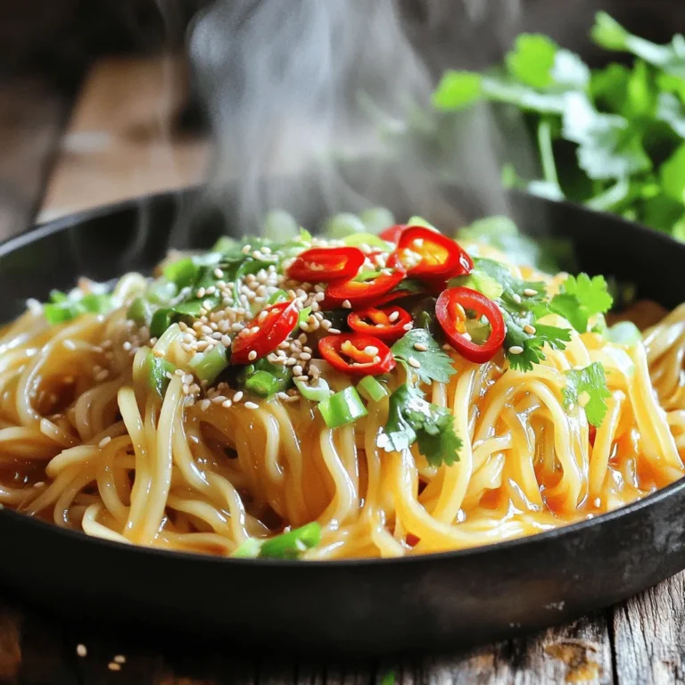 To make Spicy Garlic Noodles, you need a few key ingredients. These will bring out the flavors and make the dish shine. - 8 oz. of your choice of stir-fry noodles (egg or rice noodles recommended) - 4 tablespoons vegetable oil - 6 cloves of garlic, finely minced - 1-2 red chilies, thinly sliced (adjust based on your heat preference) - 2 tablespoons soy sauce (low sodium preferred) - 1 tablespoon sesame oil - 1 tablespoon sriracha sauce (feel free to add more for extra spice!) - 1 teaspoon sugar - 2 green onions, finely chopped - 1 tablespoon freshly chopped cilantro (optional but adds freshness) - Sesame seeds for garnish These ingredients work together to create a bold, spicy flavor that excites your taste buds. The type of noodle you choose can change your dish. I recommend using egg noodles or rice noodles. Egg noodles have a rich taste and a nice chew. Rice noodles are gluten-free and soak up flavors well. Both options work great! Garnishes add a fun touch to your dish. Here are some ideas: - Chopped peanuts for crunch - Extra cilantro for freshness - Lime wedges for a zesty kick - Cooked protein like shrimp or chicken for a heartier meal Feel free to mix and match based on what you like. These additions can elevate your Spicy Garlic Noodles and make them even more enjoyable! For the full preparation details, check out the Full Recipe. To start, you need to cook the noodles. Follow the package instructions carefully. Usually, this means boiling them in water for 4-6 minutes. You want them to be al dente, which means they should still have a slight bite. After cooking, drain the noodles and set them aside. Next, grab a large skillet or wok. Pour in the vegetable oil and heat it over medium heat until it shimmers. This is the signal that your oil is ready. Now, add the minced garlic and sliced red chilies. Sauté them together for about 1-2 minutes. Stir continuously to avoid burning the garlic. If it burns, it’ll taste bitter, and we don’t want that! Once the garlic and chilies are fragrant, it’s time to build flavor. Add the soy sauce, sesame oil, sriracha, and sugar into the skillet. Stir well to blend all the flavors. Let this mixture simmer gently for about one minute. You want the sauce to thicken slightly. After that, carefully add the cooked noodles to the skillet. Use tongs or a spatula to toss the noodles in the sauce, coating them evenly. Stir-fry for another 2-3 minutes until they are heated through. Finally, fold in the chopped green onions. This adds a fresh kick to the dish. Serve your spicy garlic noodles hot, and don’t forget to garnish with sesame seeds and cilantro for extra flair! To get the best noodle texture, cook them just right. Follow the package instructions for timing. Most noodles need about 4-6 minutes of boiling. You want them to be al dente, meaning they should be firm but not hard. Rinse the noodles in cold water after cooking. This stops the cooking process and keeps them from sticking. If you love spice, feel free to add more chilies or sriracha. Start with one chili if you’re unsure. You can always add more heat later. For those who prefer mild flavors, skip the chilies or use less sriracha. Remember, you can balance the heat with a bit of sugar from the recipe. Short on time? Use pre-cooked noodles. They save you about ten minutes of cooking. Another trick is to chop the garlic and green onions ahead of time. Store them in the fridge for quick use. You can also buy jarred minced garlic for an even faster option. For a quick meal, pair these noodles with leftover protein or veggies. Use these tips to make your cooking easier and more fun. Enjoy your time in the kitchen! For the full recipe, check out the details above. {{image_4}} You can easily make Spicy Garlic Noodles vegetarian or vegan. Swap out egg noodles for rice noodles. Use soy sauce and sriracha as your base. They are both plant-based, which makes them great choices. For added protein, try tofu. Firm tofu works best. Just press it first to remove extra moisture. Then, cube it and sauté it until golden. If you want a heartier meal, add protein! Chicken or shrimp pair well with these noodles. Cook them in the skillet before adding the garlic and chilies. For beef lovers, sliced flank steak can add a nice touch. Simply stir-fry it until just cooked, then follow up with the garlic and spices. This way, you create a full meal in one pan! Feel free to swap ingredients based on what's in season. In spring, toss in fresh peas or asparagus. In summer, cherry tomatoes add a pop of color and flavor. Fall brings great options like butternut squash. In winter, cabbage or kale can add crunch and nutrients. These swaps keep your dish fresh and exciting year-round. With these variations, you can enjoy Spicy Garlic Noodles in many ways. For the full recipe, check out the earlier section. To keep your spicy garlic noodles fresh, store them in an airtight container. Let the noodles cool before sealing. Place them in the fridge for up to three days. If you want to keep them longer, consider freezing them instead. When you're ready to enjoy your leftovers, heat them gently. Use a skillet over low heat. Add a splash of water or oil to keep them moist. Stir often to prevent sticking. You can also use a microwave. Heat in short bursts, stirring in between. This method warms them evenly. To freeze spicy garlic noodles, first cool them completely. Place them in a freezer-safe container. You can also use freezer bags; just remove as much air as possible. These noodles can stay fresh for up to three months. When you're ready to eat, thaw them in the fridge overnight before reheating. This keeps the flavors intact. For more details, refer to the Full Recipe. Spicy Garlic Noodles trace their roots to Asian cuisine. Many cultures have a version of garlic noodles. Chinese, Vietnamese, and Thai cooks all use garlic in their dishes. This adds rich flavor and aroma. Over time, these noodles became popular in many regions. They blend simple ingredients with bold tastes. Today, they are a favorite in many homes and restaurants. Yes, you can easily make Spicy Garlic Noodles gluten-free. Just swap regular soy sauce for gluten-free soy sauce. You can also use rice noodles, which are naturally gluten-free. Ensure all other ingredients, like sauces, are gluten-free too. This way, everyone can enjoy this tasty dish. Spicy Garlic Noodles work great with many dishes. They pair well with grilled chicken or shrimp. You can also enjoy them with tofu for a vegetarian meal. Add a side of steamed veggies to make it colorful. A fresh salad can also balance the spice nicely. These pairings create a complete and satisfying meal. For the full recipe, please refer to the earlier section. Spicy Garlic Noodles are easy to make and full of flavor. We covered the key ingredients, types of noodles, and optional toppings. You learned step-by-step how to cook and mix flavors. I shared tips for perfect texture and spice control. We also explored tasty variations and storage methods. Finally, the FAQs provided helpful answers to common questions. Enjoy making this dish in your kitchen, and experiment with your own ideas!