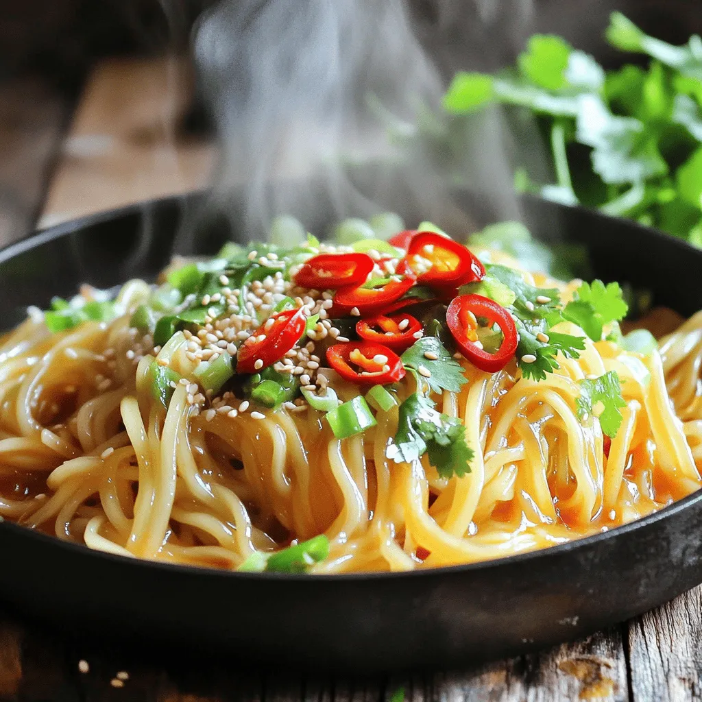 To make Spicy Garlic Noodles, you need a few key ingredients. These will bring out the flavors and make the dish shine. - 8 oz. of your choice of stir-fry noodles (egg or rice noodles recommended) - 4 tablespoons vegetable oil - 6 cloves of garlic, finely minced - 1-2 red chilies, thinly sliced (adjust based on your heat preference) - 2 tablespoons soy sauce (low sodium preferred) - 1 tablespoon sesame oil - 1 tablespoon sriracha sauce (feel free to add more for extra spice!) - 1 teaspoon sugar - 2 green onions, finely chopped - 1 tablespoon freshly chopped cilantro (optional but adds freshness) - Sesame seeds for garnish These ingredients work together to create a bold, spicy flavor that excites your taste buds. The type of noodle you choose can change your dish. I recommend using egg noodles or rice noodles. Egg noodles have a rich taste and a nice chew. Rice noodles are gluten-free and soak up flavors well. Both options work great! Garnishes add a fun touch to your dish. Here are some ideas: - Chopped peanuts for crunch - Extra cilantro for freshness - Lime wedges for a zesty kick - Cooked protein like shrimp or chicken for a heartier meal Feel free to mix and match based on what you like. These additions can elevate your Spicy Garlic Noodles and make them even more enjoyable! For the full preparation details, check out the Full Recipe. To start, you need to cook the noodles. Follow the package instructions carefully. Usually, this means boiling them in water for 4-6 minutes. You want them to be al dente, which means they should still have a slight bite. After cooking, drain the noodles and set them aside. Next, grab a large skillet or wok. Pour in the vegetable oil and heat it over medium heat until it shimmers. This is the signal that your oil is ready. Now, add the minced garlic and sliced red chilies. Sauté them together for about 1-2 minutes. Stir continuously to avoid burning the garlic. If it burns, it’ll taste bitter, and we don’t want that! Once the garlic and chilies are fragrant, it’s time to build flavor. Add the soy sauce, sesame oil, sriracha, and sugar into the skillet. Stir well to blend all the flavors. Let this mixture simmer gently for about one minute. You want the sauce to thicken slightly. After that, carefully add the cooked noodles to the skillet. Use tongs or a spatula to toss the noodles in the sauce, coating them evenly. Stir-fry for another 2-3 minutes until they are heated through. Finally, fold in the chopped green onions. This adds a fresh kick to the dish. Serve your spicy garlic noodles hot, and don’t forget to garnish with sesame seeds and cilantro for extra flair! To get the best noodle texture, cook them just right. Follow the package instructions for timing. Most noodles need about 4-6 minutes of boiling. You want them to be al dente, meaning they should be firm but not hard. Rinse the noodles in cold water after cooking. This stops the cooking process and keeps them from sticking. If you love spice, feel free to add more chilies or sriracha. Start with one chili if you’re unsure. You can always add more heat later. For those who prefer mild flavors, skip the chilies or use less sriracha. Remember, you can balance the heat with a bit of sugar from the recipe. Short on time? Use pre-cooked noodles. They save you about ten minutes of cooking. Another trick is to chop the garlic and green onions ahead of time. Store them in the fridge for quick use. You can also buy jarred minced garlic for an even faster option. For a quick meal, pair these noodles with leftover protein or veggies. Use these tips to make your cooking easier and more fun. Enjoy your time in the kitchen! For the full recipe, check out the details above. {{image_4}} You can easily make Spicy Garlic Noodles vegetarian or vegan. Swap out egg noodles for rice noodles. Use soy sauce and sriracha as your base. They are both plant-based, which makes them great choices. For added protein, try tofu. Firm tofu works best. Just press it first to remove extra moisture. Then, cube it and sauté it until golden. If you want a heartier meal, add protein! Chicken or shrimp pair well with these noodles. Cook them in the skillet before adding the garlic and chilies. For beef lovers, sliced flank steak can add a nice touch. Simply stir-fry it until just cooked, then follow up with the garlic and spices. This way, you create a full meal in one pan! Feel free to swap ingredients based on what's in season. In spring, toss in fresh peas or asparagus. In summer, cherry tomatoes add a pop of color and flavor. Fall brings great options like butternut squash. In winter, cabbage or kale can add crunch and nutrients. These swaps keep your dish fresh and exciting year-round. With these variations, you can enjoy Spicy Garlic Noodles in many ways. For the full recipe, check out the earlier section. To keep your spicy garlic noodles fresh, store them in an airtight container. Let the noodles cool before sealing. Place them in the fridge for up to three days. If you want to keep them longer, consider freezing them instead. When you're ready to enjoy your leftovers, heat them gently. Use a skillet over low heat. Add a splash of water or oil to keep them moist. Stir often to prevent sticking. You can also use a microwave. Heat in short bursts, stirring in between. This method warms them evenly. To freeze spicy garlic noodles, first cool them completely. Place them in a freezer-safe container. You can also use freezer bags; just remove as much air as possible. These noodles can stay fresh for up to three months. When you're ready to eat, thaw them in the fridge overnight before reheating. This keeps the flavors intact. For more details, refer to the Full Recipe. Spicy Garlic Noodles trace their roots to Asian cuisine. Many cultures have a version of garlic noodles. Chinese, Vietnamese, and Thai cooks all use garlic in their dishes. This adds rich flavor and aroma. Over time, these noodles became popular in many regions. They blend simple ingredients with bold tastes. Today, they are a favorite in many homes and restaurants. Yes, you can easily make Spicy Garlic Noodles gluten-free. Just swap regular soy sauce for gluten-free soy sauce. You can also use rice noodles, which are naturally gluten-free. Ensure all other ingredients, like sauces, are gluten-free too. This way, everyone can enjoy this tasty dish. Spicy Garlic Noodles work great with many dishes. They pair well with grilled chicken or shrimp. You can also enjoy them with tofu for a vegetarian meal. Add a side of steamed veggies to make it colorful. A fresh salad can also balance the spice nicely. These pairings create a complete and satisfying meal. For the full recipe, please refer to the earlier section. Spicy Garlic Noodles are easy to make and full of flavor. We covered the key ingredients, types of noodles, and optional toppings. You learned step-by-step how to cook and mix flavors. I shared tips for perfect texture and spice control. We also explored tasty variations and storage methods. Finally, the FAQs provided helpful answers to common questions. Enjoy making this dish in your kitchen, and experiment with your own ideas!