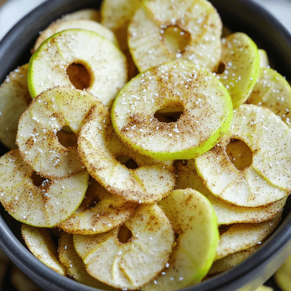 To make homemade cinnamon apple chips, gather these simple ingredients: - 3 medium-sized apples (preferably Fuji or Honeycrisp for sweetness) - 2 teaspoons ground cinnamon - 1 tablespoon coconut sugar (or brown sugar for a slight caramel flavor) - 1 teaspoon fresh lemon juice (for brightness and to prevent browning) - Pinch of sea salt (to enhance flavors) Choosing the right apple is key to great apple chips. I recommend these varieties: - Fuji: Sweet and crisp with a juicy bite. - Honeycrisp: Perfectly sweet and very crunchy. - Granny Smith: Tart and adds a nice contrast to the sweetness. These apples will create a delightful flavor and texture in your chips. If you want to change the sweetness, here are some options: - Maple syrup: A natural sweetener that adds depth. - Agave nectar: A smooth, mild sweetener for a lighter taste. - Honey: A classic choice that offers rich flavor. Feel free to adjust the sweetener to match your taste! For the full recipe, check out the instructions to create these tasty snacks. To start, set your oven to 200°F (95°C). A low temperature helps the apples dry out without burning. Line two baking sheets with parchment paper. This step prevents the apple slices from sticking and makes cleanup easy. Next, wash and dry three medium-sized apples. I recommend using Fuji or Honeycrisp for their sweetness. Core each apple and slice them into thin rings, about 1/8 inch thick. A mandoline slicer works great for even slices, but a sharp knife will do too. Uniform slices bake better and turn crispier. In a large mixing bowl, add the apple slices. Drizzle one teaspoon of fresh lemon juice over them. Toss the slices gently to coat. This keeps the apples bright and adds a nice zing. In a small bowl, mix together two teaspoons of ground cinnamon, one tablespoon of coconut sugar, and a pinch of sea salt. Sprinkle this mixture evenly over the apple slices. Toss again to coat every slice in the sweet and spicy blend. Now, spread the apple slices in a single layer on the baking sheets. Avoid overlapping. This helps them bake evenly. Follow these steps, and your homemade cinnamon apple chips will be a crunchy and sweet snack. For the full recipe, check out the detailed instructions above. To get your apple chips nice and crispy, thin slices are key. Aim for about 1/8 inch. A mandoline slicer can help. It keeps all your slices even. Even baking means better crunch. Also, baking at a low heat is essential. This slow cooking removes moisture without burning the apples. Keep an eye on them as they bake. Flipping your apple slices halfway through baking helps them crisp evenly. Use a spatula to turn them gently. This way, both sides get the same heat. You want a nice golden color on both sides. If you skip this step, some chips may end up soft or chewy. One big mistake is overlapping the apple slices. When they overlap, they won’t bake evenly. Make sure to space them out on the baking sheet. Another common error is not drying the apples well. Moisture can lead to soggy chips. Always dry them fully before seasoning. Lastly, don’t rush the baking process. Low and slow is the way to go for perfect chips. Try these tips for a great snack! For the full recipe, check out the instructions above. {{image_4}} You can mix in other spices for a new twist. Try adding a bit of nutmeg for warmth. Ginger adds a spicy kick that pairs well with apples. Just add about 1/4 teaspoon of either spice to your cinnamon-sugar mix. This can make your apple chips even more exciting. Not everyone likes the same level of sweetness. If you prefer less sugar, cut the coconut sugar in half. You can also use a natural sweetener like stevia or monk fruit. Start with a small amount and adjust to your taste. Balance is key here, so taste as you go! Apple chips are great, but you can use other fruits too. Pears work well and have a soft, sweet flavor. Bananas can be sliced thin and dried for a chewy snack. Try peaches or mangoes for a tropical touch. Just remember to slice them evenly for the best results. Each fruit offers a unique taste and texture, making your snack time even more fun. To keep your apple chips fresh, store them in an airtight container. This will prevent moisture from softening them. A glass jar or a plastic container works well. If you have a vacuum sealer, this is even better. The less air in the container, the crisper your chips will stay. Homemade apple chips can last for about a week at room temperature. If you want them to last longer, you can refrigerate them. Just remember to let them cool completely before sealing them. Moisture can build up if they're still warm, leading to sogginess. Keep an eye on them. If they start to lose their crunch, it's time to re-crisp them. If your apple chips become soft, don’t worry! You can easily bring back their crunch. Preheat your oven to 200°F (95°C) and spread the chips out on a baking sheet. Bake them for about 10 to 15 minutes. Check them frequently to avoid burning. Once they cool, they should be crispy again! To make your cinnamon apple chips crispy, slice the apples thinly. Aim for 1/8 inch thick slices. Thinner slices will bake better and become crunchier. Bake at a low temperature, around 200°F (95°C), for about two hours. Flip the slices halfway through for even cooking. Keep an eye on them to avoid burning. Proper storage in an airtight container also helps maintain their crispiness. Yes, you can use a dehydrator for this recipe. A dehydrator can give you great results. Set it to 135°F (57°C) and dry the apple slices for 6 to 8 hours. Make sure to arrange the slices in a single layer. This method often results in a more even drying process. You will still want to check the chips for doneness. The best apples for apple chips are Fuji and Honeycrisp. These apples are sweet and crisp, making them perfect for snacks. Other good choices include Gala and Granny Smith for a tart flavor. Each type adds its own unique taste. Feel free to mix different varieties for added flavor depth. Homemade apple chips can last up to a week. Store them in an airtight container at room temperature. Keep them away from heat and moisture to maintain freshness. If they lose some crunch, you can re-crisp them in the oven for a few minutes. Enjoy your chips as a healthy snack any time! Making apple chips is easy and fun. We covered the best ingredients and steps needed to create crispy apple chips. You learned about the perfect apple varieties, how to slice them, and how to store your chips. Remember, perfecting your apple chips takes time and patience. Experiment with flavors and sweetness to make them your own. With these tips, you'll impress everyone with your tasty homemade snacks. Enjoy your cooking and happy snacking!
