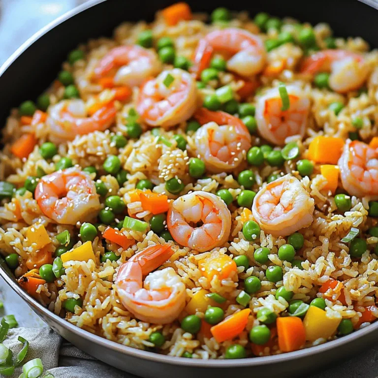 - 1 cup uncooked jasmine rice - 1 pound shrimp, peeled and deveined - 2 tablespoons vegetable oil - 3 tablespoons soy sauce - 1 tablespoon sesame oil - Salt and pepper, to taste - 1 cup mixed vegetables - 2 cloves garlic, minced - Fresh green onions, for garnish When I make Easy Shrimp Fried Rice, I always start with the main ingredients. The jasmine rice gives a lovely aroma and texture. For the shrimp, I prefer fresh, peeled, and deveined ones. They cook quickly and taste great. Seasonings are key to this dish. Soy sauce adds umami, while sesame oil gives a nutty flavor. Always remember to season with salt and pepper to bring out the taste. I love adding optional ingredients for extra flavor and color. Mixed veggies like peas and carrots add a nice crunch. Minced garlic gives it a punch, and fresh green onions on top make it look beautiful. For the full recipe, check out the details. Enjoy cooking! - First, rinse 1 cup of jasmine rice under cold water. Use your hands to stir the rice as you rinse. This helps remove excess starch. Keep rinsing until the water runs clear. Drain the rice well. - Next, take a medium saucepan. Add the rinsed rice along with 2 cups of water or low-sodium chicken broth. Bring it to a boil over high heat. Once it boils, lower the heat. Cover the pot with a lid and let it simmer for 15 minutes. The rice will absorb the liquid and become tender. When done, fluff the rice with a fork and set it aside to cool. - Now, heat 2 tablespoons of vegetable oil in a large skillet or wok over medium-high heat. Add 2 cloves of minced garlic and 1 small finely chopped onion. Sauté them for 2-3 minutes. The garlic should smell nice, and the onion will turn clear. - Then, add 1 pound of peeled and deveined shrimp to the skillet. Spread them out evenly. Cook for 2-3 minutes, until the shrimp turn pink and opaque. Once cooked, take them out and set them aside on a plate. - In the same skillet, toss in 1 cup of mixed vegetables. Stir-fry them for 2-3 minutes. They should soften but stay colorful. - Next, push the cooked vegetables to one side of the skillet. Pour in 2 large lightly beaten eggs on the other side. Scramble them until fully cooked and a bit golden. - Now, add the cooled jasmine rice to the skillet. Mix it in with the scrambled eggs and vegetables. Gently fold in the cooked shrimp, ensuring everything combines well. - Drizzle 3 tablespoons of soy sauce and 1 tablespoon of sesame oil over the rice mixture. Stir everything well. Season with salt and freshly ground black pepper to taste. Cook for another 2-3 minutes to let the flavors mix. - Finally, take the skillet off the heat. Garnish with sliced green onions for a fresh touch before serving. This is how you create a delicious shrimp fried rice. For the full recipe, check the section above! - Rinse rice for fluffiness: Rinsing jasmine rice helps remove excess starch. This keeps the rice from becoming sticky. Rinse it until the water runs clear. - Avoid overcooking shrimp: Cook shrimp until they turn pink and opaque. Overcooked shrimp can become rubbery. Remove them from heat as soon as they are done. - Use low-sodium soy sauce: This allows you to control salt levels. It makes your fried rice taste good without too much sodium. - Add extra vegetables for nutrition: Toss in broccoli, peas, or bell peppers. This boosts fiber and vitamins, making your meal healthier. - Recommended garnishes: Fresh green onions add color and taste. You can also sprinkle sesame seeds for a fun crunch. - Pairing options for a complete meal: Serve with a side of steamed veggies or a light salad. This makes your meal balanced and tasty. If you want to dive deeper into the recipe, check out the Full Recipe. {{image_4}} You can easily switch out shrimp in this dish. Try using chicken or tofu instead. Both options work great. For chicken, use bite-sized pieces and cook until golden. For tofu, press it to remove water and then cube it. Sauté until crispy. These changes keep the meal tasty and fun! If you want a vegetarian dish, just leave out the shrimp. Increase the number of vegetables instead. You can add more peas, carrots, bell peppers, or even broccoli. This makes the dish colorful and healthy. Plus, you still get a yummy meal that fills you up! Want to make your fried rice pop with flavor? Add spices like chili or ginger. These spices add heat and depth. You can also mix in some citrus zest, like lemon or lime. This adds a fresh, bright taste that enhances the dish. These little changes make a big difference! Check out the Full Recipe for more ideas. To store shrimp fried rice, let it cool first. Place it in an airtight container. This keeps the rice fresh and prevents it from drying out. You can refrigerate it for up to three days. When you want to eat it, check for any off smells or changes in texture. If you want to freeze shrimp fried rice, portion it into small containers. Make sure to leave some space at the top for expansion. This dish can last in the freezer for about one month. When ready to eat, thaw it in the fridge overnight for best results. For reheating, the stovetop is ideal. Add a splash of water or broth to keep it moist. Heat over medium heat, stirring often. You can also use the microwave. Heat in 30-second intervals, stirring in between. This way, your shrimp fried rice will taste fresh and full of flavor. For more cooking tips, you can check the [Full Recipe]. To boost flavor, use fresh ingredients. Fresh garlic, ginger, and green onions add depth. Try adding a splash of fish sauce for umami. A sprinkle of lime juice brightens the dish. For heat, add chili flakes or sriracha. Lastly, use low-sodium soy sauce to control saltiness. These tips help create a tasty, vibrant meal. Yes, you can prepare shrimp fried rice ahead of time. Cook the rice and shrimp, then store them separately. Keep everything in airtight containers in your fridge. When ready to eat, combine and reheat in a skillet. Add a splash of water or broth to keep it moist. This method ensures your dish stays fresh and delicious. You can use many veggies to add color and crunch. Consider bell peppers, broccoli, or snap peas. Zucchini and mushrooms also work well. Toss in some corn for sweetness or spinach for extra greens. Feel free to mix and match based on your taste. This allows for fun, creative variations. Yes, shrimp fried rice can be gluten-free. Use tamari instead of soy sauce. Check labels on other sauces to ensure they are gluten-free. Most vegetables are naturally gluten-free too. By choosing the right ingredients, you can enjoy this dish without worry. It makes for a tasty option for everyone! You learned how to make shrimp fried rice from scratch. We covered the key ingredients, step-by-step cooking instructions, and helpful tips. You can easily customize this dish with different proteins and veggies. Remember to store leftovers properly for future meals. Enjoying this dish should be fun and easy. With these steps, you can impress your family and friends. Happy cooking!