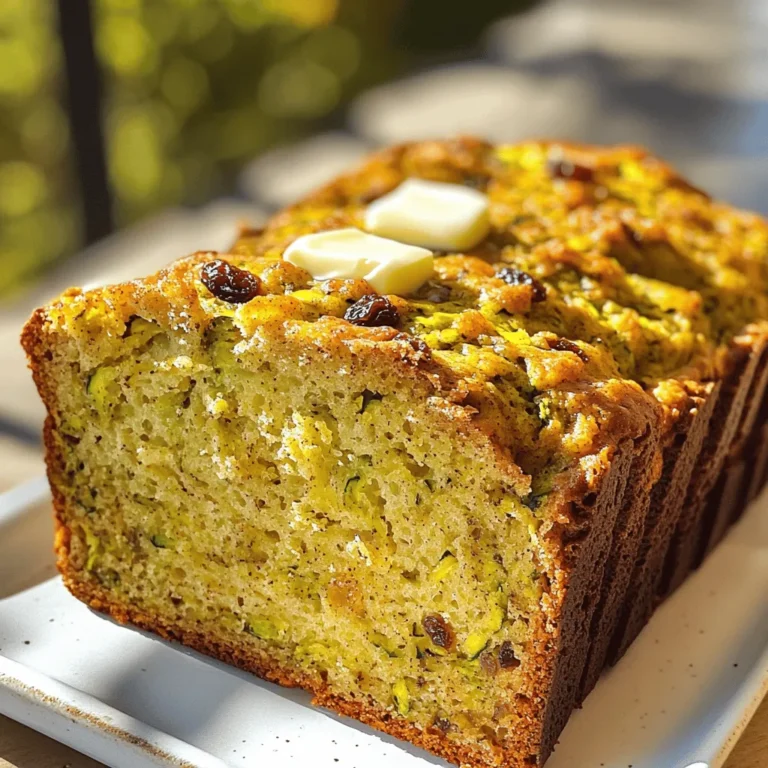 To make delicious zucchini raisin bread, gather these key items: - 2 cups finely grated zucchini (about 2 medium zucchinis) - 1 cup granulated sugar - 1/2 cup packed light brown sugar - 1/2 cup vegetable oil (or melted coconut oil for added flavor) - 3 large eggs, at room temperature - 2 teaspoons pure vanilla extract Next, let's look at the dry ingredients: - 2 cups all-purpose flour - 1 teaspoon baking soda - 1/2 teaspoon baking powder - 1 teaspoon ground cinnamon - 1/2 teaspoon ground nutmeg - 1/4 teaspoon fine sea salt For some extra texture and flavor, you can add: - 1 cup raisins (or substitute with dried cranberries for a twist) - 1/2 cup chopped walnuts or pecans (optional, for added crunch) These ingredients come together to create a moist and flavorful bread. The zucchini adds moisture, while the sugars provide sweetness. The spices give warmth and depth. You can choose nuts or dried fruits based on your taste. This recipe is versatile and fun to make. Don't forget to check the Full Recipe for step-by-step instructions! 1. Preheat your oven to 350°F (175°C). This step is key for even baking. 2. Prepare the loaf pan by greasing and flouring it. You can also line it with parchment paper for easy removal. 3. Combine wet ingredients. In a large mixing bowl, add the grated zucchini, granulated sugar, brown sugar, vegetable oil, eggs, and vanilla extract. Whisk until smooth. 4. Mix dry ingredients in a separate bowl. Combine the flour, baking soda, baking powder, ground cinnamon, ground nutmeg, and sea salt. Whisk these together to blend evenly. 1. Gradually add dry to wet ingredients. Slowly stir the dry mix into the wet mixture. Use a spatula and fold gently until just combined. 2. Tips on mixing: Avoid overworking the batter. A few lumps are fine. This keeps the bread light and fluffy. 1. Pour and smooth the batter into the prepared loaf pan. Use a spatula to ensure the top is even. 2. Baking time is important. Bake for 50 to 60 minutes. Check for doneness by inserting a toothpick in the center. It should come out clean or with a few moist crumbs. To make the best zucchini raisin bread, use fresh ingredients. Fresh zucchinis give your bread a great taste and moisture. Always check for firmness and bright color when choosing zucchinis. Egg temperature matters too. Using eggs at room temperature helps them mix better. This creates a smoother batter. For best results, take your eggs out of the fridge 30 minutes before you bake. Zucchini has a lot of water, so you need to drain it well. Grate the zucchini, then squeeze it in a clean towel to remove excess moisture. This ensures your bread isn’t soggy. The right moisture level keeps the bread soft and fluffy. Zucchini raisin bread is great on its own, but you can add toppings for more flavor. Spread a thin layer of butter or cream cheese on warm slices. A sprinkle of cinnamon on top adds a nice touch. Pair your bread with fresh sides like fruit or yogurt. This makes a lovely breakfast or snack. For gatherings, slice the bread into thick pieces and arrange them on a beautiful platter. To elevate the presentation, garnish with fresh zucchini slices or a dusting of powdered sugar. This adds color and makes your dish pop at any event. For a fun twist, serve with a side of honey for dipping. {{image_4}} You can change the flavors in your zucchini raisin bread easily. If you do not like raisins, try dried cranberries. They add a nice tartness. You can also use chopped dates or even chocolate chips for a sweet twist. For nuts, walnuts are popular, but pecans work well too. You can skip nuts if you prefer a nut-free option. To spice things up, think about adding different spices. Try ginger or allspice for a warm flavor. A little lemon zest can brighten up the taste. Even a dash of cocoa powder can give it a rich flavor. If you need a gluten-free option, use almond flour or a gluten-free blend. Make sure to check that all your other ingredients are also gluten-free. For a vegan version, swap the eggs for flaxseed meal. Mix one tablespoon of flaxseed with three tablespoons of water. Let it sit for a few minutes to thicken. For dairy, you can use almond milk or coconut yogurt instead of regular yogurt. These simple tweaks will help you make zucchini raisin bread fit your taste and dietary needs. For a full recipe, check out the original instructions above. To keep your zucchini raisin bread fresh, let it cool completely. This step is key. If you wrap it too soon, steam builds up, making the bread soggy. Once cool, wrap the bread tightly in plastic wrap or foil. You can also place it in an airtight container. You can store it at room temperature for about three days. If you live in a hot, humid area, the fridge is better. In the fridge, it stays good for up to a week. Just remember, the cold can make it a bit dry. So, eat it quickly! Freezing works well if you want to save some for later. Slice the bread before freezing. Wrap each slice tightly in plastic wrap, then place them in a freezer bag. This method keeps out air and moisture. When you want to enjoy it again, remove a slice from the freezer. Let it thaw at room temperature or pop it in the microwave for a few seconds. If you reheat in the oven, wrap it in foil to avoid drying out. Zucchini raisin bread lasts three months in the freezer. For the best taste, eat it within two months. Enjoy every bite of this delicious bread! How to tell if my zucchini is fresh for baking? Look for zucchini that is firm and has shiny skin. A fresh zucchini should feel heavy for its size. It should not have any soft spots or wrinkles. These signs show that the zucchini is ripe and ready for baking. Can I make zucchini raisin bread without eggs? Yes, you can make zucchini raisin bread without eggs. For each egg, you can use 1/4 cup of unsweetened applesauce. You can also use flaxseed meal mixed with water. Mix one tablespoon of flaxseed meal with three tablespoons of water and let it sit for a few minutes. What other recipes can I use zucchini in besides bread? You can use zucchini in many recipes. Try making zucchini muffins, stir-fries, or zucchini fritters. You can also add zucchini to soups, salads, or even pasta dishes. The options are endless! What to do if my bread is too dense? If your bread is too dense, it may be due to overmixing the batter. Next time, mix just until the ingredients blend. Also, check your baking powder and baking soda for freshness. If they are old, they may not work as well. How long can I store baked zucchini raisin bread? You can store baked zucchini raisin bread for about 3 to 5 days at room temperature. Keep it in an airtight container. If you want to keep it longer, freeze it for up to three months. Just wrap it well to avoid freezer burn. This blog post covered all the essential steps to make delicious zucchini raisin bread. We discussed ingredients, from zucchinis to spices, and how to mix them correctly. I shared tips for baking, serving, and even variations to try. Lastly, I included the best ways to store your bread. Remember, with fresh ingredients and care, you can create a treat that everyone loves. Happy baking, and enjoy your tasty creation!