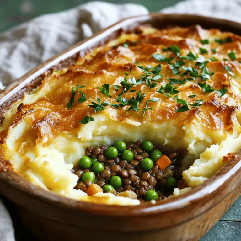 To make a delicious Vegan Lentil Shepherd's Pie, you will need: - 1 cup green or brown lentils, thoroughly rinsed - 3 cups vegetable broth - 1 medium onion, finely diced - 2 cloves garlic, minced - 2 medium carrots, diced into small cubes - 2 celery stalks, finely diced - 1 cup peas (fresh or frozen) - 2 tablespoons tomato paste - 1 tablespoon soy sauce or tamari - 1 teaspoon dried thyme - 1 teaspoon dried rosemary - Salt and freshly cracked pepper to taste - 4 large potatoes, peeled and chopped into chunks - 1/4 cup unsweetened plant-based milk (such as almond or soy) - 2 tablespoons vegan butter or olive oil You can enhance your shepherd's pie with these optional ingredients: - 1 teaspoon smoked paprika for a hint of smokiness - 1 tablespoon nutritional yeast for a cheesy flavor - 1 cup mushrooms, diced, for a hearty texture - A splash of red wine for depth of flavor This recipe serves 4-6 and is a healthy choice. Each serving has: - Approximately 300 calories - 14 grams of protein - 10 grams of fiber - Low in saturated fat - Rich in vitamins A and C from the veggies When you make this Vegan Lentil Shepherd’s Pie, you enjoy a meal that is tasty, filling, and good for you. For the complete cooking details, check out the Full Recipe. To cook the lentils, start by rinsing 1 cup of green or brown lentils. Next, place them in a medium pot with 3 cups of vegetable broth. Bring this mix to a boil, then reduce the heat. Let it simmer for 20-25 minutes. You want the lentils to be tender but not mushy. Drain any leftover liquid and put the lentils aside. In a large skillet, heat a drizzle of olive oil over medium heat. Add 1 diced onion and sauté for about 5 minutes until soft. Then, include 2 minced garlic cloves, 2 diced carrots, and 2 diced celery stalks. Cook this mix for another 5-7 minutes until all the veggies are tender. Now, stir in the cooked lentils, 1 cup of peas, 2 tablespoons of tomato paste, and 1 tablespoon of soy sauce. Add 1 teaspoon of dried thyme, 1 teaspoon of dried rosemary, and some salt and pepper. Let this simmer for about 5 minutes. While the lentil mix simmers, you can prepare the potatoes. Bring a large pot of salted water to a boil. Add 4 large, peeled, and chopped potatoes. Cook them until fork-tender, about 15-20 minutes. Drain the potatoes and return them to the pot. Mash them using a potato masher. Mix in 1/4 cup of plant-based milk and 2 tablespoons of vegan butter. Keep mashing until smooth and creamy. Adjust the seasoning with salt and pepper. Preheat your oven to 375°F (190°C). Grease a baking dish and spoon the lentil mixture into the bottom. Spread the creamy mashed potatoes over the top. Use a fork to create peaks for texture. Bake the pie for 25-30 minutes until the top is golden and crispy. This dish is now ready to enjoy! For the full recipe, check out the detailed instructions above. To make creamy mashed potatoes, start with hot potatoes. Use a potato masher or ricer for the best texture. Gradually add unsweetened plant-based milk and vegan butter for creaminess. Mix until smooth, but avoid over-mixing. A pinch of salt enhances the flavor. Use fresh ingredients for depth. Start by sautéing onions until soft. Add garlic, carrots, and celery for sweetness. Cook them until tender. Incorporate the lentils with herbs like thyme and rosemary. This step brings out the flavors. Don't forget to season with salt and pepper. Let it simmer briefly to blend all the tastes. Serve your Vegan Lentil Shepherd’s Pie hot. Pair it with a crisp green salad for balance. You can also add crusty bread for a hearty touch. For extra flair, sprinkle fresh parsley on top before serving. This adds color and freshness to your meal. Explore different side dishes like roasted vegetables or quinoa for variety. Enjoy your delightful and wholesome dinner! For the full recipe, check the [Full Recipe]. {{image_4}} You can make this lentil shepherd's pie gluten-free. Simply replace soy sauce with coconut aminos. This swap keeps the flavor but avoids gluten. Always check labels to ensure all ingredients are gluten-free. If you're avoiding lentils, try chickpeas or black beans as protein sources. For a nut-free version, skip the plant-based milk and use vegetable broth for mashing. You can also use cauliflower instead of potatoes for a low-carb twist. Incorporate seasonal vegetables to boost flavor and nutrition. Fresh spinach or zucchini works great in the filling. Mushrooms add a nice umami taste, too. Don't be afraid to mix it up based on what's in season. This keeps your dish fresh and exciting. For the full recipe, refer to the beginning of this article. To store your Vegan Lentil Shepherd's Pie, let it cool first. Once cooled, cover it tightly with plastic wrap or foil. You can also use an airtight container. Store it in the fridge for up to four days. This keeps the flavors intact and helps maintain the pie's texture. If you want to save some pie for later, freezing is a great option. Cut the pie into individual portions. Wrap each piece in plastic wrap and then in foil. This prevents freezer burn. Place the wrapped pieces in a freezer bag. You can freeze them for up to three months. When you are ready to enjoy, just thaw it in the fridge overnight. To reheat your shepherd's pie, use the oven for the best results. Preheat your oven to 350°F (175°C). Remove the pie from the fridge or freezer and unwrap it. Place it in a baking dish. Cover the dish with foil to keep it moist. Heat it for about 25-30 minutes if cold. If it’s frozen, it might take up to 45 minutes. Remove the foil for the last 5-10 minutes to crisp the top. Enjoy your delicious meal just like it was fresh! Yes, you can use canned lentils. Just drain and rinse them first. They cook faster. This saves time. For this recipe, use about 1.5 cups of canned lentils. You can serve it with a fresh salad or steamed vegetables. A side of crusty bread also works well. The pie is hearty, so keep sides light. It lasts for 3 to 5 days in the fridge. Store it in an airtight container. Reheat it in the oven or microwave. Yes, you can prepare it a day in advance. Assemble the pie, then cover it and chill. Bake it just before serving for the best taste. Check out the Full Recipe for more details! This blog post covered how to make a tasty vegan lentil shepherd's pie. We explored essential and optional ingredients, plus nutritional info. I provided clear, step-by-step cooking methods. You learned tips for creamy mashed potatoes and flavorful lentils. We noted variations for different diets and the best ways to store leftovers. In closing, I hope you enjoy making this dish! It’s a great meal for everyone.