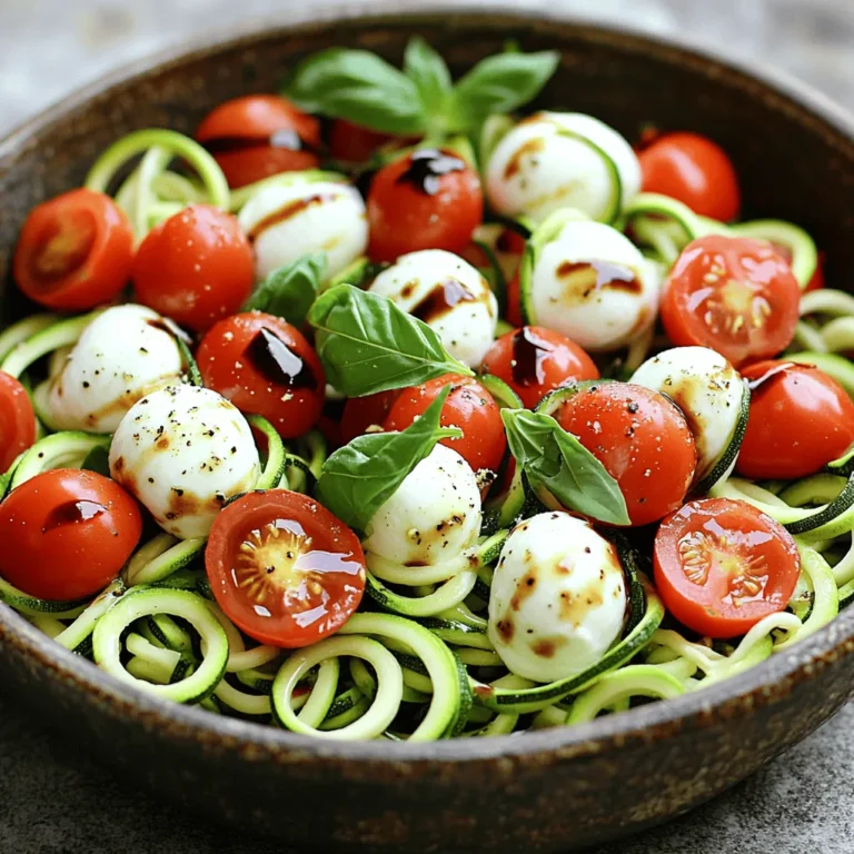 - 2 medium zucchinis - 1 cup cherry tomatoes - 1 cup fresh mozzarella balls - 1/4 cup fresh basil leaves - 2 tablespoons balsamic vinegar - 1 tablespoon extra virgin olive oil - Sea salt and freshly cracked black pepper - 1 tablespoon basil pesto (optional) When making Zucchini Noodle Caprese Salad, you want the freshest ingredients. Start with the zucchinis. I like using medium-sized ones, as they spiralize well. Spiralizing turns them into fun noodles. Next, grab a cup of cherry tomatoes. Halve them to release their juicy flavor. Fresh mozzarella balls add creamy texture. Halve these too for easy bites. You can't forget the fresh basil! I suggest tearing the leaves for a fragrant touch. Now, for the dressing, grab balsamic vinegar and extra virgin olive oil. These will bring brightness to your salad. Don't skip on sea salt and cracked black pepper. They enhance the flavors. If you're feeling adventurous, add basil pesto for an extra kick. For the full recipe, check out the details in the complete guide. Enjoy the fresh taste and vibrant colors of this simple dish! To start, you need to spiralize the zucchinis. Use a spiralizer or a vegetable peeler. Aim for long, noodle-like strands. This will give your salad a fun texture. After spiralizing, transfer the noodles to a large mixing bowl. Make sure they are separate from the other ingredients. Next, it's time to add the other ingredients. Toss in the halved cherry tomatoes and fresh mozzarella balls. Be careful not to crush the mozzarella. It adds creaminess to the salad. Now, take the fresh basil leaves. Tear them by hand and scatter them over the salad. This adds a bright aroma. In a small bowl, whisk together balsamic vinegar and extra virgin olive oil. Add a pinch of sea salt and freshly cracked black pepper. Whisk until the mixture is smooth. This vinaigrette will bring all the flavors together. Now it’s time to combine everything. Drizzle the vinaigrette over the salad. Use tongs to gently mix the ingredients. Aim to coat every strand of zucchini without breaking them. If you want extra flavor, you can add basil pesto on top before serving. Enjoy your salad right away for the best taste. For a deeper flavor, let it sit for 10-15 minutes. You can find the Full Recipe above for detailed instructions. To make great zucchini noodles, use a good spiralizer. A handheld spiralizer works well, but a countertop version is even better. This tool gives you long, even noodles. After spiralizing, place the noodles in a colander. This helps drain excess water. Zucchini holds a lot of moisture, so this step is key. If your noodles are too wet, they can make your salad soggy. Adjusting seasoning is easy. Start with sea salt and black pepper. Taste the salad as you mix. If you want more flavor, add a bit more salt or pepper. Fresh herbs bring your salad to life. I love using torn basil leaves. They add a lovely aroma and taste. You can also try parsley or mint for a twist. Serve your salad in wide, shallow bowls. This makes it look beautiful and inviting. For a gourmet touch, drizzle balsamic reduction on top. It adds a nice shine and flavor. Finally, garnish with extra torn basil. This not only looks good but adds freshness too. Enjoy your meal that is as pretty as it is tasty. For the full recipe, be sure to follow my detailed steps! {{image_4}} You can easily swap out the zucchini for other vegetables. Carrots, cucumber, or even sweet potatoes can add crunch and color. Each veggie brings its own taste and texture. If you want to change the cheese, try feta or goat cheese. These options add a tangy twist to your salad. You can explore different vinaigrettes to change the flavor. A lemon vinaigrette can give a bright, fresh taste. You can also try a garlic-infused dressing. This adds depth and makes each bite exciting. Don't be afraid to mix and match! Pair this salad with proteins to make it a full meal. Grilled chicken or shrimp works well. You can also enjoy it as a side dish with steak or fish. Add some crusty bread, and you have a lovely dinner. Enjoy it at a picnic or a barbecue for a fun twist! To keep your Zucchini Noodle Caprese Salad fresh, store it in an airtight container. This helps keep moisture out. If possible, separate the dressing from the salad. This keeps the zucchini from getting soggy. You can mix it just before serving. For the best taste, use the salad within two days. If you plan to enjoy leftovers, consider adding fresh basil and mozzarella right before eating. This keeps the flavors bright and vibrant. In the fridge, this salad lasts about two days. After that, the zucchini may lose its crunch. Check for any off smells or slimy textures. These are signs that the salad has gone bad. If you notice them, it’s time to toss it out. Enjoy your fresh salad while it’s at its best! For the full recipe, click here: [Full Recipe]. Yes, you can prepare parts of the salad ahead of time. Spiralize the zucchinis and store them in an airtight container. Keep them in the fridge. You can also chop the tomatoes and mozzarella and store them separately. Assemble the salad just before serving. This keeps the flavors fresh and bright. Zucchini noodles are very healthy. They are low in calories and high in water content. This makes them great for hydration. Zucchini is full of vitamins A and C, which boost your immune system. They are also a good source of fiber, which promotes good digestion. If you don’t like mozzarella, try using feta cheese or goat cheese. Both options add a nice tangy flavor. You can also use avocado for creaminess if you want a dairy-free choice. Each option adds its own twist to the salad. Yes, you can use many herbs instead of basil. Fresh parsley, cilantro, or mint can add unique flavors. Oregano is another great option. Feel free to mix and match to create your own version. This keeps the salad exciting and fresh. To avoid soggy noodles, salt the zucchini first. Let them sit for about 10 minutes. This draws out excess moisture. After that, pat them dry with a paper towel. This helps keep your salad crisp and enjoyable. This salad combines fresh zucchini noodles, tomatoes, and mozzarella for a tasty dish. You learned how to prepare the ingredients, mix flavors, and present it beautifully. Customizing the salad with unique flavors or proteins can make it your own. Always store leftovers properly to keep them fresh. With these tips, you can enjoy a delicious and healthy meal anytime. Embrace creativity and have fun in the kitchen!