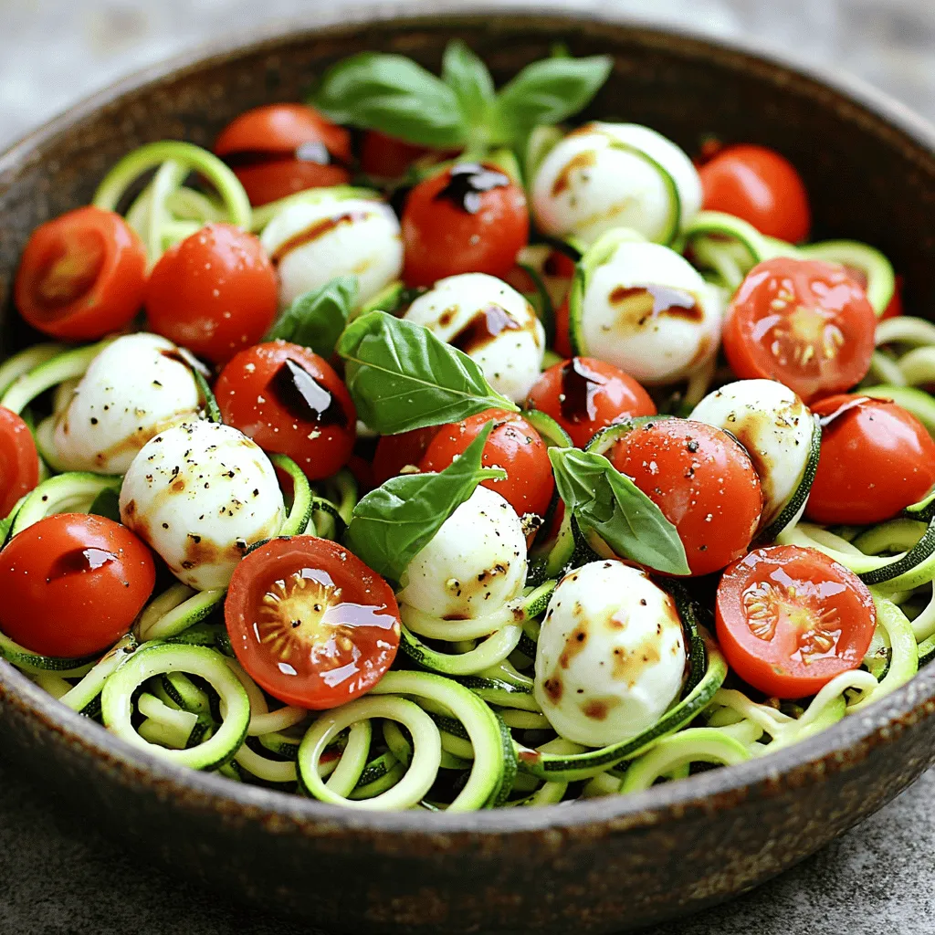 - 2 medium zucchinis - 1 cup cherry tomatoes - 1 cup fresh mozzarella balls - 1/4 cup fresh basil leaves - 2 tablespoons balsamic vinegar - 1 tablespoon extra virgin olive oil - Sea salt and freshly cracked black pepper - 1 tablespoon basil pesto (optional) When making Zucchini Noodle Caprese Salad, you want the freshest ingredients. Start with the zucchinis. I like using medium-sized ones, as they spiralize well. Spiralizing turns them into fun noodles. Next, grab a cup of cherry tomatoes. Halve them to release their juicy flavor. Fresh mozzarella balls add creamy texture. Halve these too for easy bites. You can't forget the fresh basil! I suggest tearing the leaves for a fragrant touch. Now, for the dressing, grab balsamic vinegar and extra virgin olive oil. These will bring brightness to your salad. Don't skip on sea salt and cracked black pepper. They enhance the flavors. If you're feeling adventurous, add basil pesto for an extra kick. For the full recipe, check out the details in the complete guide. Enjoy the fresh taste and vibrant colors of this simple dish! To start, you need to spiralize the zucchinis. Use a spiralizer or a vegetable peeler. Aim for long, noodle-like strands. This will give your salad a fun texture. After spiralizing, transfer the noodles to a large mixing bowl. Make sure they are separate from the other ingredients. Next, it's time to add the other ingredients. Toss in the halved cherry tomatoes and fresh mozzarella balls. Be careful not to crush the mozzarella. It adds creaminess to the salad. Now, take the fresh basil leaves. Tear them by hand and scatter them over the salad. This adds a bright aroma. In a small bowl, whisk together balsamic vinegar and extra virgin olive oil. Add a pinch of sea salt and freshly cracked black pepper. Whisk until the mixture is smooth. This vinaigrette will bring all the flavors together. Now it’s time to combine everything. Drizzle the vinaigrette over the salad. Use tongs to gently mix the ingredients. Aim to coat every strand of zucchini without breaking them. If you want extra flavor, you can add basil pesto on top before serving. Enjoy your salad right away for the best taste. For a deeper flavor, let it sit for 10-15 minutes. You can find the Full Recipe above for detailed instructions. To make great zucchini noodles, use a good spiralizer. A handheld spiralizer works well, but a countertop version is even better. This tool gives you long, even noodles. After spiralizing, place the noodles in a colander. This helps drain excess water. Zucchini holds a lot of moisture, so this step is key. If your noodles are too wet, they can make your salad soggy. Adjusting seasoning is easy. Start with sea salt and black pepper. Taste the salad as you mix. If you want more flavor, add a bit more salt or pepper. Fresh herbs bring your salad to life. I love using torn basil leaves. They add a lovely aroma and taste. You can also try parsley or mint for a twist. Serve your salad in wide, shallow bowls. This makes it look beautiful and inviting. For a gourmet touch, drizzle balsamic reduction on top. It adds a nice shine and flavor. Finally, garnish with extra torn basil. This not only looks good but adds freshness too. Enjoy your meal that is as pretty as it is tasty. For the full recipe, be sure to follow my detailed steps! {{image_4}} You can easily swap out the zucchini for other vegetables. Carrots, cucumber, or even sweet potatoes can add crunch and color. Each veggie brings its own taste and texture. If you want to change the cheese, try feta or goat cheese. These options add a tangy twist to your salad. You can explore different vinaigrettes to change the flavor. A lemon vinaigrette can give a bright, fresh taste. You can also try a garlic-infused dressing. This adds depth and makes each bite exciting. Don't be afraid to mix and match! Pair this salad with proteins to make it a full meal. Grilled chicken or shrimp works well. You can also enjoy it as a side dish with steak or fish. Add some crusty bread, and you have a lovely dinner. Enjoy it at a picnic or a barbecue for a fun twist! To keep your Zucchini Noodle Caprese Salad fresh, store it in an airtight container. This helps keep moisture out. If possible, separate the dressing from the salad. This keeps the zucchini from getting soggy. You can mix it just before serving. For the best taste, use the salad within two days. If you plan to enjoy leftovers, consider adding fresh basil and mozzarella right before eating. This keeps the flavors bright and vibrant. In the fridge, this salad lasts about two days. After that, the zucchini may lose its crunch. Check for any off smells or slimy textures. These are signs that the salad has gone bad. If you notice them, it’s time to toss it out. Enjoy your fresh salad while it’s at its best! For the full recipe, click here: [Full Recipe]. Yes, you can prepare parts of the salad ahead of time. Spiralize the zucchinis and store them in an airtight container. Keep them in the fridge. You can also chop the tomatoes and mozzarella and store them separately. Assemble the salad just before serving. This keeps the flavors fresh and bright. Zucchini noodles are very healthy. They are low in calories and high in water content. This makes them great for hydration. Zucchini is full of vitamins A and C, which boost your immune system. They are also a good source of fiber, which promotes good digestion. If you don’t like mozzarella, try using feta cheese or goat cheese. Both options add a nice tangy flavor. You can also use avocado for creaminess if you want a dairy-free choice. Each option adds its own twist to the salad. Yes, you can use many herbs instead of basil. Fresh parsley, cilantro, or mint can add unique flavors. Oregano is another great option. Feel free to mix and match to create your own version. This keeps the salad exciting and fresh. To avoid soggy noodles, salt the zucchini first. Let them sit for about 10 minutes. This draws out excess moisture. After that, pat them dry with a paper towel. This helps keep your salad crisp and enjoyable. This salad combines fresh zucchini noodles, tomatoes, and mozzarella for a tasty dish. You learned how to prepare the ingredients, mix flavors, and present it beautifully. Customizing the salad with unique flavors or proteins can make it your own. Always store leftovers properly to keep them fresh. With these tips, you can enjoy a delicious and healthy meal anytime. Embrace creativity and have fun in the kitchen!