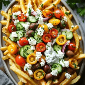 To make loaded Greek fries, you need fresh and tasty ingredients. Here’s what you need: - 4 large Russet potatoes - 1/4 cup olive oil - 1 teaspoon garlic powder - 1 teaspoon paprika - Salt and pepper to taste - 1 cup crumbled feta cheese - 1 cup cherry tomatoes, halved - 1/2 cup Kalamata olives, pitted and sliced - 1/2 cucumber, diced - 1/4 red onion, finely chopped - Fresh parsley, chopped for garnish - 1/2 cup tzatziki sauce You can get creative with your fries! Here are some tasty toppings to try: - Sliced jalapeños for heat - Chopped bell peppers for crunch - Grilled chicken or lamb for protein - Avocado for creaminess Season your fries to boost flavor! Here are some ideas: - Oregano adds a nice herbal flavor. - Lemon zest gives a fresh, zesty touch. - Red pepper flakes can spice things up. - Dill pairs well with tzatziki and adds brightness. These ingredients and toppings make loaded Greek fries a fun and easy dish. You can mix and match to fit your taste. Enjoy cooking with this Full Recipe! To start, wash four large Russet potatoes. Make sure to scrub them well. Next, cut the potatoes into thin fries, about 1/4 inch thick. This size helps them cook evenly. Place the cut fries in a large bowl. Drizzle 1/4 cup of olive oil over them. Add 1 teaspoon of garlic powder and 1 teaspoon of paprika. Sprinkle salt and pepper to taste. Toss the fries. Make sure every fry gets coated well. Now it's time to bake. Preheat your oven to 425°F (220°C). Spread the seasoned fries on a baking sheet lined with parchment paper. Try to keep them in one layer. This helps them get crispy. Bake for 25 to 30 minutes. Remember to flip them halfway through. Look for a golden brown color when they are done. While the fries bake, prepare the toppings. In a medium bowl, mix 1 cup of halved cherry tomatoes, 1/2 cup of sliced Kalamata olives, 1/2 diced cucumber, and 1/4 cup of finely chopped red onion. Drizzle a bit of olive oil over this mix. Add salt and pepper to taste, then gently combine. When the fries are ready, pull them out of the oven. Immediately sprinkle 1 cup of crumbled feta cheese on top. Next, add your prepared veggie mix. Finally, add a generous dollop of tzatziki sauce on top. For a nice finish, sprinkle chopped fresh parsley for color. Enjoy your Loaded Greek Fries! You can find the full recipe [here]. To make the best fries, start with the right potatoes. I prefer Russet potatoes for their starchiness. Cut your fries thin, around 1/4 inch thick. This helps them cook evenly and get crispy. Soak the cut fries in cold water for at least 30 minutes. This removes extra starch and aids crispiness. After soaking, dry them well with a towel. Coat the fries with olive oil and seasonings. Bake at 425°F (220°C) for 25-30 minutes. Remember to flip them halfway through for an even crunch. Great flavor makes all the difference. I love using garlic powder and paprika for a warm, savory taste. Add salt and pepper to taste. You can also try adding dried oregano or thyme for a Greek touch. Don't be afraid to experiment! Mix your favorite spices into the oil before coating the fries. This will infuse flavor right into the fries. For an extra kick, add some chili powder or cayenne pepper. Presentation matters when serving Loaded Greek Fries. Serve them on a large platter for a fun look. Drizzle extra Tzatziki sauce over the top for a creamy touch. Use fresh parsley to add color and freshness. You can also add slices of lemon for a pop of brightness. For easy serving, provide toothpicks or small forks. This makes it fun for guests to enjoy! For the full recipe, check out the detailed instructions above. {{image_4}} You can make Loaded Greek Fries vegetarian by skipping the meat toppings. The base is already rich with flavor. Use extra toppings like roasted red peppers or artichoke hearts. You can also add a variety of cheeses, like goat cheese or mozzarella, for a creamy twist. These options keep the dish hearty and satisfying. If you want to add protein, consider grilled chicken or shrimp. Both pair well with the Greek flavors. Gyro meat is another great choice. Cook it until it's crispy and flavorful. You can also try chickpeas for a plant-based protein. They add a nice crunch and boost the nutrition. Different regions of Greece offer unique flavors. From the island of Crete, you can add capers and mint for a fresh taste. In the north, try adding smoked paprika for depth. From the Peloponnese, olives and citrus zest can give a bright flavor. Mix and match these ingredients for your own twist on Loaded Greek Fries. For the full recipe, check out the complete guide on Loaded Greek Fries. To keep your loaded Greek fries fresh, let them cool first. Place them in an airtight container. If you have toppings like tomatoes or cucumbers, store them separately. This keeps everything crisp. When you want to enjoy your leftovers, preheat your oven to 375°F (190°C). Spread the fries on a baking sheet. Heat for about 10-15 minutes until hot and crispy. Avoid microwaving them, as this can make them soggy. These loaded Greek fries last about 2-3 days in the fridge. Make sure they are in an airtight container. If you notice any change in smell or texture, it’s best to toss them. Enjoy them fresh for the best taste! I recommend using Russet potatoes for Loaded Greek Fries. They are starchy and fluffy, which gives you that nice, crispy texture when baked. Their skin adds a great crunch, too. Yukon Gold potatoes also work well. They are creamier, which can add a different taste. Yes, you can prepare the fries ahead of time! Cut the potatoes and soak them in water to keep them fresh. This step removes some starch and helps them crisp up better. When you are ready to cook, just dry them off and season them. Bake them fresh for the best taste. Loaded Greek Fries go well with many dishes. They are great alongside grilled meats like chicken or lamb. You can serve them with a fresh Greek salad for a light meal. They also pair nicely with tzatziki, which adds a cool contrast to the warm fries. Enjoy them as a fun snack at gatherings or parties! For a complete experience, check out the Full Recipe to guide you through making these tasty fries. Loaded Greek fries are a fun dish packed with flavors. We explored key ingredients, optional toppings, and tasty seasonings. I shared step-by-step instructions to prepare and bake your fries, then assemble them perfectly. I offered tips for crispy fries and smart presentation ideas. You can even customize your dish with vegetarian options or protein toppings from various Greek regions. Finally, I outlined storage tips to keep leftovers fresh. Enjoy making these fries; they are sure to impress everyone!