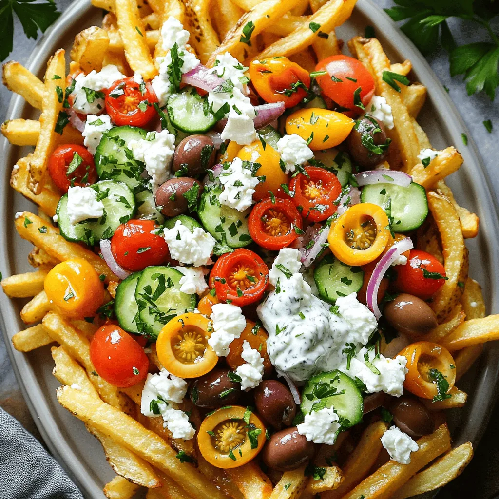 To make loaded Greek fries, you need fresh and tasty ingredients. Here’s what you need: - 4 large Russet potatoes - 1/4 cup olive oil - 1 teaspoon garlic powder - 1 teaspoon paprika - Salt and pepper to taste - 1 cup crumbled feta cheese - 1 cup cherry tomatoes, halved - 1/2 cup Kalamata olives, pitted and sliced - 1/2 cucumber, diced - 1/4 red onion, finely chopped - Fresh parsley, chopped for garnish - 1/2 cup tzatziki sauce You can get creative with your fries! Here are some tasty toppings to try: - Sliced jalapeños for heat - Chopped bell peppers for crunch - Grilled chicken or lamb for protein - Avocado for creaminess Season your fries to boost flavor! Here are some ideas: - Oregano adds a nice herbal flavor. - Lemon zest gives a fresh, zesty touch. - Red pepper flakes can spice things up. - Dill pairs well with tzatziki and adds brightness. These ingredients and toppings make loaded Greek fries a fun and easy dish. You can mix and match to fit your taste. Enjoy cooking with this Full Recipe! To start, wash four large Russet potatoes. Make sure to scrub them well. Next, cut the potatoes into thin fries, about 1/4 inch thick. This size helps them cook evenly. Place the cut fries in a large bowl. Drizzle 1/4 cup of olive oil over them. Add 1 teaspoon of garlic powder and 1 teaspoon of paprika. Sprinkle salt and pepper to taste. Toss the fries. Make sure every fry gets coated well. Now it's time to bake. Preheat your oven to 425°F (220°C). Spread the seasoned fries on a baking sheet lined with parchment paper. Try to keep them in one layer. This helps them get crispy. Bake for 25 to 30 minutes. Remember to flip them halfway through. Look for a golden brown color when they are done. While the fries bake, prepare the toppings. In a medium bowl, mix 1 cup of halved cherry tomatoes, 1/2 cup of sliced Kalamata olives, 1/2 diced cucumber, and 1/4 cup of finely chopped red onion. Drizzle a bit of olive oil over this mix. Add salt and pepper to taste, then gently combine. When the fries are ready, pull them out of the oven. Immediately sprinkle 1 cup of crumbled feta cheese on top. Next, add your prepared veggie mix. Finally, add a generous dollop of tzatziki sauce on top. For a nice finish, sprinkle chopped fresh parsley for color. Enjoy your Loaded Greek Fries! You can find the full recipe [here]. To make the best fries, start with the right potatoes. I prefer Russet potatoes for their starchiness. Cut your fries thin, around 1/4 inch thick. This helps them cook evenly and get crispy. Soak the cut fries in cold water for at least 30 minutes. This removes extra starch and aids crispiness. After soaking, dry them well with a towel. Coat the fries with olive oil and seasonings. Bake at 425°F (220°C) for 25-30 minutes. Remember to flip them halfway through for an even crunch. Great flavor makes all the difference. I love using garlic powder and paprika for a warm, savory taste. Add salt and pepper to taste. You can also try adding dried oregano or thyme for a Greek touch. Don't be afraid to experiment! Mix your favorite spices into the oil before coating the fries. This will infuse flavor right into the fries. For an extra kick, add some chili powder or cayenne pepper. Presentation matters when serving Loaded Greek Fries. Serve them on a large platter for a fun look. Drizzle extra Tzatziki sauce over the top for a creamy touch. Use fresh parsley to add color and freshness. You can also add slices of lemon for a pop of brightness. For easy serving, provide toothpicks or small forks. This makes it fun for guests to enjoy! For the full recipe, check out the detailed instructions above. {{image_4}} You can make Loaded Greek Fries vegetarian by skipping the meat toppings. The base is already rich with flavor. Use extra toppings like roasted red peppers or artichoke hearts. You can also add a variety of cheeses, like goat cheese or mozzarella, for a creamy twist. These options keep the dish hearty and satisfying. If you want to add protein, consider grilled chicken or shrimp. Both pair well with the Greek flavors. Gyro meat is another great choice. Cook it until it's crispy and flavorful. You can also try chickpeas for a plant-based protein. They add a nice crunch and boost the nutrition. Different regions of Greece offer unique flavors. From the island of Crete, you can add capers and mint for a fresh taste. In the north, try adding smoked paprika for depth. From the Peloponnese, olives and citrus zest can give a bright flavor. Mix and match these ingredients for your own twist on Loaded Greek Fries. For the full recipe, check out the complete guide on Loaded Greek Fries. To keep your loaded Greek fries fresh, let them cool first. Place them in an airtight container. If you have toppings like tomatoes or cucumbers, store them separately. This keeps everything crisp. When you want to enjoy your leftovers, preheat your oven to 375°F (190°C). Spread the fries on a baking sheet. Heat for about 10-15 minutes until hot and crispy. Avoid microwaving them, as this can make them soggy. These loaded Greek fries last about 2-3 days in the fridge. Make sure they are in an airtight container. If you notice any change in smell or texture, it’s best to toss them. Enjoy them fresh for the best taste! I recommend using Russet potatoes for Loaded Greek Fries. They are starchy and fluffy, which gives you that nice, crispy texture when baked. Their skin adds a great crunch, too. Yukon Gold potatoes also work well. They are creamier, which can add a different taste. Yes, you can prepare the fries ahead of time! Cut the potatoes and soak them in water to keep them fresh. This step removes some starch and helps them crisp up better. When you are ready to cook, just dry them off and season them. Bake them fresh for the best taste. Loaded Greek Fries go well with many dishes. They are great alongside grilled meats like chicken or lamb. You can serve them with a fresh Greek salad for a light meal. They also pair nicely with tzatziki, which adds a cool contrast to the warm fries. Enjoy them as a fun snack at gatherings or parties! For a complete experience, check out the Full Recipe to guide you through making these tasty fries. Loaded Greek fries are a fun dish packed with flavors. We explored key ingredients, optional toppings, and tasty seasonings. I shared step-by-step instructions to prepare and bake your fries, then assemble them perfectly. I offered tips for crispy fries and smart presentation ideas. You can even customize your dish with vegetarian options or protein toppings from various Greek regions. Finally, I outlined storage tips to keep leftovers fresh. Enjoy making these fries; they are sure to impress everyone!