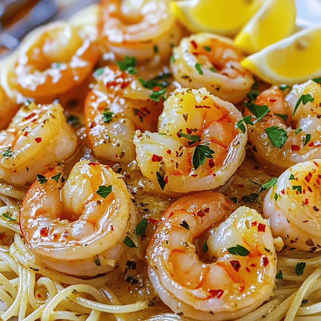 To make this dish, you need fresh and simple ingredients. Here’s what you will need: - 1 pound large shrimp, peeled and deveined - 4 tablespoons unsalted butter - 4 cloves garlic, finely minced - 1 teaspoon red pepper flakes (adjust according to your spice preference) - Zest and juice of 1 lemon - 1/4 cup chicken broth or vegetable broth - 8 ounces linguine or spaghetti - 1/4 cup fresh parsley, finely chopped - Salt and freshly ground pepper to taste - Lemon wedges, for serving These ingredients work together to create a rich and tasty dish. Adding garnishes can enhance the meal. Here are some ideas: - Extra parsley for color - Grated Parmesan cheese for a creamy touch - A sprinkle of crushed red pepper for heat - Lemon slices for extra zest You can mix and match to find your favorite. You might not have all the ingredients on hand. Here are some easy swaps: - Use shrimp alternatives like scallops or chicken - Swap out butter for olive oil for a lighter option - Use gluten-free pasta if needed - Try lime juice instead of lemon for a different flavor These options still keep the dish flavorful and fun. Enjoy experimenting! To start, fill a large pot with water. Add salt and bring it to a boil. Once boiling, add 8 ounces of linguine or spaghetti. Cook it according to the package instructions until it is al dente. This usually takes about 8 to 10 minutes. After cooking, drain the pasta but save about half a cup of the water. Set the pasta aside for later. Next, grab a large skillet and place it over medium heat. Add 2 tablespoons of unsalted butter and let it melt. Once the butter is sizzling, toss in 4 cloves of finely minced garlic and 1 teaspoon of red pepper flakes. Cook this mixture for about 1 to 2 minutes. You want the garlic to smell great but not burn. If it burns, it will taste bitter. Now it's time for the shrimp. Add 1 pound of peeled and deveined large shrimp to the skillet. Season them with salt and freshly ground pepper. Cook the shrimp for 3 to 4 minutes on each side. They should turn pink and opaque. This is how you know they are cooked through. With the shrimp ready, it’s time to make the sauce. Pour in 1/4 cup of chicken broth, along with the juice and zest of 1 lemon. Stir everything well. Let the sauce simmer on low heat for about 2 to 3 minutes. This helps all the flavors blend together nicely. Lower the heat again and add the remaining 2 tablespoons of butter to the skillet. Swirl it into the sauce until it’s melted and smooth. Now, toss the cooked pasta into the skillet with the shrimp and sauce. If it looks too thick, add small amounts of the reserved pasta water until you like the consistency. Finish by stirring in 1/4 cup of finely chopped fresh parsley. Taste and add more salt and pepper if needed. Serve this dish hot, with lemon wedges on the side. Check the Full Recipe for more details and enjoy your meal! To get the best shrimp, choose large, fresh ones. Look for shrimp that smell clean and ocean-like. When cooking, avoid overcrowding the pan. This way, shrimp cook evenly. Cook shrimp quickly over medium heat for 3-4 minutes on each side. They should turn pink and opaque, signaling they are done. Garlic is key to this dish. Use fresh garlic, not pre-minced. Mince it finely for a strong flavor. Sauté the garlic in butter over medium heat. Watch it closely, as burnt garlic tastes bitter. You want it golden, not brown. Adding red pepper flakes with the garlic helps boost flavor without losing the garlic taste. The recipe calls for red pepper flakes to add heat. If you prefer less spice, use half a teaspoon or skip it altogether. For more heat, feel free to add more flakes. You can also try a dash of hot sauce to give your dish a kick. Taste as you go to find your perfect heat level. For the complete Garlic Butter Shrimp Scampi recipe, check out the Full Recipe. {{image_4}} You can boost the health of your garlic butter shrimp scampi by adding vegetables. Fresh spinach is a great choice. It wilts nicely and adds color. You can also add cherry tomatoes. They burst with juice and give a sweet flavor. Try adding zucchini or bell peppers as well. Just sauté them before adding the shrimp. This way, you keep all the flavors working together. If you want a different method, try oven-baking your shrimp scampi. Preheat your oven to 400°F (200°C). Use a baking dish and melt the butter with garlic and red pepper flakes. Add the shrimp and toss to coat. Bake for about 10 minutes. This method keeps the shrimp juicy and lets the flavors blend. Serve it over pasta or with crusty bread to soak up the sauce. Cooking shrimp scampi doesn't have to be the same every time. You can add global flavors for a twist. For a Mexican vibe, try adding lime juice and cilantro. This brings a fresh, zesty taste. For an Italian twist, use sun-dried tomatoes and basil in your dish. You can also add coconut milk and curry powder for a Thai flair. Each variation gives you a new dish to enjoy while keeping the essence of shrimp scampi. To store leftovers, let the dish cool down first. Then, put it in an airtight container. Make sure to refrigerate it. It will stay fresh for about two days in the fridge. Keeping it sealed helps maintain the flavors. When you're ready to eat it again, you can reheat the shrimp scampi. The best way is to use a skillet. Heat it over medium-low heat. Add a splash of broth or water to keep it moist. Stir gently until it warms through. You can also use the microwave, but be careful not to overcook the shrimp. If you want to freeze it, do so right after cooking. Place it in a freezer-safe container. It can last up to three months in the freezer. When ready to eat, let it thaw in the fridge overnight. Reheat as mentioned above. Avoid freezing the dish with pasta. The pasta can become mushy. For best results, freeze the shrimp and sauce separately. You can find the full recipe for garlic butter shrimp scampi in this article for more guidance on cooking. For scampi, I recommend using large shrimp. They hold up well in the sauce and cook quickly. Look for shrimp that are peeled and deveined for ease. Fresh shrimp is ideal, but frozen works too. Just thaw them before cooking. Yes, you can use gluten-free pasta! There are many great options available, like rice or corn pasta. Just follow the package instructions for cooking times. This way, everyone can enjoy the dish. Shrimp are fully cooked when they turn pink and opaque. They should also curl into a "C" shape. If they stay straight, they may be overcooked. Cook them for about 3-4 minutes on each side for the best results. Garlic butter shrimp scampi pairs well with several sides. You can serve it with crusty bread, a fresh salad, or steamed veggies. A light white wine also complements the flavor nicely. For the full recipe, check out the detailed steps above. It’s simple, quick, and packed with flavor! Garlic butter shrimp scampi combines fresh ingredients and easy techniques. You learned how to select shrimp, prepare pasta, and make the sauce. I shared tips for enhancing flavor and avoiding common mistakes. This dish can be a crowd-pleaser, with many options for twists and variations. You can store leftovers easily and reheat them for another meal. Now you have all you need to create a tasty shrimp scampi at home! Enjoy your cooking journey.