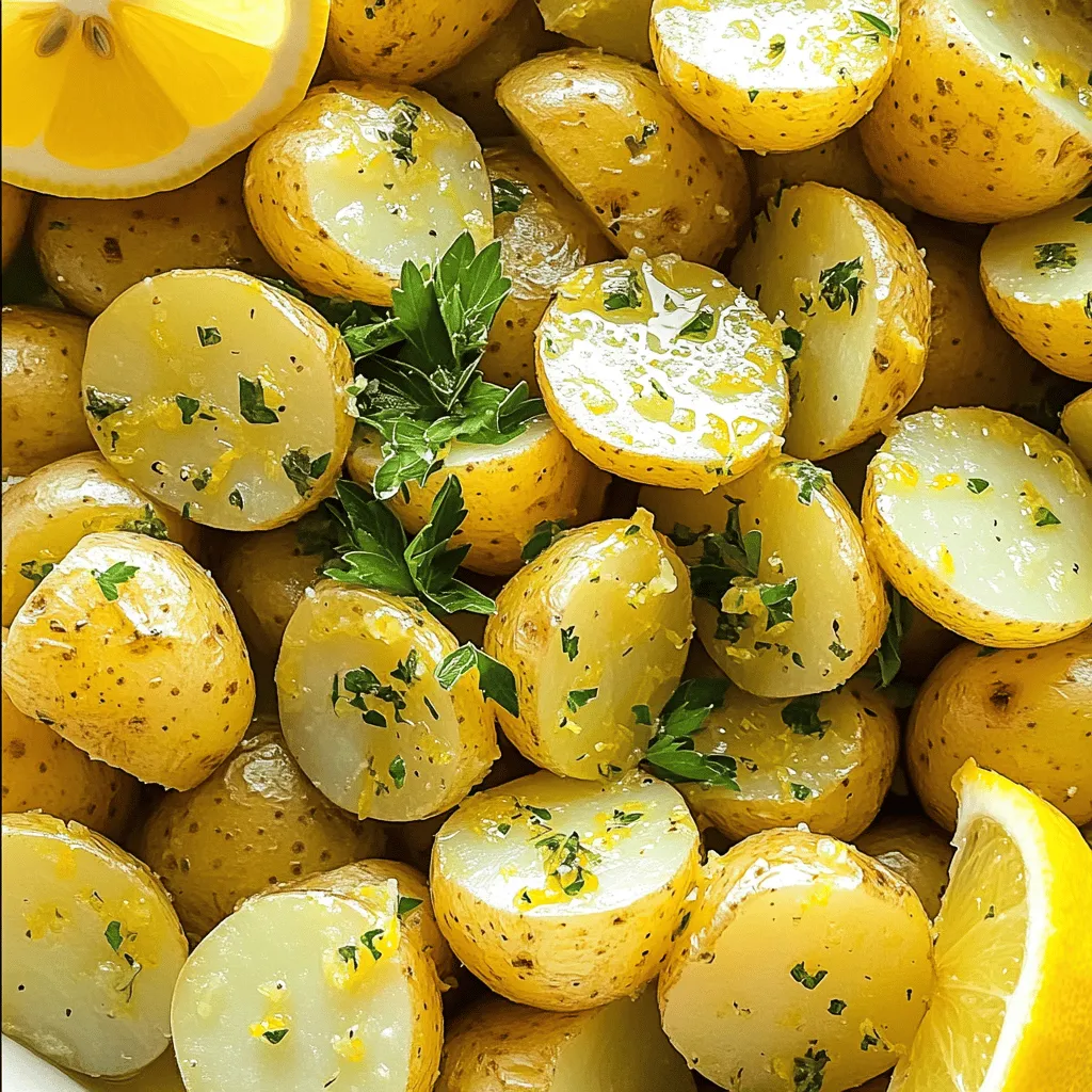 For this dish, you need simple yet vibrant flavors. The essential ingredients are: - 2 lbs baby potatoes, halved - 1/4 cup extra virgin olive oil - 1/4 cup freshly squeezed lemon juice Baby potatoes are perfect because they cook evenly and taste great. Extra virgin olive oil adds rich flavor and helps the potatoes crisp up. Fresh lemon juice gives a bright, zesty kick that makes these potatoes shine. To boost the taste, we use a few key spices. They include: - 3 cloves garlic, finely minced - 2 teaspoons dried oregano - 1 teaspoon sea salt - 1/2 teaspoon freshly ground black pepper Minced garlic brings warmth and depth. Dried oregano adds an earthy note that pairs well with lemon. Sea salt and black pepper enhance all the flavors, making every bite delicious. When serving, a few garnishes can elevate the dish. Here are my favorites: - 1 tablespoon fresh parsley, finely chopped (for garnish) - Lemon wedges (for serving) Fresh parsley adds color and a hint of freshness. Lemon wedges let guests add more zing if they like. These simple touches make your Greek lemon potatoes look and taste even better. For the full recipe, check out the details above! - First, preheat the oven to 400°F (200°C). This helps the potatoes roast evenly. - Next, grab a large mixing bowl. Add the olive oil, lemon juice, minced garlic, oregano, salt, and black pepper. Whisk these together until mixed well. This marinade adds a zesty flavor that makes the potatoes shine. - Now, take your halved baby potatoes and add them to the bowl with the marinade. - Toss the potatoes gently in the mixture. Make sure each piece is coated well. This step is key for flavor. - Carefully transfer the coated potatoes to a large baking dish. Arrange them in a single layer. This helps them cook evenly and get that nice golden color. - Place the baking dish in the oven. Roast the potatoes for 40-45 minutes. Remember to toss them halfway through. This ensures they brown nicely. - Once they are golden and tender, take the dish out of the oven. Let the potatoes cool for a few minutes. Just before serving, sprinkle with chopped parsley. Serve with lemon wedges for a burst of flavor. For the full recipe, check the detailed instructions. To get that golden brown finish, choose small baby potatoes. Their skin crisps nicely, giving a great texture. After roasting for about half the time, toss the potatoes. This helps them brown evenly. Use a spatula to gently turn them. For added zest, consider mixing in lemon zest with your marinade. Lemon zest brightens the dish. You can also add fresh herbs, like thyme or rosemary, for depth. Balance the garlic and lemon by not using too much garlic. The garlic should enhance, not overpower. Serve the potatoes in a colorful bowl to catch the eye. Arrange lemon wedges around the edge. This not only looks nice but adds flavor. You can sprinkle fresh parsley on top for a pop of color. It makes the dish more appealing and fresh. For the complete process, refer to the Full Recipe. {{image_4}} You can add more flavor by using herbs. Fresh herbs bring a bright taste. Dried herbs are easy and still tasty. I love using fresh parsley and thyme. They add freshness and depth. You can also try rosemary for a bold flavor. Mix and match herbs to find your favorite combo. Want to change things up? Try adding different citrus fruits. Oranges or limes give a nice twist. You can also use vegetable broth instead of oil. This makes the dish lighter and adds a new taste. Feel free to experiment with flavors until you find what you love. You don’t have to roast your potatoes. You can cook them on the stovetop too. Just boil them first and then sauté in the lemon mix. This method makes them soft and flavorful. Grilling is another option. It adds a smoky flavor you’ll enjoy. Try grilling them for a fun twist on this classic dish. To store your leftover Greek lemon potatoes, let them cool. Once cooled, place them in an airtight container. Use a glass or plastic container with a tight lid for best results. Store them in the fridge. They will stay fresh for about 3 to 5 days. Label the container with the date to keep track. For reheating, the oven works best. Preheat your oven to 350°F (175°C). Spread the potatoes on a baking sheet in a single layer. Heat for about 10 to 15 minutes until warm. This keeps them crisp. You can also use a microwave, but it may make them soggy. If using the microwave, heat in short bursts. Check often to avoid overcooking. You can freeze Greek lemon potatoes if you want to save some for later. First, let them cool completely. Then, place the potatoes in a freezer-safe bag. Remove as much air as possible before sealing. They can last up to 2 months in the freezer. To thaw, move them to the fridge overnight. Reheat them in the oven as mentioned earlier for the best taste. For Greek lemon potatoes, I recommend using baby potatoes. They are small and tender, which makes them perfect for roasting. Their skin is thin, so you can enjoy the flavor without peeling. You can also use Yukon Gold potatoes for a creamy texture. These potatoes absorb the lemon and garlic well, enhancing the dish's flavor. Yes, you can make this recipe ahead of time. I suggest roasting the potatoes and storing them in an airtight container in the fridge. You can roast them a day in advance. To reheat, simply warm them in the oven at 350°F until heated through. This keeps the potatoes tasty and fresh for your meal. Easy Greek lemon potatoes pair well with many dishes. You can serve them with grilled chicken or lamb for a complete meal. They also go great with a fresh Greek salad, giving you a nice balance of flavors. For a lighter option, pair them with roasted vegetables. The bright lemon taste complements any dish beautifully. If you're looking for more details, you can check out the [Full Recipe] for step-by-step guidance. Greek lemon potatoes are a simple and refreshing dish to make. We explored essential ingredients, step-by-step instructions, and great tips. You can customize flavors with herbs or other citrus fruits. Don't forget how to store leftovers for later enjoyment. These potatoes are not just easy to prepare but also shine at any meal. Experiment and make this recipe your own! Enjoy the bold flavors and satisfying textures. You’ll love sharing this dish with family and friends.