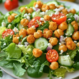 To make a tasty and healthy crispy chickpea salad, you need these main ingredients: - 1 can (15 oz) chickpeas, drained and rinsed - 2 tablespoons olive oil - 1 teaspoon smoked paprika - 1/2 teaspoon garlic powder - 1/2 teaspoon ground cumin - Salt and freshly ground pepper to taste - 4 cups mixed greens (spinach, arugula, and lettuce blend) - 1 cup cherry tomatoes, halved - 1/2 cucumber, diced - 1/4 red onion, thinly sliced Add some optional ingredients to enhance the flavor and texture of your salad: - 1/4 cup feta cheese, crumbled (optional) - A handful of fresh parsley, chopped (for garnish) You will also need a few kitchen tools to make this salad: - A medium-sized mixing bowl for the chickpeas - A large bowl for the salad - A baking sheet lined with parchment paper - A whisk for the dressing - A separate small bowl for mixing the tahini dressing Using these ingredients and tools, you can create a delicious crispy chickpea salad. Try the full recipe for a step-by-step guide! First, preheat your oven to 400°F (200°C). This makes sure the chickpeas get crispy. Line a baking sheet with parchment paper. This helps with easy cleanup later. In a bowl, mix the drained chickpeas with olive oil. Add smoked paprika, garlic powder, ground cumin, salt, and pepper. Make sure each chickpea is well coated. This blend gives them a tasty kick. Spread the seasoned chickpeas evenly on the baking sheet. Don’t crowd them; they need space to get crispy. Bake for 25-30 minutes. Shake the pan halfway through to help them cook evenly. They should turn golden and crunchy. While the chickpeas bake, prepare the salad base. In a large bowl, toss together mixed greens, halved cherry tomatoes, diced cucumber, and thinly sliced red onion. Mixing them now lets the flavors combine as you assemble. In a small bowl, whisk tahini, fresh lemon juice, and a pinch of salt and pepper. If you want a thinner dressing, add a splash of water. This dressing ties the salad together, adding a rich flavor. Once the chickpeas are crispy, take them out and let them cool for a minute. Top your salad with these warm chickpeas. Drizzle the tahini dressing over everything. Add crumbled feta cheese for creaminess, if you like. Finish with fresh parsley for color. Enjoy your Crispy Chickpea Delight Salad! For the complete recipe, check the [Full Recipe]. To make your chickpeas extra crispy, dry them well before cooking. Drain and rinse the canned chickpeas, then lay them on a paper towel. Pat them gently to remove excess moisture. The drier the chickpeas, the crunchier they will be. Toss them with olive oil and spices right before baking. Spread them out on your baking sheet. Avoid crowding them; it helps with airflow and crispiness. Bake at 400°F for 25 to 30 minutes, shaking the pan halfway through. This step ensures even cooking and crispiness. If you have leftovers, store the salad and chickpeas separately. Place the salad in an airtight container in the fridge. Keep the chickpeas in another container. This will help prevent sogginess. When you want to eat the leftovers, reheat the chickpeas in the oven for a few minutes. This will revive their crisp texture. The salad will stay fresh for about two days in the fridge. For the best taste, serve the salad immediately after assembling. The warm chickpeas add a nice contrast to the cool greens. Drizzle the tahini dressing right before serving. This way, it coats the ingredients nicely. You can also sprinkle some feta cheese on top for extra creaminess. Fresh herbs like parsley can brighten the dish. Try adding avocado for creaminess or nuts for crunch. Each addition enhances the flavor and texture of your salad. Enjoy experimenting! {{image_4}} You can swap out greens to change the salad's taste. Try using kale for a hearty crunch. Baby spinach offers a soft, mild flavor. You can even mix in some crunchy cabbage for more texture. Each option adds its unique twist while still pairing well with crispy chickpeas. If you want to make the salad more filling, add protein. Grilled chicken works great with the chickpeas. You can also try adding sliced hard-boiled eggs for richness. For a vegetarian option, toss in some quinoa or black beans. These choices will help boost the meal's nutrients. While tahini dressing is fantastic, don’t be afraid to experiment. A lemon vinaigrette adds a bright zing. You could also try a yogurt-based dressing for creaminess. If you like a kick, a spicy harissa dressing works wonders too. Each dressing brings a new flavor that can change your salad experience. For the full recipe, check out the Crispy Chickpea Delight Salad 🥗. To store leftover salad, first, let it cool down. Place it in an airtight container. This keeps the salad fresh. Add the crispy chickpeas on top only when serving. This way, they stay crunchy. If you mix them in, they can get soggy. If you have leftover crispy chickpeas, you can reheat them. Preheat your oven to 350°F (175°C). Spread the chickpeas on a baking sheet. Bake them for about 10 minutes. This brings back their crunch. You can also use an air fryer for a quicker option. The salad can last up to three days in the fridge. Chickpeas stay good for about a week if stored well. Fresh veggies have a shorter shelf life. Use them within three to five days. Always check for freshness before eating. For a detailed recipe, refer to the Full Recipe. Yes, you can use dried chickpeas. They need soaking and cooking first. To prepare, soak them overnight in water. Cook them until they are tender. This can take about 1 to 2 hours. Then, follow the same steps as with canned chickpeas in the recipe. This salad is packed with nutrients. Chickpeas provide protein and fiber. Mixed greens bring vitamins A and C. Tomatoes offer antioxidants, while cucumbers add hydration. Olive oil is a healthy fat. Feta cheese, if used, adds calcium. Overall, it is a well-balanced meal. To make this salad vegan, skip the feta cheese. The rest of the ingredients are already plant-based. You can also add more veggies or nuts for extra flavor and nutrition. Try adding avocado for creaminess or nuts for crunch. Yes, you can prep it ahead of time. Store the crispy chickpeas in an airtight container. Keep the salad ingredients separate until you are ready to eat. This keeps everything fresh and crispy. Just assemble when you want to enjoy your meal. This salad pairs well with many dishes. Serve it alongside grilled chicken or fish for protein. It also goes great with a warm pita or flatbread. If you want a lighter meal, enjoy it as a stand-alone dish. You can find the Full Recipe for more details. In summary, this blog post covered how to make a crispy chickpea salad. We explored the main ingredients and added options to boost flavor. I shared step-by-step cooking instructions and tips for the perfect crunch. You learned about storage methods and how to customize the dish. Enjoy this salad any time for a tasty and healthy meal. With its simple steps, you can make it again and again!