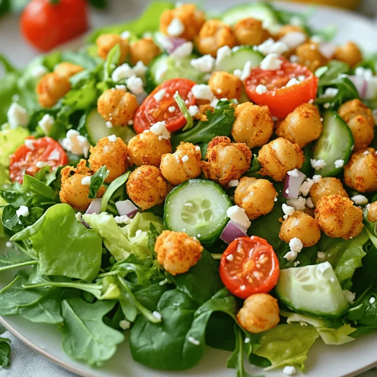 To make a tasty and healthy crispy chickpea salad, you need these main ingredients: - 1 can (15 oz) chickpeas, drained and rinsed - 2 tablespoons olive oil - 1 teaspoon smoked paprika - 1/2 teaspoon garlic powder - 1/2 teaspoon ground cumin - Salt and freshly ground pepper to taste - 4 cups mixed greens (spinach, arugula, and lettuce blend) - 1 cup cherry tomatoes, halved - 1/2 cucumber, diced - 1/4 red onion, thinly sliced Add some optional ingredients to enhance the flavor and texture of your salad: - 1/4 cup feta cheese, crumbled (optional) - A handful of fresh parsley, chopped (for garnish) You will also need a few kitchen tools to make this salad: - A medium-sized mixing bowl for the chickpeas - A large bowl for the salad - A baking sheet lined with parchment paper - A whisk for the dressing - A separate small bowl for mixing the tahini dressing Using these ingredients and tools, you can create a delicious crispy chickpea salad. Try the full recipe for a step-by-step guide! First, preheat your oven to 400°F (200°C). This makes sure the chickpeas get crispy. Line a baking sheet with parchment paper. This helps with easy cleanup later. In a bowl, mix the drained chickpeas with olive oil. Add smoked paprika, garlic powder, ground cumin, salt, and pepper. Make sure each chickpea is well coated. This blend gives them a tasty kick. Spread the seasoned chickpeas evenly on the baking sheet. Don’t crowd them; they need space to get crispy. Bake for 25-30 minutes. Shake the pan halfway through to help them cook evenly. They should turn golden and crunchy. While the chickpeas bake, prepare the salad base. In a large bowl, toss together mixed greens, halved cherry tomatoes, diced cucumber, and thinly sliced red onion. Mixing them now lets the flavors combine as you assemble. In a small bowl, whisk tahini, fresh lemon juice, and a pinch of salt and pepper. If you want a thinner dressing, add a splash of water. This dressing ties the salad together, adding a rich flavor. Once the chickpeas are crispy, take them out and let them cool for a minute. Top your salad with these warm chickpeas. Drizzle the tahini dressing over everything. Add crumbled feta cheese for creaminess, if you like. Finish with fresh parsley for color. Enjoy your Crispy Chickpea Delight Salad! For the complete recipe, check the [Full Recipe]. To make your chickpeas extra crispy, dry them well before cooking. Drain and rinse the canned chickpeas, then lay them on a paper towel. Pat them gently to remove excess moisture. The drier the chickpeas, the crunchier they will be. Toss them with olive oil and spices right before baking. Spread them out on your baking sheet. Avoid crowding them; it helps with airflow and crispiness. Bake at 400°F for 25 to 30 minutes, shaking the pan halfway through. This step ensures even cooking and crispiness. If you have leftovers, store the salad and chickpeas separately. Place the salad in an airtight container in the fridge. Keep the chickpeas in another container. This will help prevent sogginess. When you want to eat the leftovers, reheat the chickpeas in the oven for a few minutes. This will revive their crisp texture. The salad will stay fresh for about two days in the fridge. For the best taste, serve the salad immediately after assembling. The warm chickpeas add a nice contrast to the cool greens. Drizzle the tahini dressing right before serving. This way, it coats the ingredients nicely. You can also sprinkle some feta cheese on top for extra creaminess. Fresh herbs like parsley can brighten the dish. Try adding avocado for creaminess or nuts for crunch. Each addition enhances the flavor and texture of your salad. Enjoy experimenting! {{image_4}} You can swap out greens to change the salad's taste. Try using kale for a hearty crunch. Baby spinach offers a soft, mild flavor. You can even mix in some crunchy cabbage for more texture. Each option adds its unique twist while still pairing well with crispy chickpeas. If you want to make the salad more filling, add protein. Grilled chicken works great with the chickpeas. You can also try adding sliced hard-boiled eggs for richness. For a vegetarian option, toss in some quinoa or black beans. These choices will help boost the meal's nutrients. While tahini dressing is fantastic, don’t be afraid to experiment. A lemon vinaigrette adds a bright zing. You could also try a yogurt-based dressing for creaminess. If you like a kick, a spicy harissa dressing works wonders too. Each dressing brings a new flavor that can change your salad experience. For the full recipe, check out the Crispy Chickpea Delight Salad 🥗. To store leftover salad, first, let it cool down. Place it in an airtight container. This keeps the salad fresh. Add the crispy chickpeas on top only when serving. This way, they stay crunchy. If you mix them in, they can get soggy. If you have leftover crispy chickpeas, you can reheat them. Preheat your oven to 350°F (175°C). Spread the chickpeas on a baking sheet. Bake them for about 10 minutes. This brings back their crunch. You can also use an air fryer for a quicker option. The salad can last up to three days in the fridge. Chickpeas stay good for about a week if stored well. Fresh veggies have a shorter shelf life. Use them within three to five days. Always check for freshness before eating. For a detailed recipe, refer to the Full Recipe. Yes, you can use dried chickpeas. They need soaking and cooking first. To prepare, soak them overnight in water. Cook them until they are tender. This can take about 1 to 2 hours. Then, follow the same steps as with canned chickpeas in the recipe. This salad is packed with nutrients. Chickpeas provide protein and fiber. Mixed greens bring vitamins A and C. Tomatoes offer antioxidants, while cucumbers add hydration. Olive oil is a healthy fat. Feta cheese, if used, adds calcium. Overall, it is a well-balanced meal. To make this salad vegan, skip the feta cheese. The rest of the ingredients are already plant-based. You can also add more veggies or nuts for extra flavor and nutrition. Try adding avocado for creaminess or nuts for crunch. Yes, you can prep it ahead of time. Store the crispy chickpeas in an airtight container. Keep the salad ingredients separate until you are ready to eat. This keeps everything fresh and crispy. Just assemble when you want to enjoy your meal. This salad pairs well with many dishes. Serve it alongside grilled chicken or fish for protein. It also goes great with a warm pita or flatbread. If you want a lighter meal, enjoy it as a stand-alone dish. You can find the Full Recipe for more details. In summary, this blog post covered how to make a crispy chickpea salad. We explored the main ingredients and added options to boost flavor. I shared step-by-step cooking instructions and tips for the perfect crunch. You learned about storage methods and how to customize the dish. Enjoy this salad any time for a tasty and healthy meal. With its simple steps, you can make it again and again!