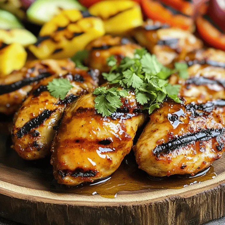 - 4 boneless, skinless chicken breasts - 1/4 cup honey - 2 tablespoons soy sauce (low-sodium recommended) - 1 tablespoon chili garlic sauce (adjust to taste) - 1 tablespoon olive oil - 2 cloves garlic, finely minced - 1 teaspoon ground ginger - 1 teaspoon smoked paprika - Salt and freshly cracked black pepper to taste - Fresh cilantro, chopped (for garnish) Gather these ingredients for the best sweet and spicy grilled chicken. You want fresh, high-quality items. The chicken is the star, so choose plump, boneless, skinless breasts. For the marinade, use pure honey for sweetness. Low-sodium soy sauce keeps it balanced. Adjust the chili garlic sauce based on your heat preference. Olive oil adds richness and helps with grilling. Aromatics like garlic and ground ginger elevate the dish. Smoked paprika gives a warm, smoky flavor. Don’t skip the salt and black pepper; they enhance all the other tastes. Finally, fresh cilantro brightens the dish when you serve it. This simple list makes it easy to create a meal that impresses. For the full recipe, follow the steps carefully to ensure perfect results. To make the marinade, gather all your ingredients. You need honey, soy sauce, chili garlic sauce, olive oil, minced garlic, ground ginger, smoked paprika, salt, and black pepper. In a mixing bowl, combine these items. Use a whisk to mix them well. Whisking helps blend all flavors together smoothly. Next, take your chicken breasts and place them in a resealable plastic bag or shallow dish. Pour the marinade over the chicken. Make sure each piece is coated well. Seal the bag tightly or cover the dish. Refrigerate the chicken for at least one hour, but for better flavor, let it sit for up to four hours. Now, it’s time to grill! Preheat your grill to medium-high heat. Make sure the grill grates are clean and lightly oiled. This helps prevent sticking. After marinating, take the chicken out of the bag or dish. Let the excess marinade drip off. Discard the leftover marinade for safety. Place the chicken on the grill. Cook it for about 6 to 7 minutes on each side. You want the internal temperature to reach 165°F. This ensures your chicken is safe to eat and juicy. Once done, transfer the chicken to a cutting board. Let it rest for five minutes before serving. This helps keep the juices in, making each bite tasty. To get the right mix of sweet and spicy, adjust the chili garlic sauce. Start with one tablespoon and taste. If you like more heat, add a bit more. Balance sweetness with honey. You can also play with soy sauce for added depth. Try pairing grilled chicken with lime or lemon juice. This adds a bright note and cuts through the sweet flavors. Resting the chicken after grilling is key. It locks in the juices. Let it sit for five minutes before slicing. This small step makes a big difference. To keep chicken moist while cooking, don’t flip it too often. Grill each side for about 6-7 minutes. Use a meat thermometer to check for doneness. Aim for an internal temperature of 165°F (75°C). Plating matters when serving this dish. Place the chicken on a bright platter for color. Drizzle a bit of extra honey for shine. Sprinkle sesame seeds on top for crunch. Serve with grilled veggies or a fresh salad. These sides not only taste great but also look fantastic. Fresh cilantro adds a touch of green and flavor. For a full recipe, check the section above. {{image_4}} You can switch the chicken for turkey or tofu. Both options work well. Turkey gives a leaner taste. Tofu absorbs flavors nicely. For the marinade, you can add citrus. Lemon or lime juice brightens it up. You might also use different sweeteners. Maple syrup or agave nectar can replace honey. Each swap brings a unique twist to the dish. If you can’t grill outside, you can bake in your oven. Preheat your oven to 400°F (200°C). Place the marinated chicken on a baking tray. Bake for 20-25 minutes until cooked through. To check doneness, use a meat thermometer. The inside should reach 165°F (75°C). Another great option is using an air fryer. This method gives you crispy chicken with less oil. Preheat your air fryer to 380°F (193°C). Cook the chicken for about 12-15 minutes. Flip halfway through to cook evenly. Want more heat? Add sriracha or jalapeños to your marinade. This makes the chicken spicy and delicious. You can also explore different herbs for garnish. Fresh parsley or green onions work well. They add color and a fresh taste. Feel free to experiment with these ideas to make the recipe your own. You can find the Full Recipe for more guidance. To keep your grilled chicken fresh, let it cool first. Place it in an airtight container. This helps keep the moisture in. Grilled chicken stays good in the fridge for 3 to 4 days. Always make sure to check for any off smells before eating. If you want to store grilled chicken longer, freezing is a great option. First, let the chicken cool completely. Then, wrap each piece tightly in plastic wrap. After that, place the wrapped chicken in a freezer bag or container. Make sure to label it with the date. For best results, use it within 4 months. To thaw frozen chicken, place it in the fridge overnight. This method helps keep the chicken juicy. If you're in a hurry, you can use cold water. Just seal it in a bag and submerge it in cold water. Change the water every 30 minutes until thawed. When reheating grilled chicken, you want to keep it moist. The best way to do this is to use the oven or skillet. In the oven, place the chicken in a baking dish. Add a splash of water or broth, then cover it with foil. Heat it at 350°F (175°C) for about 15-20 minutes. If you use a skillet, heat it over medium-low heat. Add a bit of oil or butter, then gently warm the chicken. Flip it often to prevent burning. Microwaving is quick but can dry it out. If you must use it, add a little water and cover the dish. Heat in short bursts, checking often. For a delicious twist, try serving the reheated chicken with fresh herbs or a squeeze of lime. You can also drizzle some extra honey for added sweetness. This way, you enjoy the flavors even more! For the full recipe, check the earlier section. Yes, you can use bone-in chicken. However, it will take longer to cook. Make sure to check the internal temperature. Bone-in chicken needs to reach 165°F (75°C) just like boneless. To ensure safety, cook the chicken for about 10-15 minutes longer than boneless. Keep an eye on the grill to prevent burning. To check if chicken is done, use a meat thermometer. Insert it into the thickest part of the chicken. When it reads 165°F (75°C), it is safe to eat. You can also cut into the chicken. The juices should run clear, not pink. This method ensures you enjoy safe and tasty chicken. You can serve grilled chicken with many delicious sides. Here are some great options: - Grilled vegetables, like zucchini and bell peppers - A fresh garden salad - Rice or quinoa for a filling option - Corn on the cob for a sweet crunch These dishes balance the sweet and spicy flavors well. Yes, you can prepare the chicken ahead of time. Marinating overnight adds great flavor. You can store it in the fridge for up to 4 hours. If you use bone-in chicken, it may need a longer marination time. Just make sure to keep it covered in the fridge. This way, you save time on the day you cook! You learned how to make sweet and spicy grilled chicken with easy steps. We covered the key ingredients and how to prepare the chicken for grilling. The right balance of flavors and techniques keeps the chicken moist. You can also experiment with different proteins and cooking methods. Don’t forget how to store any leftovers for later enjoyment. Enjoy grilling, and impress your friends and family with this tasty dish!