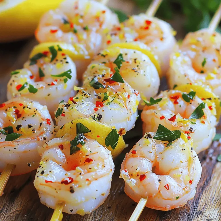 - 1 lb large shrimp, peeled and deveined - 3 tablespoons extra virgin olive oil - Zest and juice of 2 fresh lemons - 4 cloves garlic, finely minced - 1 teaspoon red pepper flakes - 1 teaspoon smoked paprika - Salt and black pepper, to taste - Fresh parsley, finely chopped - Skewers (wooden or metal, soak wooden skewers in water for at least 30 minutes) To make these lemon garlic shrimp skewers pop, you need fresh and quality ingredients. The star of the show is the shrimp, which should be large and juicy. The olive oil brings richness and helps the flavors stick. Fresh lemons add bright zest and tang. Garlic gives a warm and savory flavor. The spices give this dish a kick. Red pepper flakes add heat, while smoked paprika adds depth. Salt and black pepper enhance everything, making it all come together. For a finishing touch, fresh parsley adds color and freshness. Don't forget about the skewers! If you use wooden skewers, soaking them in water prevents burning. You can find the full recipe above for more details. To make the marinade, take a medium mixing bowl. In this bowl, combine: - 3 tablespoons extra virgin olive oil - Zest and juice of 2 fresh lemons - 4 cloves garlic, finely minced - 1 teaspoon red pepper flakes - 1 teaspoon smoked paprika - Salt and black pepper, to taste Whisk all the ingredients well until they blend into a smooth mixture. The olive oil and lemon juice create a bright flavor that enhances the shrimp. Next, add 1 pound of peeled and deveined shrimp to the marinade. Make sure each shrimp is coated well. Use a spoon or spatula for this. Cover the bowl with plastic wrap. Place it in the fridge for at least 30 minutes. This step allows the shrimp to soak in all the zesty flavors. While the shrimp marinate, preheat your grill or grill pan to medium-high heat. This ensures that the shrimp cook evenly and get a nice char. After marinating, remove the shrimp from the fridge. Thread them onto skewers, leaving a little space between each one. This helps them to cook well without steaming. Once your grill is hot, place the skewers on it. Grill the shrimp for about 2-3 minutes on each side. Look for a vibrant pink color and a firm texture. Avoid cooking them too long; overcooked shrimp can become tough. After grilling, take the skewers off the heat. Let them rest for about 1 minute. This helps the juices soak back into the shrimp. For a final touch, sprinkle with finely chopped parsley before serving. For the full experience, check out the Full Recipe. To prevent overcooking shrimp, watch the color closely. Shrimp turn pink when done. Cook them for just 2-3 minutes per side. If they curl tightly, they may be overcooked. Marinate your shrimp for at least 30 minutes. This lets the flavors soak in and makes them tasty. Keep your marinade cold while the shrimp soak. This keeps them fresh. If you use wooden skewers, soak them in water for 30 minutes. This helps prevent burning on the grill. When grilling, keep your grill at medium-high heat. This ensures even cooking and a nice char. Always keep an eye on your shrimp. They can cook quickly and need your attention. For a stunning display, serve the skewers on a large platter. Add lemon wedges for a splash of color and flavor. A small drizzle of olive oil adds shine, too. Sprinkle fresh parsley over the skewers before serving. This adds a pop of green and freshness. For an extra touch, you can arrange them in a circle or on a bed of greens to impress your guests. {{image_4}} You can swap shrimp for other proteins. Try chicken or tofu for a twist. Each option brings a unique flavor. You can even use fish like salmon. For garlic, try shallots or garlic powder. Both add nice depth without overpowering the dish. Herbs can brighten this dish. Fresh basil or cilantro adds a great touch. You can also add citrus zest, like lime or orange, for a fruity kick. Flavor-infused oils work wonders too. Try using garlic or chili oil for added taste. Marinades can change the flavor game. Mix in a splash of soy sauce or honey for a sweet touch. These skewers shine in many meals. Serve them in soft tacos with fresh veggies. Toss them on a salad for a light meal. You can also serve them over rice or quinoa for a filling dish. Add a squeeze of lemon on top for extra zing! For a fun twist, serve with a dipping sauce like spicy mayo or garlic aioli. You can find the full recipe to explore all these variations! To store leftover shrimp skewers, let them cool first. Place them in an airtight container. Store them in the fridge for up to 2 days. For longer storage, you can freeze them. Wrap each skewer in plastic wrap and then place them in a freezer bag. This helps keep them fresh. When you reheat, use a skillet or your grill. Heat a bit of oil over medium heat. Place the skewers in the pan or on the grill for about 1-2 minutes per side. This method keeps the shrimp juicy and flavorful. Avoid using the microwave, as it can make them rubbery. Shrimp skewers stay tasty for 2 days in the fridge. If you freeze them, they can last for about 3 months. However, for the best flavors, try to eat them within a month. Always check for any off smells or changes in color before eating. Enjoy your shrimp skewers fresh for the best taste! Perfectly cooked shrimp have a few clear signs. First, they turn a bright pink color. Next, they curl into a C-shape. Lastly, they become opaque in color. If the shrimp are gray or rubbery, they are overcooked. Keep an eye on them while grilling. Cooking time is usually about 2-3 minutes per side. Yes, you can use frozen shrimp. Just make sure to thaw them properly. You can do this by placing them in the fridge overnight. If you need to thaw them faster, place the shrimp in a bowl of cold water. Change the water every 30 minutes. Avoid using hot water, as it can cook the shrimp. Once thawed, rinse them under cold water before marinating. Lemon garlic shrimp skewers pair well with many dishes. Here are some great side options: - Rice: Serve over white or brown rice for a filling meal. - Salad: A fresh green salad adds crunch and balance. - Grilled Vegetables: Seasonal veggies like zucchini and bell peppers work well. - Pasta: Toss with olive oil and herbs for a light pasta dish. - Bread: Serve with crusty bread to soak up the extra marinade. For more ideas, check out the Full Recipe. These sides enhance the meal and make it special! In this blog post, we covered everything you need for lemon garlic shrimp skewers. We discussed the key ingredients, from shrimp to spices. Then, I laid out easy steps for marinating and grilling. You learned tips for cooking and presenting your skewers. We explored variations and storage options for leftovers. Perfectly cooked shrimp should be pink and firm. With these skills, you can impress anyone. Enjoy your cooking adventures and create tasty meals!