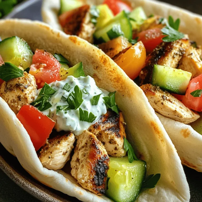 To make tasty chicken gyros, you need fresh and simple ingredients. Here’s what you will need: - 500g chicken breast, thinly sliced - 2 tablespoons olive oil - 1 tablespoon dried oregano - 1 teaspoon garlic powder - 1 teaspoon onion powder - 1 teaspoon smoked paprika - Salt and freshly ground black pepper, to taste - 4 pita breads - 1 cup Greek yogurt - 1 tablespoon fresh lemon juice - 1 cucumber, finely diced - 1 ripe tomato, finely diced - 1 small red onion, thinly sliced - Fresh parsley, chopped, for garnish These ingredients work together to create a rich flavor for your gyros. The chicken pairs well with the spices. The tzatziki adds a creamy texture that balances the dish. Feel free to add more flavors to your gyros. Here are some optional ingredients: - Feta cheese, crumbled - Bell peppers, thinly sliced - Hot sauce or chili flakes for spice These extras can personalize your gyros. They can boost the taste and make your meal even more exciting. Garnishes make your gyros look pretty and add flavor. Here are some great ideas: - Extra tzatziki sauce on the side - Sliced olives for a briny kick - Fresh mint or dill for added freshness Serve your gyros with a side of simple salad or roasted potatoes. This adds to the fun and makes a complete meal. For the full recipe, check the earlier section! To start, you need to make the chicken marinade. In a big bowl, mix the chicken breast with olive oil, dried oregano, garlic powder, onion powder, smoked paprika, salt, and pepper. Ensure every piece is coated well. Cover the bowl with plastic wrap or a lid. Let it sit in the fridge for at least 30 minutes. You can even marinate it for up to 2 hours. This step helps the chicken soak up all the flavors. Next, heat your grill or skillet over medium-high heat. When it's hot, add the marinated chicken slices. Cook them for about 6 to 8 minutes. Make sure to turn them occasionally. You want them golden brown and fully cooked. Use a meat thermometer to check the chicken's internal temperature. It should reach 75°C (165°F) to be safe to eat. While the chicken cooks, prepare the tzatziki sauce. In a medium bowl, mix Greek yogurt, fresh lemon juice, finely diced cucumber, salt, and pepper. Stir it well and set it aside. Letting it sit helps the flavors blend together nicely. This sauce adds a cool taste to your gyros. It's a perfect match for the warm chicken. For the full recipe including all ingredients and steps, see [Full Recipe]. When making chicken gyros, many people make simple errors. Here are some to watch for: - Not marinating long enough: Marinate your chicken for at least 30 minutes. Longer gives better flavor. - Overcrowding the grill: Give each piece space. This helps the chicken cook evenly. - Skipping the meat thermometer: Always check if chicken is at 75°C (165°F). This keeps it safe to eat. You can easily change the recipe to fit your needs. Here are some ideas: - Gluten-free: Use gluten-free pita or lettuce wraps instead of pita bread. - Dairy-free: Swap Greek yogurt with a non-dairy yogurt for the tzatziki sauce. - Low-carb: Serve the chicken on a salad instead of using pita bread. Grilling chicken gyros can be easy with a few tips: - Heat control: Make sure your grill is hot before adding chicken. This gives nice grill marks. - Avoid pressing down: Don’t press the chicken with a spatula. This releases juices and dries it out. - Let it rest: Always let the chicken rest after cooking. This keeps it juicy when you slice it. Using these tips will help you craft great homemade chicken gyros. For the complete recipe, check out the Full Recipe section. {{image_4}} You can swap chicken with other meats. Try beef, lamb, or pork. Each protein brings its own taste. Marinate them the same way as chicken. This gives you tasty options for your gyros. For example, beef adds a rich flavor. Lamb has a unique zest. Pork is juicy and tender. All these variations keep your meals exciting. If you prefer plant-based meals, there are great choices. Use marinated mushrooms or eggplant as your base. Grilled zucchini or bell peppers work well too. For protein, try chickpeas or lentils. These options are filling and tasty. You can still make a delicious tzatziki sauce with vegan yogurt. This lets everyone join in on the fun. Want to change up the flavor? Add spices like cumin or coriander to the marinade. This gives your gyros a warm, earthy taste. You can also try different herbs, like mint or dill. They add a fresh twist. For a kick, include hot sauce or chili flakes. Each tweak can create a new flavor experience. Enjoy creating your own unique version of homemade chicken gyros. For the full recipe, check the earlier section. To keep your leftover gyros fresh, wrap them tightly. I recommend using plastic wrap or aluminum foil. This helps prevent air from getting in and keeps the flavors locked in. Place the wrapped gyros in an airtight container or a resealable bag. Store them in the fridge for up to three days. If you notice any extra moisture, you can add a paper towel inside to absorb it. Reheating gyros can be easy. To maintain their taste and texture, use a skillet or grill. Heat it over medium heat. Place the gyros in the skillet for about 3-4 minutes. Turn them halfway through so they warm evenly. If you prefer, you can also use a microwave. Just remember to wrap them in a damp paper towel. This keeps them from drying out. Heat for 30 seconds, then check. If they need more time, heat in 10-second bursts. If you want to save gyros for later, freezing is a great option. Start by letting the cooked chicken cool completely. Then, wrap the chicken in plastic wrap. Place it in a freezer-safe bag or container. You can freeze the chicken for up to three months. When you are ready to eat, thaw it in the fridge overnight. Reheat it as mentioned earlier. You can also freeze the tzatziki sauce separately. Just remember to stir it well after thawing. To make tzatziki sauce, mix Greek yogurt, fresh lemon juice, and diced cucumber. Add salt and pepper for taste. This sauce adds a cool, creamy touch to your gyros. It’s simple and fresh. Let it sit for a few minutes to blend the flavors. Yes, you can use store-bought pita bread. It saves time and works well. Just warm the pita on the grill or in a skillet. This makes it soft and ready to hold your tasty filling. Homemade pita is great, but store-bought is quick and easy. Serve chicken gyros with a side of Greek salad or roasted veggies. You can also add extra tzatziki for dipping. For drinks, try a refreshing lemonade or some iced tea. These sides enhance your meal and bring more flavor to the table. For the full recipe, check out the complete guide on making Homemade Chicken Gyros. Homemade chicken gyros are easy and fun to make. We covered key ingredients, cooking steps, and tips to avoid mistakes. You can add your own twist by using different proteins or flavors. Storing leftovers or prepping meals ahead keeps dinner simple. With all this info, you can create a tasty meal your whole family will love. Enjoy making gyros that bring great joy to your table!