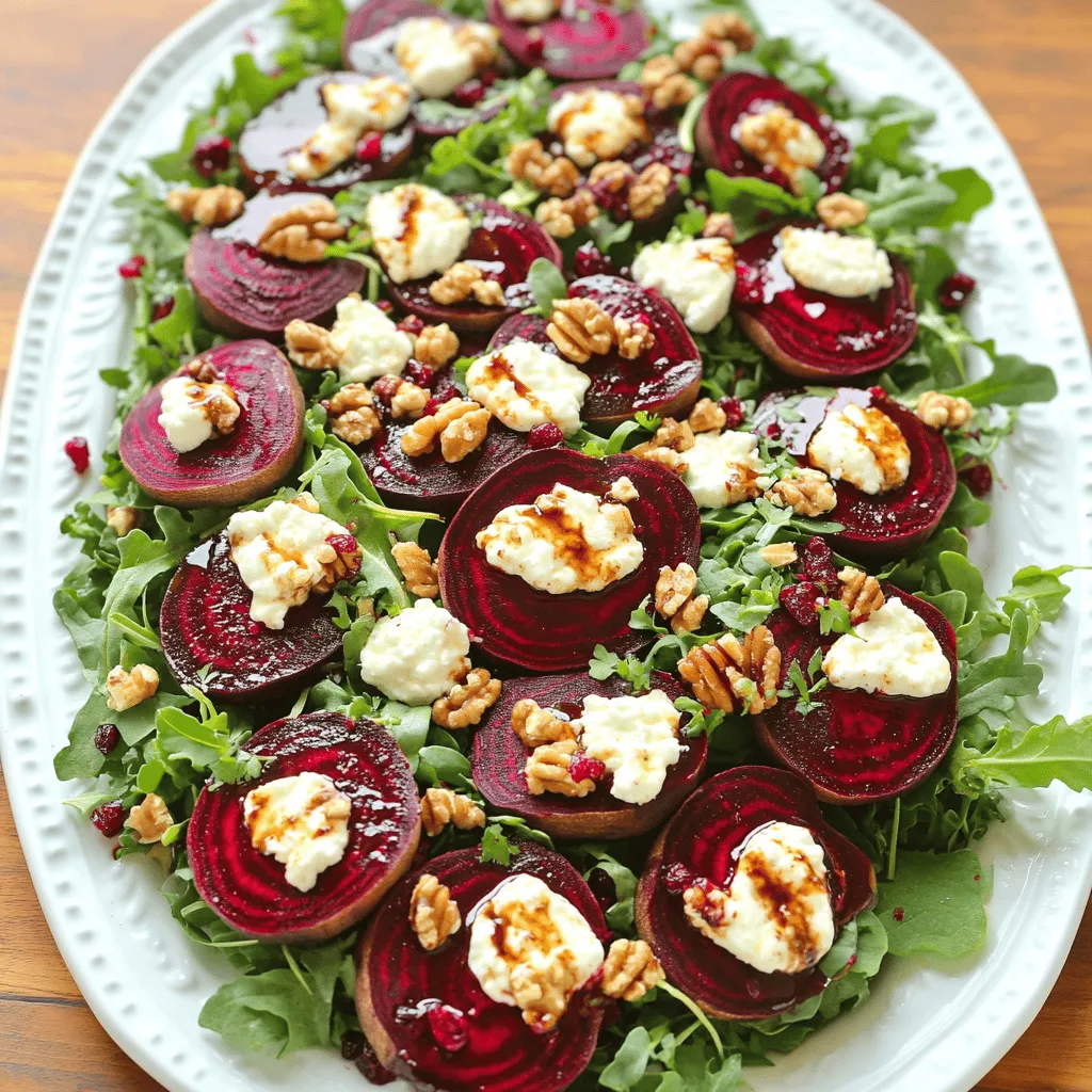 To create the Roasted Beet and Goat Cheese Salad, you will need the following ingredients: - 4 medium beets, scrubbed and trimmed - 2 tablespoons extra virgin olive oil, divided - Sea salt and freshly ground black pepper to taste - 4 cups mixed greens (arugula, spinach, and kale) - 1/2 cup creamy goat cheese, crumbled - 1/4 cup walnuts, toasted and roughly chopped - 1/4 cup dried cranberries - 2 tablespoons balsamic vinegar - 1 tablespoon pure honey - Fresh herbs (basil or parsley) for garnish Each ingredient adds not just flavor, but also nutrition. Beets are rich in vitamins and minerals. They help boost your energy levels. Goat cheese brings a creamy texture and a tangy taste. It pairs well with the sweetness of beets and cranberries. Walnuts add crunch and healthy fats, while mixed greens provide fiber. The dressing of balsamic vinegar and honey ties all the flavors together. You can find the Full Recipe for step-by-step instructions to make this delightful salad. 1. Preheat the oven: Set your oven to 400°F (200°C). This makes sure the beets roast well. 2. Wrap the beets: Take each beet and wrap it in foil. Drizzle 1 tablespoon of olive oil on them. Add sea salt and black pepper for flavor. Seal the foil tightly. 3. Roast the beets: Place the wrapped beets on a baking sheet. Roast them in the oven for 45-60 minutes. They are done when a fork easily pierces them. 1. Peel and slice the beets: Let the beets cool a bit. Then, peel off the skin. I recommend wearing gloves to avoid stains. Cut the beets into wedges for a nice look. 2. Combine salad ingredients: In a large mixing bowl, add the mixed greens, sliced roasted beets, crumbled goat cheese, toasted walnuts, and dried cranberries. Gently mix everything together. 1. Prepare the dressing: In a small bowl, whisk together the balsamic vinegar, the last tablespoon of olive oil, and honey. Stir well until combined. Taste it and add salt and pepper as needed. 2. Dress the salad: Drizzle the dressing over the salad. Toss everything gently to coat the greens and other ingredients. 3. Serve the salad: Plate the salad right away. Garnish with fresh herbs for a pop of color and extra flavor. For the full recipe, check out the Beet the Ordinary: Roasted Beet and Goat Cheese Salad. - Choosing the right beet size for even cooking: I recommend using medium beets. They cook evenly and are easy to handle. If you use larger beets, they may take longer to roast, leading to uneven texture. Smaller beets cook too quickly and may dry out. - How to properly season the beets: Before wrapping the beets in foil, drizzle them with olive oil. Add a generous pinch of sea salt and freshly ground black pepper. This simple seasoning enhances their natural sweetness and flavor during roasting. - Creative ways to plate the salad: For a stunning presentation, use a large, flat platter. Layer mixed greens as a base. Fan out the roasted beet wedges on top and sprinkle crumbled goat cheese and walnuts over the salad. This method creates a colorful and inviting look. - Garnishing tips to elevate the dish: Fresh herbs can add color and flavor. A sprinkle of chopped basil or parsley brightens the dish. You can also use edible flowers for a special touch, making it perfect for gatherings or celebrations. - Best practices for prepping ingredients in advance: You can roast the beets a day ahead. Once cooled, wrap them in plastic to keep fresh. Store the mixed greens and other ingredients separately. This way, you can quickly assemble your salad just before serving, keeping everything crisp and tasty. For the complete recipe, see [Full Recipe]. {{image_4}} You can switch up the greens in your salad to make it special. Try using arugula for a peppery kick or romaine for a crisp bite. Each green offers a different taste and texture, giving your salad a new vibe. If you want to change the cheese, feta or blue cheese can work wonders. Feta adds a salty flavor, while blue cheese brings a bold touch. Both complement the sweetness of the beets nicely. The right dressing can elevate your salad. A citrus vinaigrette adds a bright and zesty flavor. Mix fresh lemon juice with olive oil for a quick option. If you want something creamy, a yogurt dressing is perfect. It pairs well with the tang of goat cheese and makes the salad feel lush. Don’t hesitate to experiment with different dressings to find your favorite. Add protein to make your salad more filling. Grilled chicken is a great choice, giving the salad a hearty feel. For a plant-based option, chickpeas work well. They add protein and texture. You can also sprinkle seeds, like pumpkin or sunflower seeds, for some crunch. Fresh fruit, such as sliced pears or apples, can add a sweet note. Each add-in brings its own charm to the dish, making it unique every time. Don’t forget to check out the Full Recipe for more inspiration! To keep your roasted beet and goat cheese salad fresh, store it in an airtight container. Place any leftovers in the fridge. The salad will stay good for about three days. Make sure to keep the dressing separate until you are ready to eat. This helps keep the greens crisp and fresh. If you want to store beets for longer, you can freeze them. First, roast the beets as in the Full Recipe. Let them cool, then peel and slice them. Place the slices in a freezer-safe bag, removing as much air as possible. Beets can last up to six months in the freezer. However, I do not recommend freezing the prepared salad. The greens won't hold up well after thawing. When it's time to eat your stored salad, you can reheat the beets if you like. Just warm them in the microwave for about 30 seconds. Toss the salad again after reheating. This helps mix the flavors back together. If you stored the salad dressed, consider adding a bit more dressing before serving. This keeps everything tasty and vibrant. How long do roasted beets last in the fridge? Roasted beets can last up to five days in your fridge. Store them in an airtight container. This way, they stay fresh and tasty for your salads. Can I use pre-cooked beets for this recipe? Yes, you can use pre-cooked beets. They are a great time-saver. Just cut them into wedges and add them to your salad. They will still taste delicious! What type of goat cheese is best for salads? A creamy goat cheese works best for this salad. It adds a nice richness and tang. Look for soft, crumbled varieties for easy mixing. Can I substitute goat cheese with a dairy-free option? Absolutely! You can use a dairy-free cheese made from nuts. Look for a creamy cashew cheese or tofu-based option. Both will provide a nice flavor. What are the health benefits of beet and goat cheese salad? This salad is packed with nutrients. Beets are high in fiber and antioxidants. Goat cheese adds protein and calcium. Together, they support heart health and digestion. How many calories are in a serving of this salad? One serving of this salad has about 300 calories. This includes the beets, goat cheese, nuts, and dressing. It’s a great balance of flavors and nutrients without too many calories. For the complete recipe, check out the Full Recipe. This salad combines roasted beets, fresh greens, and tangy goat cheese. You learned how to roast beets and mix vibrant ingredients for a delicious dish. Remember to choose the right beet size and season well for great texture. Don't hesitate to try different greens or dressings to make it your own. Salad prep can be easy, helping you save time. Enjoy this healthy meal that packs flavor and nutrients. Make it today and impress yourself with your cooking skills!