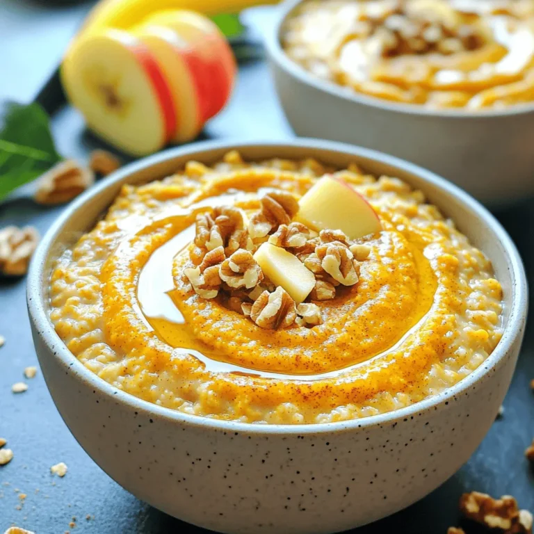 To make pumpkin spice oatmeal, gather these simple ingredients: - 1 cup rolled oats - 2 cups milk (dairy or almond) - 1/2 cup pumpkin puree - 1 teaspoon pumpkin spice blend - 1 tablespoon maple syrup or honey - 1/4 teaspoon vanilla extract - Pinch of salt - Optional add-ins: - 1/4 cup chopped walnuts - 1/4 cup dried cranberries or raisins - Fresh apple slices or banana for garnish Each ingredient plays a key role in creating a warm and comforting breakfast. The rolled oats form the base, while the pumpkin puree adds rich flavor and nutrition. Pumpkin spice blend gives that cozy fall taste, and maple syrup or honey sweetens it just right. You can customize this dish by adding walnuts for a crunchy texture or dried fruit for a hint of sweetness. Fresh fruit on top is also a great way to brighten the dish. If you follow the Full Recipe, you will have a delightful breakfast to enjoy on chilly mornings. To start, grab a medium-sized saucepan. Combine the rolled oats, milk, and a pinch of salt. Stir gently to ensure the oats mix well with the milk. Place the saucepan over medium heat. You want to bring this to a gentle simmer. Stir occasionally. This should take about five minutes until the oats soften. Once the oats are soft, it’s time to add some flavor! Carefully add the pumpkin puree, pumpkin spice blend, maple syrup, and vanilla extract to the saucepan. Stir well to combine everything. Keep cooking for another two to three minutes. This step makes the oatmeal creamy and rich. If you like some crunch, fold in chopped walnuts. For added sweetness, toss in dried cranberries or raisins if you wish. Let the oatmeal sit for one to two minutes. This resting time helps it thicken nicely before serving. Now you’re ready to enjoy your cozy pumpkin spice oatmeal! If you want the full recipe, just check the details above. To get your oatmeal just right, you can adjust its texture. If it seems too thick, add more milk. If it feels too runny, cook it a bit longer. Using fresh pumpkin spice makes a big difference in taste. The aroma and flavor become richer and more vibrant. For a lovely presentation, top your oatmeal with apple slices or banana. These fruits add sweetness and texture. You can also create decorative swirls with pumpkin puree. This not only looks nice but also adds a bit more flavor. If mornings are busy, make a large batch of oatmeal. You can easily reheat leftovers for a quick breakfast. Store it in the fridge, and it will be ready when you are. This way, you can enjoy Pumpkin Spice Oatmeal any time without the fuss. {{image_4}} You can change up the flavor of your pumpkin spice oatmeal easily. If you want a different sweetness, try using agave or brown sugar instead of maple syrup. Each sweetener brings a unique taste. For extra crunch, mix in different nuts like almonds or pecans. Seeds like chia or flax can also add a fun texture. If you follow a vegan diet, you can make this oatmeal vegan. Simply swap dairy milk for almond milk and use maple syrup for sweetness. This way, you keep all the yummy flavors while sticking to your diet. If you need a gluten-free option, just choose certified gluten-free oats. This ensures that everyone can enjoy this tasty dish. As the holidays approach, you can add cranberries or raisins for a festive twist. These fruits not only give a nice burst of sweetness but also add a pop of color. This makes your pumpkin spice oatmeal even more inviting. You can feel the warmth of the season with each bite. To explore the full potential of this recipe, check out the [Full Recipe]. Store leftovers in an airtight container for up to 3 days. This keeps your oatmeal fresh. It’s a great way to enjoy a quick breakfast later in the week. Reheat on the stovetop or in the microwave with a splash of milk. This helps restore the creamy texture. If using the stovetop, heat gently over low heat. Stir often to avoid sticking. Freeze individual servings for easy breakfasts. To enjoy, thaw overnight in the fridge. Then, reheat as usual. This method makes mornings smoother when you’re in a rush. Leftovers can be stored for up to 3 days in the fridge. Make sure to use an airtight container. This keeps the oatmeal fresh and tasty for your next breakfast. Yes, you can adjust the amount of maple syrup. You can also use an alternative sweetener if you prefer. Honey, agave, or stevia work well. Make it as sweet as you like! Simply multiply the ingredients as needed. Keep the same cooking process for best results. This way, you can feed more people or have extra for later. It is packed with fiber from oats. The pumpkin adds vitamins, making it a nourishing breakfast option. This meal supports digestion and gives you energy to start your day. Yes, it’s easy to prepare in advance. You can reheat the oatmeal quickly for busy mornings. Just store it in the fridge and warm it up when you are ready to eat. For the full recipe, check out the complete guide! This blog post explored the simple and tasty ways to make Pumpkin Spice Oatmeal. We covered the key ingredients, step-by-step cooking instructions, and helpful tips for perfecting your recipe. You can also customize it with various add-ins and flavors. This dish is not only delicious but also nutritious and great for meal prep. Enjoy a warm bowl of pumpkin spice oatmeal and kick-start your day!