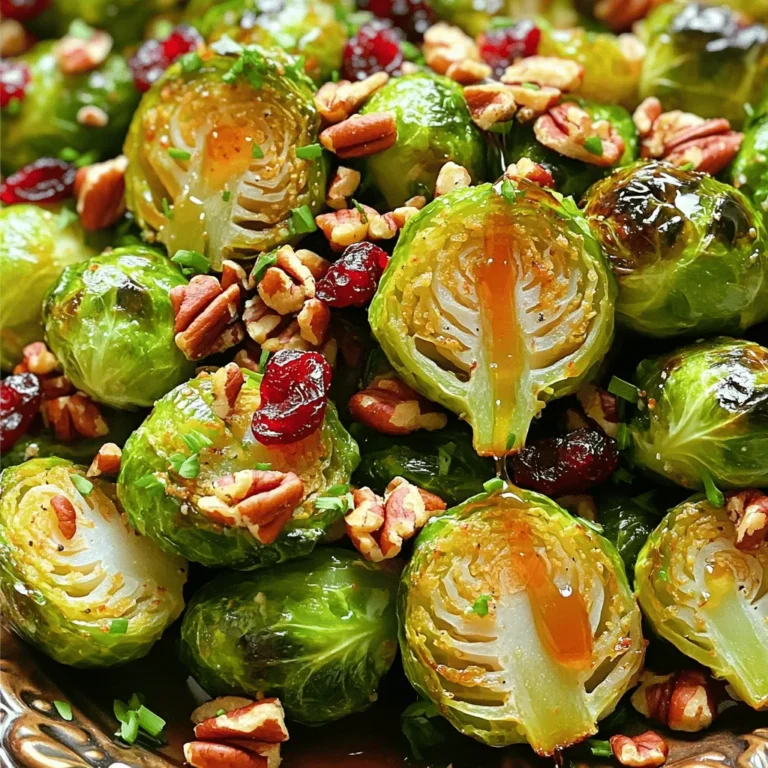 - 1 lb Brussels sprouts, trimmed and halved - 3 tablespoons pure maple syrup - 2 tablespoons extra virgin olive oil - 1 tablespoon balsamic vinegar - 2 cloves fresh garlic, finely minced - Salt and freshly cracked black pepper, to taste - 1/4 cup pecans, coarsely chopped - 1/4 cup dried cranberries To make maple glazed Brussels sprouts, you need a few simple ingredients. The main star is, of course, the Brussels sprouts. You want to start with about one pound. Trim them by cutting off the stem and halving them. This helps them roast evenly. Next, you’ll need pure maple syrup. This gives the dish a sweet and rich flavor. You’ll use three tablespoons of this golden goodness. The olive oil adds a nice depth and helps with roasting. Two tablespoons will do the trick. For extra flavor, add balsamic vinegar. It gives a tangy kick. You only need one tablespoon. Don't forget the garlic! Fresh garlic makes everything better. Two cloves, finely minced, will infuse the dish with a lovely aroma. Season with salt and freshly cracked black pepper to taste. This balances all the flavors. If you want to take it up a notch, consider adding some optional extras. Pecans add a nice crunch and richness. Use about 1/4 cup, coarsely chopped. Dried cranberries provide a sweet and chewy contrast. A 1/4 cup will add a pop of color and flavor. With these ingredients ready, you are set for a delightful side dish. For the full recipe, including cooking steps, check out the details above. - Preheat the oven to 400°F (200°C). - In a large bowl, combine the halved Brussels sprouts with olive oil, maple syrup, balsamic vinegar, and minced garlic. - Generously season the mixture with salt and freshly cracked black pepper. Toss until the Brussels sprouts are coated. - Spread the seasoned Brussels sprouts on a large baking sheet. Make sure they are in a single layer for even cooking. - In the last 5 minutes of roasting, sprinkle coarsely chopped pecans over the Brussels sprouts. This adds a nice crunch. - Once you take them out of the oven, gently fold in the dried cranberries. This adds a sweet touch that complements the dish well. These steps create a flavorful side dish that pairs well with many meals. For the complete process, check out the Full Recipe. To ensure even cooking, cut Brussels sprouts in half. This helps them cook evenly. Spread them out on the baking sheet. They should not touch each other. Stir them halfway through roasting. This promotes even browning and caramelization. To keep Brussels sprouts crispy, don’t overcrowd the baking sheet. If they are too close, they steam instead of roast. Use a hot oven, set at 400°F (200°C). The heat helps them get crispy on the outside. Best practices for seasoning include using fresh ingredients. Fresh garlic adds a strong flavor. Salt and pepper should be generous, but not overwhelming. You can also mix in a bit of red pepper flakes for heat. Try different vinegars or sweeteners for a new taste. Instead of balsamic, use apple cider vinegar for a tangy twist. Honey or brown sugar can replace maple syrup if you want a different sweetness. Each option gives the dish a unique flavor profile. For serving, use a wide platter to show off the Brussels sprouts. This makes them look inviting. Drizzle extra maple syrup on top for shine. Scatter chopped pecans and cranberries for color and crunch. For special occasions, consider adding fresh herbs as a garnish. Chopped parsley or thyme can enhance the look and flavor. You can also serve them alongside roasted meats or a rich grain dish. This makes your meal more complete and appealing. For the full recipe, be sure to check the details above! {{image_4}} You can switch the maple syrup for other sweet options. Honey adds a floral note. Agave nectar is a good choice for a mild flavor. If you prefer brown sugar, it gives a rich, warm sweetness. Just replace maple syrup with the same amount of your chosen sweetener. Brussels sprouts are great alone, but you can mix in other veggies. Carrots add a nice crunch and sweetness. Sweet potatoes bring a hearty feel and bright color. You can also use cauliflower or green beans for more variety. This makes your dish colorful and more nutritious. Spices can elevate your Brussels sprouts even more. Try adding paprika for a smoky taste. A pinch of cayenne can add heat for those who like it spicy. You can also use herbs like thyme or rosemary for fresh flavors. Just sprinkle these in when you mix the sprouts before roasting. To keep your maple glazed Brussels sprouts fresh, use airtight containers. Glass or plastic containers work well. Store them in the fridge for up to three days. After that, they may lose their flavor and texture. When you’re ready to enjoy leftovers, reheat them in the oven. Preheat your oven to 350°F (175°C). Place the sprouts on a baking sheet and warm them for about 10 minutes. This method keeps them crispy and delicious. You can also use a skillet on low heat. This way, they won’t get soggy. Yes, you can freeze maple glazed Brussels sprouts! To freeze them, first, let them cool completely. Then, place them in a freezer-safe bag. Squeeze out as much air as possible before sealing. They can last for up to three months in the freezer. When you’re ready to use them, thaw overnight in the fridge. For best results, reheat them in the oven, as mentioned above. Avoid microwaving, as it can make them mushy. Enjoy your tasty side dish anytime with these storage tips! For the complete recipe, check out the Full Recipe. Yes, you can make maple glazed Brussels sprouts ahead of time. Cook them, then cool and store in the fridge. Reheat them in the oven for about 10 minutes at 350°F (175°C). This keeps them warm and tasty. Maple glazed Brussels sprouts pair well with many dishes. Try serving them with roasted chicken or grilled salmon. They also go great with a warm quinoa salad. For a hearty meal, serve them alongside mashed potatoes or a creamy risotto. To make this recipe vegan, replace the honey with maple syrup. Ensure all your ingredients are plant-based. Use olive oil for cooking and skip any dairy products. The flavors will still shine through beautifully. Yes, Brussels sprouts are very healthy. They are low in calories and high in fiber. They also contain vitamins C and K. Eating Brussels sprouts can help support heart health and boost the immune system. Trimming Brussels sprouts is easy. Start by removing any yellow or wilted leaves. Then, cut off the stem end. If they are large, you can halve them for even cooking. This helps them roast nicely and absorb flavor better. You learned how to make delicious maple glazed Brussels sprouts. We covered the key ingredients, step-by-step cooking, and handy tips. You can now serve them with flair or store them for later. Experiment with the add-ins for more flavor. Try different techniques for roasting to get the best results. Enjoy your cooking journey and share your dish with friends. Delicious food brings people together!