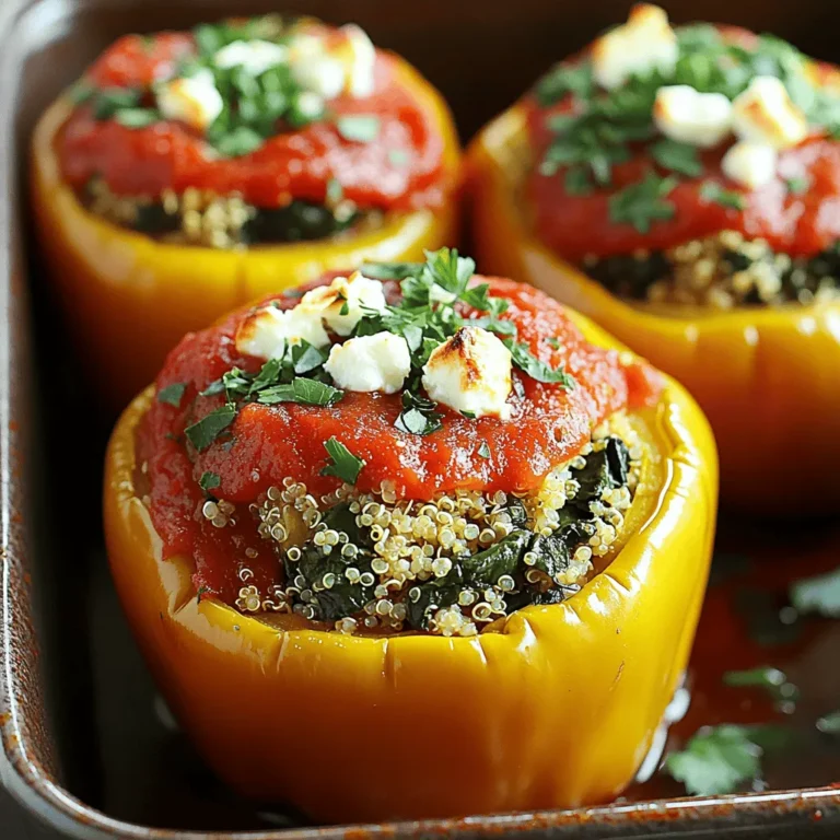 - 4 large bell peppers (choose from red, yellow, orange, or green) - 2 cups fresh spinach, finely chopped - 1 cup crumbled feta cheese (packed for extra flavor) - 1 cup cooked quinoa (or substitute with brown rice for variation) - 1 small onion, finely diced - 2 cloves garlic, minced (for aromatic depth) - 1 tablespoon extra virgin olive oil - 1 teaspoon dried oregano (or a mix of Italian herbs) - Salt and pepper to taste - ½ cup marinara sauce (store-bought or homemade for added richness) - Fresh parsley for garnish (optional, but recommended for freshness) Each ingredient in this dish brings something special: - Bell peppers: They are colorful and packed with vitamins A and C. Their sweetness balances the savory filling. - Spinach: This leafy green is rich in iron and antioxidants. It adds a fresh taste and bright color. - Feta cheese: Feta adds a creamy texture and tangy flavor. It’s lower in fat than many cheeses, making it a healthier choice. - Quinoa: This grain is high in protein and fiber. It makes the dish hearty and filling. - Onion and garlic: Both add depth and aroma. They enhance the overall flavor of the filling. - Olive oil: A heart-healthy fat, olive oil adds richness and helps with cooking the vegetables. - Oregano: This herb offers a classic Italian flavor and has anti-inflammatory properties. - Marinara sauce: It gives moisture and a rich taste. It’s also a source of lycopene, which is good for your heart. If you want to switch things up, here are some great options: - Bell peppers: Try zucchini or eggplant if you want a twist. - Fresh spinach: Kale or Swiss chard work well too. They are both hearty and flavorful. - Feta cheese: Goat cheese or ricotta can be used for a different texture. - Quinoa: Brown rice or couscous can replace it for a different grain. - Olive oil: You can use avocado oil or butter for a change in flavor. - Marinara sauce: Try pesto or a cheese sauce for a unique taste. These ingredients and substitutes give you plenty of options to create a delicious meal. For the full recipe, check out the details above! First, preheat your oven to 375°F (190°C). This helps cook the peppers evenly. Next, take 4 large bell peppers. Cut off their tops and remove the seeds. You want them empty but strong enough to stand. This gives you a great base for your filling. In a medium skillet, heat 1 tablespoon of extra virgin olive oil over medium heat. Add 1 small diced onion and 2 minced garlic cloves. Stir for about 3-4 minutes until they smell good and look clear. This step adds depth to the dish. In a large bowl, mix the sautéed onion and garlic with 2 cups of finely chopped spinach, 1 cup of cooked quinoa, and 1 cup of crumbled feta cheese. Season with 1 teaspoon of dried oregano, salt, and pepper. Stir well until everything is mixed. This filling is flavorful and packed with nutrients. Now, take each bell pepper and fill it with the spinach and feta mixture. Press it down lightly. Place the stuffed peppers upright in a baking dish. Spoon ½ cup of marinara sauce over the top of each pepper. This adds moisture and flavor while baking. Cover the dish with foil and bake for 25 minutes. Then, remove the foil and bake for another 10-15 minutes. This makes the peppers soft and the tops golden. When done, let them cool slightly before serving. You can garnish with fresh parsley for a pop of color. For the full recipe, check the details above. To make your peppers shine, focus on the filling. Use fresh spinach for the best flavor. Crumbled feta should be packed tightly for a rich taste. Mixing in some cooked quinoa adds texture and protein. Ensure you season well with salt and pepper. A little dried oregano gives it a nice kick. Always pack the filling into the peppers lightly. This way, they won’t overflow while baking. One common mistake is not pre-cooking the spinach. This step helps release excess moisture. Another error is over-stuffing the peppers. Too much filling can lead to messy baking. Also, avoid using peppers that are too small. They need enough space to hold all the goodness. Always check that your oven is preheated. A hot oven helps the peppers cook evenly and become tender. Serve your spinach and feta stuffed peppers warm. Pair them with a simple green salad for balance. A drizzle of balsamic glaze on top adds a sweet touch. You can also serve them with crusty bread to soak up the sauce. For a more filling meal, add a side of roasted vegetables. If you want to impress, garnish with fresh parsley. It brightens the dish and adds a pop of color. For the full recipe, check out the Spinach and Feta Stuffed Peppers! {{image_4}} You can make stuffed peppers vegan easily. Instead of feta cheese, try using tofu. Crumble firm tofu and mix it with nutritional yeast. This gives a cheesy flavor without dairy. You can also add vegan cheese if you like. For the protein, replace quinoa with lentils or chickpeas. Both options work well and add great taste. Use vegetable broth instead of olive oil when sautéing to keep it vegan. If you need a gluten-free meal, you are in luck. Quinoa is naturally gluten-free. It’s a perfect base for the filling. You can also use brown rice or cauliflower rice as substitutes. Both options keep the dish light and healthy. Just check your marinara sauce to ensure it is gluten-free. Most store-bought brands are, but it is good to verify. Want extra flavor? Try adding spices like cumin or smoked paprika to the filling. These spices will add a nice kick. You can also mix in sun-dried tomatoes for a sweet and tangy taste. Fresh herbs like basil or dill will brighten the dish as well. For a bit of crunch, sprinkle some pine nuts or walnuts on top before serving. These add a delightful texture and taste. For the full recipe, check out the Spinach and Feta Stuffed Peppers recipe above. After enjoying your spinach and feta stuffed peppers, store any leftovers in an airtight container. This keeps them fresh for up to three days in the fridge. Make sure they are completely cooled before sealing. If you want to keep them longer, freezing is a great option. To reheat your stuffed peppers, preheat the oven to 350°F (175°C). Place the peppers in a baking dish and cover with foil. Bake for about 20 minutes or until they are hot throughout. You can also use a microwave for quick reheating. Just place a pepper on a plate and heat for 2-3 minutes, checking to ensure it heats evenly. If you want to freeze your stuffed peppers, it's best to do so before baking. Wrap each pepper tightly in plastic wrap and then in foil to prevent freezer burn. They can last up to three months in the freezer. When you are ready to cook, thaw them overnight in the fridge. Then, bake them as per the full recipe instructions. This way, you get a fresh and tasty meal whenever you want! To make spinach and feta stuffed peppers, start by preheating the oven to 375°F (190°C). Cut the tops off the bell peppers and remove the seeds. In a skillet, heat olive oil, then sauté diced onion and minced garlic until soft. Add chopped spinach, cooking until wilted. In a bowl, mix the sautéed veggies with cooked quinoa, crumbled feta, oregano, salt, and pepper. Stuff the mixture into the peppers, add marinara sauce on top, and bake for about 35-40 minutes. For the full recipe, refer to the section above. Yes, you can use frozen spinach! Just make sure to thaw and drain it well. Frozen spinach can save time and still offer great flavor. It may have more moisture than fresh spinach, so be sure to squeeze out excess water before mixing it with other ingredients. This keeps your filling from getting soggy. The best peppers for stuffing are large bell peppers. You can use red, yellow, orange, or green ones. They are sweet, tender, and hold their shape well. Choose peppers that feel firm and have no blemishes. If you want a spicier kick, consider using poblano or Anaheim peppers. These add a different flavor profile. Stuffed peppers can last in the fridge for about 3 to 4 days. Store them in an airtight container to keep them fresh. When you’re ready to eat, just reheat them in the oven or microwave. If you notice any off-odors or mold, it’s best to discard them. Yes, you can make this dish ahead of time! You can prepare the stuffed peppers and store them in the fridge before baking. Just cover them tightly with foil or plastic wrap. When you’re ready to bake, you may need to add a few extra minutes to the cooking time since they will be cold. This makes meal prep easier and saves time on busy days. In this post, we covered how to make stuffed peppers. I shared the best ingredients, key benefits, and substitutes. We went through step-by-step instructions on preparation, stuffing, and baking. Tips helped you avoid common mistakes and offered serving ideas. We explored options for vegan and gluten-free variations too. Finally, I provided storage info and answered common questions. These stuffed peppers are tasty and fun to make. Try this dish for a healthy and satisfying meal.