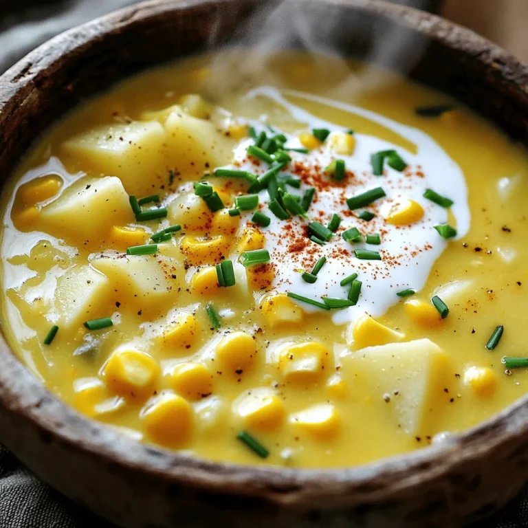 To make creamy corn chowder, you need a few key ingredients. Here’s what you'll need: - 4 cups fresh corn kernels (or 3 cups frozen corn if fresh isn't available) - 1 medium onion, finely diced - 2 cloves garlic, minced - 2 medium potatoes, peeled and cut into small cubes - 3 cups vegetable broth - 1 cup heavy cream (substitute with coconut milk for a lighter alternative) - 2 tablespoons olive oil - 1 teaspoon smoked paprika - Salt and freshly cracked black pepper, to taste - Fresh chives, chopped for garnish These ingredients come together to create a warm and comforting dish that's perfect for any meal. You can play with the flavors by adding some herbs and seasonings. Here are some great options: - Thyme adds a nice earthy flavor. - Bay leaves can deepen the taste. - A pinch of cayenne pepper gives a spicy kick. - Fresh parsley offers a bright, fresh note. Feel free to mix and match according to your taste. If you want to change things up, there are easy substitutes you can use: - Use chicken broth instead of vegetable broth for more depth. - Swap potatoes with sweet potatoes for a sweeter chowder. - Coconut cream can replace heavy cream for a dairy-free option. - If you don’t have corn, try using diced carrots or peas. These substitutes help you make the chowder your own while keeping it delicious. For the complete recipe, check out the Full Recipe section. First, gather all your ingredients. You need corn, onion, garlic, potatoes, vegetable broth, cream, olive oil, smoked paprika, salt, and pepper. This setup makes your cooking time smooth and easy. 1. Heat olive oil in a big pot over medium heat. 2. Add diced onion. Sauté for 4-5 minutes until soft and clear. 3. Stir in minced garlic. Cook for 1-2 minutes, letting the aroma fill the air. 4. Add diced potatoes and corn. Mix well to combine all ingredients. 5. Pour in vegetable broth. Bring it to a boil, then reduce to a simmer. 6. Cook for about 15 minutes. Check that the potatoes are tender when poked with a fork. 7. Use an immersion blender to puree part of the soup. This gives it a creamy touch while keeping some chunks. If you lack an immersion blender, blend half in a regular blender and return it to the pot. 8. Stir in heavy cream and smoked paprika. Let it simmer for 5 more minutes. 9. Taste the chowder. Add salt and pepper to your liking. 10. Serve hot in bowls, garnished with chopped chives for a fresh look. The key is to blend only part of the chowder. This keeps some pieces of corn and potato. If you want a creamier soup, blend more. Just make sure to leave some texture for the best experience. To make the best creamy corn chowder, use fresh corn when possible. Fresh corn adds sweetness and flavor. If you can't find fresh corn, frozen corn works well. You can also mix in some smoked paprika for a nice depth. It adds a warm, smoky flavor that complements the corn. Remember to taste as you go. Adjust seasoning with salt and pepper to bring out the flavors. One common mistake is overcooking the potatoes. They should be tender but not mushy. If they fall apart, your chowder may not have the right texture. Another mistake is not blending enough. A good balance of smooth and chunky is key for a satisfying chowder. Lastly, avoid adding cream too early. This can curdle the cream and ruin the chowder. To save time, prep all your ingredients before you start cooking. Chop the onion, garlic, and potatoes ahead of time. This helps the cooking process flow smoothly. You can also use a food processor for quick chopping. If you're short on time, consider using a pre-made vegetable broth. It cuts down on prep time and still gives great flavor. Lastly, using an immersion blender allows you to blend directly in the pot, saving on cleanup. For a complete guide on making this dish, check out the Full Recipe. {{image_4}} You can easily make a vegan version of this chowder. Simply swap the heavy cream for coconut milk. This change keeps the soup rich and creamy. You will also use vegetable broth as your base. The other ingredients remain the same. This version is full of flavor and is plant-based. If you need a gluten-free chowder, feel free to enjoy this recipe as is. All the ingredients listed are naturally gluten-free. Just check the labels on your vegetable broth and spices. Some brands may add gluten. With careful selection, you can enjoy a delicious gluten-free creamy corn chowder. Looking to jazz up your chowder? Consider adding these ingredients: - Fresh herbs: Try thyme or basil for added aroma. - Spices: A pinch of cayenne or chili powder can spice things up. - Vegetables: Bell peppers or carrots can add color and flavor. - Proteins: For a heartier dish, add cooked bacon or shredded chicken. These enhancements let you create a chowder that suits your taste. Play around with different combinations to find what you love best. You can find the full recipe above to guide your cooking. To store leftover creamy corn chowder, let it cool first. Once it cools, pour it into an airtight container. Seal it tightly to keep out air. Place it in the fridge. It will stay fresh for about 3 to 4 days. When you are ready to eat, just take it out and heat it up. You can freeze creamy corn chowder for longer storage. Use a freezer-safe container or a heavy-duty freezer bag. Leave some space at the top because it may expand. Label it with the date. The chowder can last in the freezer for up to 3 months. When you want to eat it again, just thaw it in the fridge overnight. Reheat creamy corn chowder on the stove for the best taste. Pour it into a pot over low heat. Stir it often to avoid sticking. You might need to add a splash of broth or cream to bring back its creamy texture. If you use a microwave, heat it in short bursts. Stir in between to ensure even heating. Enjoy your delicious chowder! To thicken your creamy corn chowder, you have a few options. You can add more potatoes, as they will break down and create a nice creamy texture. Another choice is to blend a portion of the soup, which helps thicken it without losing flavor. Lastly, you can mix in a cornstarch slurry. Just combine equal parts cornstarch and cold water, stir it into the chowder, and let it simmer until it thickens. Yes, you can use canned corn if fresh corn is not on hand. Canned corn is convenient and still tasty. Just make sure to drain it well before adding it to your chowder. This will help keep the soup from getting too watery. The flavor may be slightly different, but it will still be yummy. Creamy corn chowder pairs well with many sides. I love to serve it with crusty bread for dipping. A fresh green salad also adds a nice crunch and balances the chowder’s creaminess. For a heartier meal, consider grilled cheese sandwiches or a simple quesadilla. These options will make your meal feel complete and satisfying. Want to try my full recipe? Check it out for more tips! This article covered how to make creamy corn chowder from scratch. You learned about key ingredients, easy steps, and tips for success. We discussed variations to fit your diet and how to store leftovers for later use. Remember, you can customize this chowder to match your taste. I hope you feel ready to try this comforting recipe in your kitchen. Enjoy making it and share your own spin with friends!