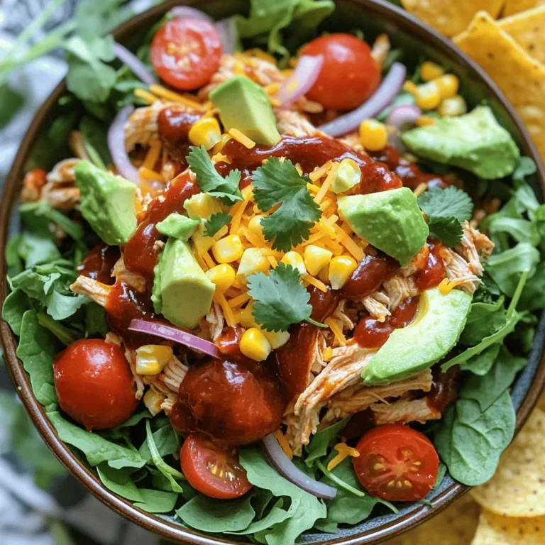 - 2 grilled chicken breasts, shredded - 1 cup BBQ sauce (choice of homemade or your favorite store-bought) - 4 cups mixed greens (combination of spinach, arugula, and romaine) - 1 cup cherry tomatoes, halved - 1 cup corn (freshly cooked, canned, or frozen) - 1 ripe avocado, diced - ½ cup red onion, finely sliced - ½ cup shredded cheddar cheese - ¼ cup fresh cilantro, chopped (optional for garnish) - Salt and freshly ground black pepper, to taste - Tortilla chips, for serving on the side Gather these ingredients before you start cooking. Grilled chicken gives a great flavor. You can use any BBQ sauce you like. If you want homemade sauce, that works too! The salad greens add crunch and freshness. Cherry tomatoes and corn give sweetness. Avocado adds creaminess. Red onion gives a nice bite. Shredded cheese makes everything richer. The cilantro is optional, but it adds a nice touch. Finally, don’t forget the tortilla chips for a fun crunch on the side. This combination makes for a bright, colorful, and tasty BBQ chicken salad bowl. For the complete recipe, follow the steps provided in the article. First, shred your grilled chicken breasts. Place the chicken in a medium bowl. Next, pour in your BBQ sauce. You can use homemade sauce or your favorite store-bought kind. Mix it well. Make sure every piece of chicken gets coated with the sauce. This step is key to getting great flavor. After mixing, set the chicken aside. Let it sit for a few minutes. This allows the flavors to meld together. Grab a large salad bowl for this part. Start by adding your mixed greens, which can include spinach, arugula, and romaine. Next, toss in the halved cherry tomatoes, corn, and sliced red onion. Use salad tongs or your hands to mix the greens and veggies. You want everything to be evenly distributed. Now, gently add the diced avocado. Take care to fold it in without mashing it. This keeps the avocado pieces intact and adds a creamy texture. Now it’s time for the fun part! Divide your colorful salad mixture into individual serving bowls. This makes for a beautiful display. On top of each bowl, add a generous scoop of the BBQ chicken. Finish each bowl with a sprinkle of shredded cheddar cheese. This adds richness and flavor. If you like, you can also garnish with fresh cilantro. This step gives a nice touch. Serve your bowls with tortilla chips on the side. They add a satisfying crunch to the meal. For the full recipe, check out the earlier section. Grilling chicken gives it a smoky flavor. This method adds a nice char. Baking chicken is easier and keeps it juicy. Choose what fits your time and setup. For great BBQ flavor, marinate the chicken overnight. This helps the sauce soak in well. Boost your BBQ sauce with spices. Try adding garlic powder, onion powder, or smoked paprika. Fresh herbs like oregano or thyme can also work wonders. If you want cheese alternatives, try feta or goat cheese. Both add a tangy kick to your salad. Layer your salad ingredients for a beautiful look. Start with greens, then add the chicken. Place colorful toppings like tomatoes and corn on top. Use bright bowls to make the meal pop. Vibrant tortilla chips add a fun touch and great crunch. For the full recipe, check back to the beginning! {{image_4}} You can make BBQ chicken salad bowls even more fun by swapping ingredients. Instead of grilled chicken, try using pulled pork or even tofu for a vegetarian option. These proteins still soak up that yummy BBQ flavor. For salad greens, don't feel stuck with just one type. You can mix in kale, romaine, or even baby spinach. Each green adds a new taste and texture. You might also consider adding different vegetables like bell peppers or cucumbers. They can add a nice crunch and freshness to your bowls. While BBQ sauce is a star, you can explore other dressings too. Ranch dressing gives a creamy twist. A tangy vinaigrette can make the salad lighter. Try mixing BBQ sauce with ranch for a unique blend. Don't hesitate to play with BBQ sauce flavors. You could use a spicy version for a kick or a honey BBQ for sweetness. Each type creates a new experience every time you make this dish. When serving your BBQ chicken salad bowls, think about sides that go well. Cornbread or sweet potato fries are great options. They can balance the salad's freshness with some warmth. Get creative with your bowls. Use large lettuce leaves as edible bowls or even hollowed-out bell peppers. This makes your meal fun and different. Plus, it adds color and excitement to your table. For more ideas, check out the Full Recipe to get inspired on how to mix things up! To keep your BBQ chicken salad fresh, store it in the fridge. Use airtight containers. This helps keep the flavors and textures intact. You can also separate the chicken from the salad if you prefer. For reheating BBQ chicken, place it in a microwave-safe dish. Heat it for short intervals, about 30 seconds at a time. Stir it in between to ensure even heating. You want it warm, not hot, to keep the chicken juicy. You can safely eat your prepared salad for up to three days. After that, the greens may wilt and lose their crunch. If you want to keep it longer, consider freezing some components. You can freeze the BBQ chicken for up to three months. Just make sure to package it well in freezer bags. The salad greens and toppings should stay in the fridge, as freezing changes their texture. For a full recipe on how to make this delicious dish, check the [Full Recipe]. It takes about 15 minutes to prep and 15 minutes to cook. So, in total, you’ll need around 30 minutes. This quick time makes it perfect for busy days. Yes, you can prepare this salad ahead of time! Just keep the salad and chicken separate until you’re ready to eat. This way, the greens stay fresh and crisp. You can store the chicken in the fridge for up to three days. When you are ready, mix them together for a tasty meal. If you want to swap out BBQ sauce, you can try teriyaki sauce for a sweet twist. Ranch dressing also works well if you prefer something creamy. Each option gives a different flavor, making your salad fun and unique. To make this recipe gluten-free, choose a gluten-free BBQ sauce. Many brands offer tasty options. Also, ensure your tortilla chips are gluten-free. This way, you can enjoy this dish without worry! This blog post detailed how to create tasty BBQ chicken salad bowls. You learned about key ingredients, from grilled chicken to colorful salad greens. We discussed step-by-step instructions for preparing and assembling the salad, along with cool tips for flavor and presentation. You also discovered variations for ingredients, sauces, and serving suggestions. Now, you can enjoy these bowls at home. Try new flavors and enjoy your meals. With simple swaps, your salad will always be fresh and fun.
