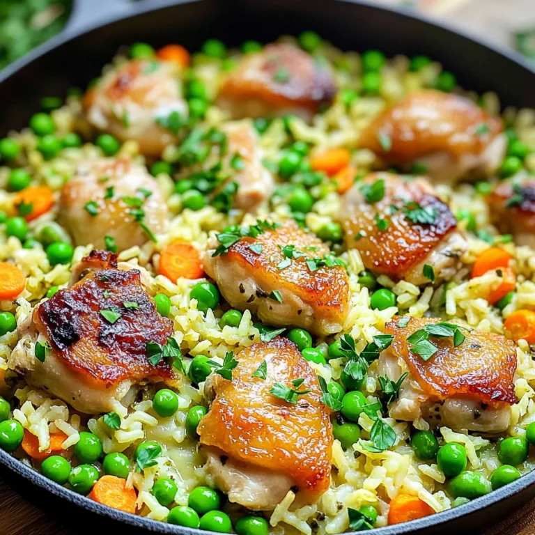 - 2 cups boneless, skinless chicken thighs, diced into bite-sized pieces - 1 cup long-grain rice - 2 cups low-sodium chicken broth For this dish, I love using chicken thighs. They stay juicy as they cook. Long-grain rice works best here. It cooks evenly and gives a nice texture. Chicken broth adds rich flavor to the rice and chicken. - 1 medium onion, finely diced - 2 cloves garlic, minced - 1 tablespoon extra virgin olive oil - 1 teaspoon dried thyme - 1 teaspoon smoked paprika - Salt and freshly ground black pepper to taste Onion and garlic make a great base for this dish. They bring warmth and depth. Olive oil helps to sauté the chicken and vegetables. Thyme and paprika add a nice herbal and smoky note. Season well with salt and pepper to enhance all the flavors. - 1 cup frozen peas and carrots - Fresh parsley, chopped (for garnish) Frozen peas and carrots add color and nutrients. They cook quickly, making them perfect for this one-pan meal. Fresh parsley adds a pop of green. It makes the dish look fresh and inviting. You can find the full recipe for this Chicken and Rice Skillet Bake in the section above. Enjoy cooking! - Preheat your oven to 375°F (190°C). This step ensures even cooking. - Dice 2 cups of boneless, skinless chicken thighs into bite-sized pieces. - Finely dice 1 medium onion and mince 2 cloves of garlic. - Heat 1 tablespoon of extra virgin olive oil in a large oven-safe skillet over medium heat. - Add the diced chicken and season with salt, black pepper, 1 teaspoon dried thyme, and 1 teaspoon smoked paprika. - Sauté the chicken for 5-7 minutes until browned. Stir occasionally to cook evenly. - Stir in the diced onion and minced garlic, cooking for an additional 2-3 minutes until fragrant. - Add 1 cup of long-grain rice to the skillet, stirring to coat it with the chicken mixture. - Pour in 2 cups of low-sodium chicken broth and mix in 1 cup of frozen peas and carrots. - Cover the skillet with a lid or aluminum foil. Transfer it to your preheated oven. - Bake for 25-30 minutes until the rice is tender and has absorbed most of the liquid. - Remove the skillet from the oven and let it rest for 5-10 minutes. This step allows the rice to finish cooking. - Fluff the rice gently with a fork before serving. - Garnish with fresh parsley for a pop of color. For the full recipe, refer to the details provided above. To get the best texture for your chicken and rice skillet bake, pay attention to cooking times and temperatures. Always preheat your oven to 375°F (190°C) before you start cooking. This helps the dish cook evenly. The chicken should brown well before you add the rice. It usually takes about 5-7 minutes on medium heat. When the dish is done baking, let it rest for 5-10 minutes. This allows the rice to absorb the last bit of steam. Use a fork to fluff the rice gently. This step makes the rice light and airy. To boost the flavor, add herbs and spices. Dried thyme and smoked paprika work great in this dish. You can also try fresh herbs like rosemary or basil for a twist. Using homemade stock gives a richer taste than store-bought. If you don’t have homemade stock, choose a low-sodium version from the store. This helps control the saltiness of your dish. For this recipe, use a large oven-safe skillet. A cast-iron skillet is perfect as it retains heat well. If you don’t have one, any other oven-safe skillet will work. Make sure you have a sturdy spatula for stirring. A sharp knife is also important for chopping the chicken and veggies. These tools will help make your cooking easier and more fun. For more details, you can check the Full Recipe to get started! {{image_4}} You can swap chicken with turkey or tofu. Both options work well. If you use turkey, choose thighs for juiciness. Cut them into similar-sized pieces as chicken. For tofu, use firm or extra-firm. Drain and press it first. Then, cube it and sauté it until golden. This gives it a nice texture. If you want a vegetarian version, try adding beans or lentils. They add protein and fiber. Black beans or chickpeas are great options. They mix well with the rice and spices. While long-grain rice is classic, you can use brown rice or quinoa. Brown rice adds more fiber and a nutty flavor. It takes longer to cook, so adjust your liquid and time. Quinoa cooks faster and is full of protein. Rinse quinoa well before cooking to remove bitterness. For cooking techniques, brown rice needs more water. Use a 2:1 water-to-rice ratio. Quinoa uses a 1:2 ratio. Follow the cooking times on the package for best results. Try using seasonal vegetables for extra flavor. Fresh bell peppers, zucchini, or spinach work well. You can also add broccoli or asparagus for crunch. Just chop them into bite-sized pieces so they cook evenly. If you have favorite veggies, feel free to mix them in. Just remember to adjust cooking times. Softer veggies like spinach need less time than harder ones like carrots. This way, you can customize the dish to your taste. After cooking, let your Chicken and Rice Skillet Bake cool down. This step helps prevent bacteria growth. Allow it to sit at room temperature for no more than two hours. If you need to cool it faster, place the skillet in a cooler area of your kitchen. Use a large spoon to stir, which speeds up the cooling. Store your dish in airtight containers. Glass or plastic containers work well. Make sure to separate any leftovers into smaller portions. This way, they cool more quickly and evenly. You can keep leftovers in the fridge for about three to four days. Always check for any signs of spoilage before eating. To reheat, you can use the microwave or the oven. If using a microwave, place the food in a microwave-safe dish. Heat it in short bursts of one to two minutes. Stir in between to ensure even heating. If you prefer the oven, cover the dish with foil. Heat it at 350°F (175°C) for about 15 to 20 minutes. This method keeps the texture and flavor intact. Enjoy your delicious meal again! Yes, you can use frozen chicken. Just make sure to thaw it first. You can do this safely in the fridge overnight. If you're in a hurry, use the microwave’s defrost setting. Cook the chicken fully to 165°F (75°C) for safety. This ensures you kill any harmful bacteria. This dish takes about 40 minutes to make. The prep time is around 15 minutes. Cooking in the oven takes about 25 to 30 minutes. This gives the rice time to soak up the broth and flavors. You can serve this dish with a fresh salad. A simple green salad with vinaigrette works well. Garlic bread also adds a nice touch. For garnishes, try fresh parsley or a squeeze of lemon. A drizzle of hot sauce can add some heat if you like spice. This blog post covers the essentials for a delicious Chicken and Rice Skillet Bake. We discussed key ingredients like chicken thighs, rice, and spices. I provided step-by-step cooking instructions and shared tips for perfect texture and flavor. You can even explore variations with proteins and grains. Remember to store and reheat your leftovers correctly. Cooking can be fun and rewarding. Use these ideas to create a meal your loved ones will enjoy! Make it your own and have fun in the kitchen.