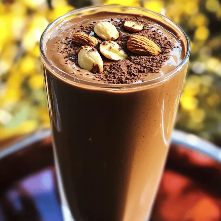 To create your Chocolate Almond Butter Shake, gather these ingredients: - Perfectly ripe banana - Creamy almond butter - Unsweetened cocoa powder - Honey or maple syrup - Almond milk (or preferred milk variety) - Pure vanilla extract - Flaky sea salt - Ice cubes (optional) Each ingredient plays a key role in making your shake smooth and tasty. The banana gives a natural sweetness and creaminess. Almond butter adds healthy fats and a nutty flavor that blends perfectly with cocoa. Unsweetened cocoa powder provides rich chocolate taste without added sugars. Honey or maple syrup can sweeten your shake just right. Using almond milk keeps the shake light and dairy-free. Pure vanilla extract enhances the overall flavor, while flaky sea salt balances the sweetness. Ice cubes are optional but help create a thicker shake if that’s your preference. For the full recipe, follow the steps provided in the instructions section. Enjoy crafting your delicious shake! - Peel and slice the banana: Start by peeling your ripe banana. Slice it into smaller pieces. This helps it blend easier. - Add ingredients to the blender: Toss the banana slices into the blender. Now add the almond butter, cocoa powder, honey or maple syrup, almond milk, vanilla extract, and a pinch of sea salt. - Incorporate ice cubes if desired: If you want a thicker shake, add the ice cubes. This gives your shake a nice chill. - Blend until smooth: Blend all the ingredients on high speed. Keep blending until everything is smooth and creamy. - Adjust sweetness as needed: Taste your shake. If you want it sweeter, add more honey or maple syrup. Blend again if you add more. - Pour and garnish: Once your shake is perfect, pour it into a tall glass. You can garnish it with cocoa powder or whole almonds for a nice touch. For the full recipe, check the details above. Enjoy! - Choosing the right banana: Use a perfectly ripe banana. It should be yellow with some brown spots. This banana adds the best sweetness and creaminess to your shake. - Perfecting the blend time: Blend for about 30 seconds. This time helps mix all ingredients well. Stop blending once the shake is smooth with no lumps. - Adding optional ingredients for health benefits: You can add a handful of spinach for extra nutrients. Chia seeds or protein powder also boost your shake’s nutrition. - Alternative natural sweeteners: You can swap honey for maple syrup or agave nectar. Each option adds unique flavors. - Tips for reducing sweetness: Use less sweetener to start. You can always add more later. This way, you control the taste better. - Garnishing options: Top your shake with a sprinkle of cocoa powder. Whole almonds or a drizzle of almond butter also look great. - Serve in unique glassware: Try using mason jars or tall glasses. Fun glassware makes your shake more inviting! For the full experience, check out the [Full Recipe]. {{image_4}} You can switch up your nut butter for a new taste. Try peanut butter if you want a classic flavor. Cashew butter gives a creamy touch too. For the milk, almond milk is great, but soy or oat milk works well too. If you want more protein, add some Greek yogurt. Want greens? Throw in a handful of spinach. You won’t taste it, but you'll get extra nutrition. Spices add depth to your shake. A dash of cinnamon or nutmeg makes it warm and cozy. You can also toss in fruits for a twist. Berries or a scoop of avocado adds creaminess and flavor. Each small change can make your shake feel fresh and exciting. Want to make it vegan? Just use maple syrup instead of honey. For gluten-free, this shake is already safe. If you're watching carbs, skip the honey or use a low-carb sweetener. You can enjoy this shake while sticking to your diet plan. For the full recipe, check out the details above. After making your Chocolate Almond Butter Shake, you might have some leftovers. To keep it fresh, pour it into an airtight container. Store the shake in the fridge. It will stay good for about 1 to 2 days. Before drinking, shake or stir it well. This helps mix any separation. If you want to prepare your shake in advance, freezing is a great choice. Pour the shake into ice cube trays or freezer-safe bags. Freeze it for up to a month. When you’re ready to enjoy it, blend the frozen cubes with a little almond milk. This creates a delicious, chilled treat. The shelf life of your shake depends on how you store it. In the fridge, it lasts about 1 to 2 days. If you freeze it, you can keep it for up to a month. Look for signs of spoilage. If the shake smells sour or has a strange color, it’s time to toss it. Always trust your senses. Enjoy your shake at its best! To make a chocolate almond butter shake, gather your ingredients first. You need a ripe banana, creamy almond butter, cocoa powder, honey or maple syrup, almond milk, vanilla extract, and a pinch of sea salt. Start by peeling and slicing the banana. Then, put all ingredients in a blender. Blend until smooth and creamy. Adjust the sweetness if needed. Pour it into a glass and enjoy! Yes, you can substitute almond milk with other types of milk! Options include cow's milk, soy milk, or oat milk. Each type will change the taste slightly. Choose what you like best or what you have on hand. Almond butter offers many health benefits. It contains healthy fats, protein, and fiber. These nutrients can help you feel full and satisfied. Almond butter also has vitamin E, which helps skin health. It may support heart health and provide energy too! Yes, you can make the shake ahead of time. Store it in the fridge for up to 24 hours. If you want to keep it fresh, use an airtight container. Shake it well before drinking to mix everything again. Absolutely! You can use other sweeteners, like agave syrup or stevia. Adjust the amount based on your taste. Each sweetener has a different flavor, so choose one you enjoy! Check out the Full Recipe for more ideas. This blog shared a simple recipe for a delicious chocolate almond butter shake. You learned about the key ingredients, from ripe bananas to creamy almond butter. I also provided tips for the best blending and sweetening options. You can make it your own with various flavors and dietary changes. Remember to store it right for maximum freshness. Enjoy your shake! It’s easy to make, tasty, and can fit any diet. Have fun creating your perfect blend!