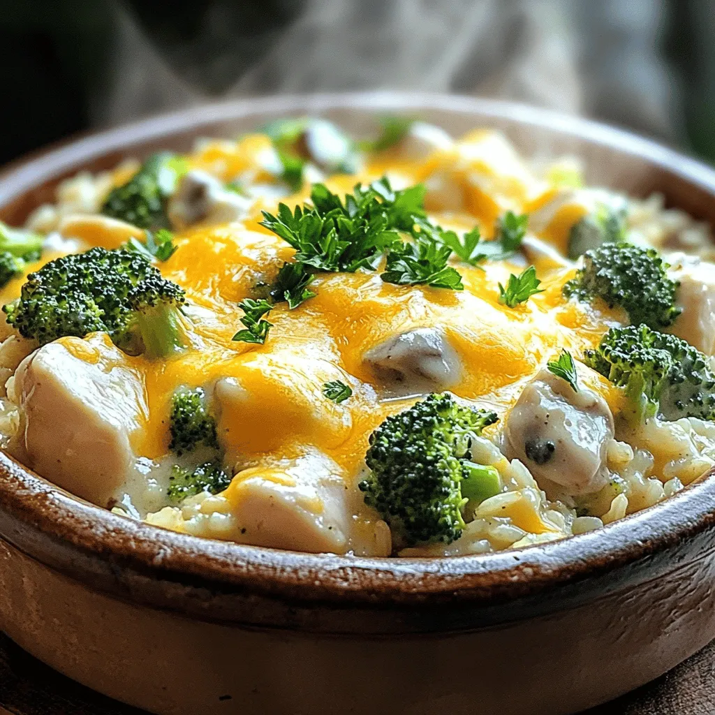 To make this simple chicken and rice casserole, you'll need: - 2 cups cooked rice (white or brown) - 1 pound boneless, skinless chicken thighs, cubed - 1 cup broccoli florets (fresh or frozen) - 1 cup sharp cheddar cheese, shredded - 1 can (10.5 oz) cream of mushroom soup (or cream of chicken) - 1 cup chicken broth - 1 small onion, finely chopped - 2 cloves garlic, minced - 1 teaspoon dried thyme - 1 teaspoon smoked paprika - Salt and pepper to taste - 1 tablespoon olive oil - Optional: Fresh parsley, chopped, for garnish You can easily swap some ingredients for what you have. Use brown rice instead of white for more fiber. If you prefer chicken breast, it works too! Want a lighter soup? Try a low-fat cream of mushroom. You can also use frozen broccoli if fresh isn't available. Cheese lovers can mix in mozzarella or gouda for a twist. Make sure to measure the rice after cooking it. This ensures you have the right texture in your casserole. For the chicken, use a kitchen scale for precise weight. When chopping the onion and garlic, aim for small, even pieces. This helps them blend well in the dish. Remember, cooking is about balance. If you're unsure, start with less salt and add more later. To start, gather your ingredients. You will need cooked rice, chicken, broccoli, cheese, and soup. Here’s how to prepare: 1. Preheat your oven to 375°F (190°C). This is key for baking. 2. In a large skillet, heat the olive oil over medium heat. Add the chopped onion and sauté for 3-4 minutes. You want it soft and fragrant. 3. Next, add the minced garlic and cubed chicken. Sprinkle in salt, pepper, thyme, and smoked paprika. Cook for 6-7 minutes. Stir often until the chicken is nicely browned. Now, it's time to mix everything together: 1. In a big bowl, combine the cooked rice, chicken mixture, broccoli, cream of mushroom soup, and chicken broth. Use a spatula to mix it well. Ensure every bite has flavor. 2. Lightly grease a 9x13 inch casserole dish to prevent sticking. Pour the mixture into the dish. Spread it out evenly. The final step is baking: 1. Sprinkle shredded cheddar cheese on top of the casserole. Cover it well for that cheesy goodness. 2. Cover the dish with aluminum foil. Bake for 25 minutes. This helps the flavors blend. 3. After 25 minutes, remove the foil. Bake for another 10-15 minutes. You want the cheese to bubble and turn golden. 4. Once it’s baked, let it cool for a few minutes. If you like, add fresh parsley on top for a nice touch. You can find the Full Recipe to make this dish perfect! To get the right texture, use cooked rice. This helps keep the dish moist. You can use white or brown rice, depending on your preference. Make sure not to overcook the chicken. Aim for tender pieces that blend well with the rice. The cheese on top should melt nicely, creating a creamy layer. For better flavor, add herbs like fresh parsley or thyme. You can also try adding a squeeze of lemon juice to brighten the dish. If you like spice, toss in some red pepper flakes. Using smoked paprika adds a nice depth to the flavor. You can even switch out the cream of mushroom soup for cream of chicken for a different taste. Ovens can vary in heat. If your casserole seems to cook fast, check it early. You want the cheese to bubble without burning. If it looks undercooked, give it a few extra minutes. Remember, letting it cool for a bit helps the flavors settle before you serve. For the best results, follow the Full Recipe closely! {{image_4}} You can change up the veggies in this casserole. Try using peas, carrots, or bell peppers. You can even add spinach for a nice green touch. Each veggie brings its own flavor and texture. Toss in what you like best. Mixing different vegetables keeps the dish fresh and fun! Cheese can change the whole taste. While sharp cheddar is great, you can use mozzarella for a milder flavor. Gouda adds a creamy touch, while pepper jack gives a spicy kick. Feel free to mix cheeses, too. A blend can create a rich and tasty topping. If you want to switch the protein, chicken is not the only option. You can use turkey or ham instead. For a meatless version, try using chickpeas or lentils. Each protein brings its unique taste and texture. This flexibility lets you make the dish your own. For the full recipe, check out the original guide. After you enjoy your casserole, let it cool. Then, cover it tightly with plastic wrap or foil. You can also use an airtight container. Store it in the fridge for up to three days. This keeps it fresh and tasty for your next meal. To freeze the casserole, first, let it cool completely. Then, cut it into portions. Wrap each piece tightly in plastic wrap, then foil. Place the wrapped portions in a freezer-safe bag. You can freeze it for up to three months. This way, you have a quick meal ready when you need it! When you're ready to eat your casserole, take it out of the fridge or freezer. If frozen, let it thaw in the fridge overnight. To reheat, place it in the oven at 350°F (175°C). Cover it with foil to keep it moist. Bake for about 20-25 minutes for refrigerated leftovers. For frozen portions, heat for 30-40 minutes until hot. Enjoy your meal just like the first time! Yes, you can prepare this casserole ahead of time. Just follow the recipe and assemble it in the dish. Cover it and store it in the fridge for up to two days. When you are ready to bake, just add a few extra minutes to the cooking time. This meal pairs well with simple sides. Here are some tasty options: - A fresh green salad - Steamed vegetables like carrots or green beans - Garlic bread or crusty rolls These sides enhance the meal without overpowering it. You can tell the casserole is done when the cheese is melted and bubbly. The edges should be slightly golden. You can also check the center with a knife. If it comes out hot and clean, your casserole is ready to serve! This article covered key points for making your chicken and rice casserole. We explored essential ingredients, helpful substitutions, and precise measurements. You learned easy steps for preparation, cooking, and baking. Tips for perfecting texture and flavor enhancements were shared. We also examined variations to make it your own and discussed proper storage and reheating techniques. With these insights, you can confidently create a flavorful casserole that your family will love. Enjoy your cooking and the delicious results!
