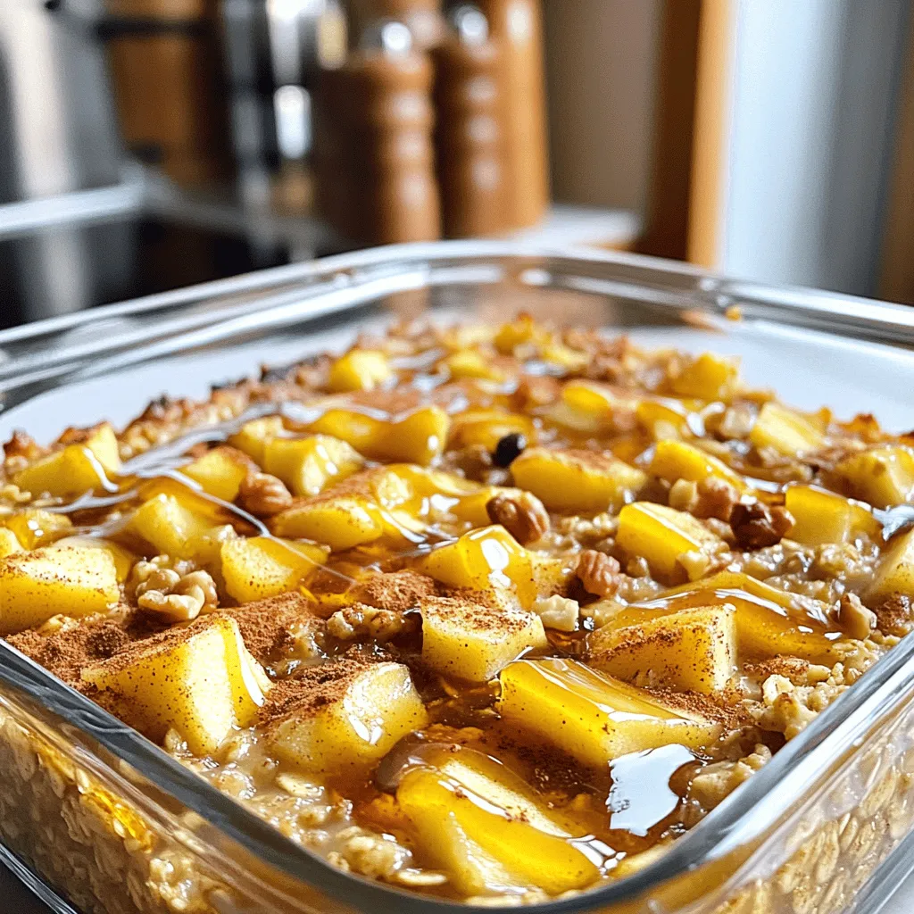 Cinnamon Apple Oatmeal Bake is a warm dish. It mixes oats, apples, and spices. This bake is simple and perfect for breakfast or snacks. With just a few ingredients, you can create a hearty meal. The recipe combines wholesome flavors and textures. You can find the full recipe above. - 2 cups rolled oats - 2 cups almond milk (or your preferred milk) - 2 medium apples, peeled, cored, and diced - 1/2 cup pure maple syrup - 1 teaspoon pure vanilla extract - 1 teaspoon baking powder - 1 teaspoon ground cinnamon - 1/4 teaspoon ground nutmeg - 1/4 teaspoon salt - 1/2 cup chopped walnuts (optional) - 1/4 cup raisins or dried cranberries (optional) Each ingredient adds flavor and nutrition. The oats give a good base. Apples bring natural sweetness and moisture. Maple syrup adds rich flavor without being too sweet. Cinnamon and nutmeg warm the dish with spice. You can choose to add nuts or dried fruits for texture. These options make the dish even more delightful. 1. Start by preheating your oven to 350°F (175°C). This ensures even baking. 2. Grease a 9x9-inch baking dish. Use cooking spray or a light oil. This helps the oatmeal bake come out easily. 3. In a large bowl, combine 2 cups of rolled oats and 2 cups of almond milk. Mix until smooth. 4. Add in 1/2 cup of pure maple syrup and 1 teaspoon of vanilla extract. Stir well. 5. Next, mix in 1 teaspoon of baking powder, 1 teaspoon of ground cinnamon, 1/4 teaspoon of nutmeg, and 1/4 teaspoon of salt. Make sure everything blends together. 6. Now, fold in 2 medium apples, peeled, cored, and diced. If you want, add 1/2 cup of chopped walnuts and 1/4 cup of raisins or cranberries. This adds great flavor. - Preheating the oven: Make sure your oven is fully preheated before placing the dish inside. - Mixing ingredients: Ensure all ingredients are well combined. This helps the flavors mix well. - Baking time and checking doneness: Pour the mixture into your dish. Bake for 30-35 minutes. Check if it's done by inserting a toothpick in the center. It should come out clean. Once baked, let it cool for about 10 minutes. This helps it firm up for easy cutting. Cut it into squares and serve warm. You can find the full recipe above. To make your Cinnamon Apple Oatmeal Bake even better, try these tips: - Variations for taste: You can switch apples for pears or add berries. Try different nuts like pecans or almonds for added crunch. Mixing in spices like ginger or cardamom can give it a unique twist. - Adjusting sweetness: If you prefer less sweetness, use a bit less maple syrup. For a sweeter taste, add a spoonful of brown sugar or honey. Taste the mix before baking to find your perfect balance. - Serving suggestions: Serve warm with extra maple syrup for drizzling. Add a sprinkle of cinnamon or a dollop of yogurt for creaminess. It pairs well with fresh fruit or a scoop of your favorite ice cream. You can also enjoy it cold for breakfast or a snack. For the full recipe, check out the details above. Enjoy making this delicious dish! {{image_4}} To make your cinnamon apple oatmeal bake even better, you can switch out some ingredients. Here are a few ideas: - Milk Options: Use coconut milk or oat milk for a different flavor. - Sweeteners: Try honey or agave syrup instead of maple syrup. - Fruit Choices: Swap apples for pears or berries for a new twist. - Nuts: Replace walnuts with pecans or leave them out if you prefer. These changes can keep your dish fresh and exciting. You can easily modify this recipe to fit different diets. Here are some options: - Gluten-free options: Use gluten-free oats to make this dish friendly for those avoiding gluten. - Nut-free variations: Skip the walnuts and use seeds like pumpkin seeds instead for a nut-free treat. - Vegan adaptations: Simply use plant-based milk and ensure your sweetener is vegan. This makes the dish perfect for everyone! Feel free to explore these variations. They allow you to customize your oatmeal bake to suit your taste and dietary needs. For the complete recipe, check out the Full Recipe above. To keep your cinnamon apple oatmeal bake fresh, let it cool first. Once cool, cut it into squares. Place the squares in an airtight container. You can store it in the fridge for up to five days. If you want to keep it longer, freezing is a great option. To reheat your oatmeal bake, take a square from the fridge. You can use the microwave for quick heating. Heat it for about 30 seconds to 1 minute. If it's frozen, thaw it overnight in the fridge. Then, microwave until warm. - Best practices for keeping it fresh - Store in an airtight container. - Avoid adding toppings until ready to eat. - Freezing options - Wrap each square in plastic wrap. - Place wrapped squares in a freezer bag. - Store in the freezer for up to three months. What makes this oatmeal bake special? This oatmeal bake is special because it blends sweet apples with warm spices. The oats provide great texture, while the maple syrup adds sweetness. Each bite feels like a warm hug on a cold day. How many servings does this recipe yield? This recipe gives you 6 to 8 servings. It’s perfect for sharing with family or friends. You can easily double it if you have a crowd to feed. Can I use different fruits? Yes! You can use various fruits like pears or berries. Each fruit brings its unique flavor, so feel free to experiment. What if it’s too dry or too moist? If it’s too dry, add a splash of milk before baking. This helps keep it soft. If it’s too moist, bake it a bit longer. Keep an eye on the top; it should be golden brown. Can I prepare it ahead of time? Absolutely! You can prepare the mixture the night before. Just cover it and store it in the fridge. In the morning, pour it into the baking dish and bake. Is it suitable for meal prep? Yes! This oatmeal bake is great for meal prep. You can store leftovers in the fridge for up to five days. Just reheat individual portions in the microwave. In this article, we explored how to make a delicious cinnamon apple oatmeal bake. You learned about the key ingredients, from rolled oats to apples. I provided step-by-step instructions for cooking and baking. You also discovered tips for perfecting your bake and made dietary adjustments if needed. Finally, we covered storage tips and common questions. Enjoy this wholesome dish anytime. It’s simple, tasty, and good for you!