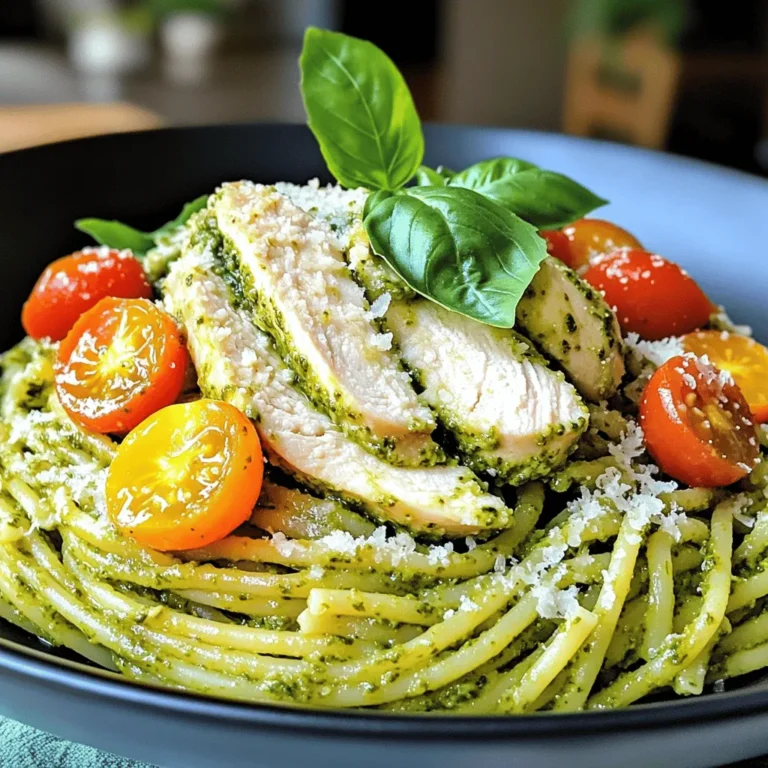 - 8 oz spaghetti or fettuccine pasta - 2 boneless, skinless chicken breasts - 1 cup basil pesto (homemade or store-bought) - 1/2 cup heavy cream - 1/4 cup cherry tomatoes, halved - 1/4 cup freshly grated Parmesan cheese - Fresh basil leaves for garnish - Salt and freshly ground black pepper, to taste - 2 tablespoons extra virgin olive oil Gather these ingredients before you start cooking. The pasta and chicken form the base of your dish. The creamy pesto sauce adds rich flavor. The cherry tomatoes bring a burst of freshness. The Parmesan cheese tops it off with a salty kick. Fresh basil leaves make it look gorgeous. Using fresh ingredients makes a big difference. If you have the time, try making your own pesto. It’s simple and tastes amazing. You can adjust the flavors to your liking. You can also swap the pasta type if you want. Just keep in mind that different shapes may change how the sauce clings to the pasta. For the chicken, you want it juicy and tender. The seasoning is key here. Use good quality olive oil, salt, and pepper. This will help keep the flavor bright and fresh. Once you have everything, you’ll be ready to make a delicious meal. If you want the full recipe, check out the complete guide for step-by-step instructions. Start by boiling a large pot of water. Add a good amount of salt to the water. This will help flavor the pasta. Once the water is boiling, add your spaghetti or fettuccine. Cook it until it is al dente, which means it should be firm to the bite. This usually takes around 8-10 minutes. When done, drain the pasta. Make sure to save about 1/2 cup of the pasta water for later. While the pasta cooks, get ready to season the chicken. Sprinkle salt and pepper on both sides of the chicken breasts. Heat 2 tablespoons of olive oil in a large skillet over medium heat. When the oil is hot, add the chicken. Cook each side for about 6-7 minutes. You want the chicken to turn a nice golden brown. Check that the juices run clear when you cut into it. Once cooked, take the chicken out of the skillet and let it rest for a few minutes. Then, slice it into thin strips. In the same skillet, lower the heat to medium-low. Add your basil pesto to the pan and stir it. You want to warm it through but not burn it. After about a minute, slowly pour in 1/2 cup of heavy cream. Stir it all together until it is well mixed and heated, which should take about 2-3 minutes. Now, add the cooked pasta to the skillet with your creamy pesto sauce. Toss the pasta gently to make sure it gets coated evenly. If the sauce looks too thick, add a little of the reserved pasta water. This will help you reach your desired creamy consistency. To finish, fold in the halved cherry tomatoes and the sliced chicken. Stir everything together for another 2 minutes. This will warm the chicken and tomatoes through. Finally, sprinkle freshly grated Parmesan cheese on top. Toss it lightly to mix. For a bright touch, garnish with fresh basil leaves before serving. For a full recipe, check out the details above! You can use homemade or store-bought pesto for this dish. Homemade pesto gives you full control over flavors, but store-bought saves time. If you want a stronger basil taste, simply add more fresh basil leaves to your mix. For a milder flavor, blend in more nuts or cheese. This helps balance the taste to your liking. To keep your chicken juicy, avoid overcooking it. Cook chicken breasts in a hot skillet for 6-7 minutes on each side. The internal temperature should reach 165°F. Rest the chicken for a few minutes before slicing. This helps the juices stay inside. You can make your sauce thicker or lighter based on your taste. For a richer sauce, use more heavy cream. If you want a lighter option, try half-and-half or low-fat milk. Adding a splash of pasta water helps adjust the sauce's thickness too. This way, you can achieve the perfect creamy texture for your chicken pesto pasta. For the Full Recipe, check out the detailed instructions to create this delightful dish! {{image_4}} Adding vegetables to your Chicken Pesto Pasta makes it even better. It boosts flavor and nutrition. Seasonal veggies like spinach or bell peppers work great. Spinach adds a nice green color. Bell peppers give a sweet crunch. You can toss them in during the last few minutes of cooking. This way, they stay bright and fresh. If you need gluten-free pasta, you have choices! You can use rice pasta or chickpea pasta. These options taste great and cook well. Just follow the package instructions. Cooking times may differ, so keep an eye on them. You want your pasta to be tender but not mushy. Not in the mood for chicken? Try shrimp or tofu instead! Shrimp cooks fast and adds a nice twist. Just sauté them until they turn pink. Tofu is a fantastic plant-based option. Make sure to press it first to remove extra water. Adjust cooking times based on what you choose. This keeps your dish delicious and exciting. For the full recipe, check out the [Full Recipe]. Store any leftovers in the fridge. Use a tight-sealing container to keep your chicken pesto pasta fresh. Glass containers work well, as do plastic ones. Make sure to let it cool down before putting it away. It stays good in the fridge for up to three days. To freeze your chicken pesto pasta, pack it in an airtight container or freezer bag. Remove as much air as possible. This helps prevent freezer burn. You can freeze it for up to three months. Just label the bag with the date so you remember when you froze it. When reheating, use the microwave or stovetop. If using the microwave, heat in short bursts. Stir between each burst to ensure even warming. On the stovetop, add a splash of water or cream to keep it moist. This helps keep the creaminess intact. Enjoy your meal again as if it were fresh! To make chicken pesto pasta from scratch, follow these basic steps: 1. Cook the pasta. Boil water in a large pot, add salt, and cook your choice of spaghetti or fettuccine until al dente. 2. Prepare the chicken. Season boneless chicken breasts with salt and pepper. Sear them in olive oil until golden brown. 3. Make the sauce. In the same skillet, mix basil pesto with heavy cream until warm and creamy. 4. Combine. Toss the cooked pasta with the sauce and sliced chicken. Adjust the sauce with reserved pasta water if needed. 5. Serve. Garnish with cherry tomatoes, Parmesan cheese, and fresh basil. You can find the full recipe above for a detailed guide. Yes, you can make chicken pesto pasta ahead of time. Here are some tips: - Cooked pasta and sauce. Prepare the chicken and sauce, then store them separately from the pasta. This keeps them fresh. - Refrigerate. Store in airtight containers in the fridge for up to three days. - Freeze. For longer storage, freeze the chicken and sauce. Use within two months for best flavor. - Reheat. When ready, reheat the chicken and sauce. Cook the pasta fresh to keep it al dente. Chicken pesto pasta pairs well with various side dishes. Consider these suggestions: - Garlic bread. A warm, crispy slice complements the creamy pasta. - Salad. A light green salad with a tangy vinaigrette balances the richness of the dish. - Roasted vegetables. Seasonal veggies add color and nutrients to the meal. Chicken pesto pasta can be a healthy option. Here’s why: - Protein. Chicken provides lean protein, which is vital for muscle health. - Basil and olive oil. These ingredients are rich in antioxidants and healthy fats. - Pasta. Whole-grain pasta offers fiber, which aids digestion. - Portion control. Adjust the serving size to fit your dietary needs. Absolutely! You can use various pasta types. Here are some alternatives: - Whole wheat pasta. Adds extra fiber and nutrients. - Gluten-free pasta. Great for those with gluten sensitivities. - Zoodles. Spiralized zucchini for a low-carb option. - Penne or rigatoni. These shapes hold the sauce well, providing a satisfying bite. In this post, I covered how to make a delicious chicken pesto pasta. We discussed the main ingredients and their roles, along with simple steps for cooking. I also shared tips for perfecting your dish and exciting variations to try. In closing, this recipe is easy and flexible, letting you customize flavors. Whether you choose to add veggies or change proteins, your meal will impress. Enjoy this tasty dish and make it your own!