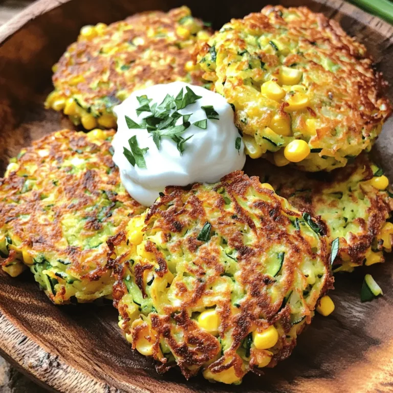 For these tasty fritters, you will need: - 2 medium zucchinis, grated and excess moisture squeezed out - 1 cup corn kernels (fresh, frozen, or canned, drained if canned) - 1/2 cup all-purpose flour - 1/4 cup cornmeal - 2 large eggs - 1/4 cup green onions, finely chopped - 1/4 cup grated Parmesan cheese - 1 teaspoon garlic powder - 1 teaspoon paprika - Salt and pepper to taste - Olive oil, for frying These main ingredients create a great balance of flavors. The zucchini adds moisture, while the corn gives a sweet crunch. The flour and cornmeal help bind everything together. You can add even more flavors with these options: - Fresh herbs like cilantro or parsley - A pinch of cayenne pepper for heat - Crumbled feta cheese for a tangy twist - Chopped bell peppers for crunch Feel free to mix and match according to your taste. Each ingredient can take these fritters to new heights! If you don't have an ingredient, here are some swaps: - Use whole wheat flour or almond flour instead of all-purpose flour. - Try different types of cheese like cheddar or feta. - Replace green onions with chives or shallots. These substitutions help you use what you already have. They also keep the recipe fresh and fun. For the full recipe, you can check out the details above. Start by grating two medium zucchinis. Make sure to squeeze out any extra moisture. This step helps the fritters stay crisp. Next, measure one cup of corn kernels. You can use fresh, frozen, or canned corn. If using canned, drain it well. Combine the grated zucchini and corn in a large mixing bowl. Now, add the dry ingredients. Pour in 1/2 cup of all-purpose flour and 1/4 cup of cornmeal. Mixing these adds a nice crunch. Crack in two large eggs. Then, stir in 1/4 cup of finely chopped green onions and 1/4 cup of grated Parmesan cheese. Add one teaspoon of garlic powder and one teaspoon of paprika. Season with salt and pepper to taste. Mix everything gently until it’s well combined. Make sure there are no dry spots in the flour. Heat a large skillet over medium-high heat. Add enough olive oil to coat the bottom of the pan. Once the oil shimmers, drop spoonfuls of the fritter mixture into the skillet. Use the back of a spoon to flatten them. Cook for 3-4 minutes until golden brown. Flip them carefully and cook for another 3-4 minutes. Adjust the heat as needed to avoid burning. When done, place the fritters on a plate lined with paper towels. This helps absorb extra oil. Serve them warm and enjoy the deliciousness! For the full recipe, check out the earlier section. To get that crispy outside and soft inside, remove extra moisture from the zucchini. Grate the zucchini and squeeze it in a clean cloth. This step is key to avoid soggy fritters. Mix the batter well but don’t overmix. This keeps the fritters light and fluffy. Heat your skillet on medium-high. This gives the fritters a nice golden crust. Cook each side for about 3-4 minutes. If they brown too fast, lower the heat. The goal is a crispy outside with a tender inside. Be patient; cooking them too fast may lead to burnt edges and raw centers. Serve your fritters warm for the best flavor. Top them with yogurt or sour cream for a creamy touch. Fresh herbs like parsley or cilantro add color and taste. You can even serve them with a side of salsa or a light salad for a refreshing crunch. Want to impress? Arrange them on a platter for a beautiful presentation. For the full recipe, refer to the earlier section. {{image_4}} You can easily make these fritters gluten-free. Swap all-purpose flour with a gluten-free blend. Use a blend that includes rice flour and tapioca. It works well and keeps the fritters light. Want a vegan twist? Replace the eggs with flaxseed meal. Mix 1 tablespoon of flaxseed meal with 3 tablespoons of water. Let it sit for a few minutes until it thickens. This will help bind the fritters together just like eggs. For extra flavor, add spices or herbs. Try cumin or chili powder for a kick. Chopped fresh herbs like basil or cilantro can add freshness. Grated cheese can also be replaced with a vegan cheese option if you prefer. Enjoy experimenting with your fritters! For the full recipe, check the section above. To keep your leftover fritters fresh, let them cool first. Place them in an airtight container. You can stack them, but use parchment paper between layers. This keeps them from sticking together. Store the container in the fridge. They will stay good for up to three days. When you want to enjoy the fritters again, reheat them in a skillet. Heat the skillet over medium heat and add a little olive oil. This helps them regain their crispiness. Cook each side for about 2-3 minutes until they are warm and golden. You can also use an oven. Preheat it to 350°F (175°C) and place the fritters on a baking sheet. Bake for about 10 minutes. If you want to save fritters for later, freezing is a great option. First, let the fritters cool completely. Then, place them on a baking sheet in a single layer. Freeze them for 1-2 hours until firm. After that, transfer them to a freezer-safe bag. Squeeze out any air before sealing. They can last for about two months in the freezer. When ready to eat, thaw in the fridge overnight before reheating. Enjoy your tasty Zucchini Corn Fritters whenever you like! For the full recipe, check the section above. I recommend using medium-sized zucchinis. They have the right amount of moisture. Look for firm, shiny zucchinis without soft spots. These will give you the best texture. If you find larger zucchinis, slice them in half and scoop out the seeds. This helps keep your fritters from being too watery. Yes, you can use frozen corn! Just make sure to thaw it first. Drain any excess water after thawing. Frozen corn is often sweet and adds great flavor. You can also use canned corn, but drain it well. Fresh corn is the best, but frozen is a good backup. Look for a golden-brown crust on both sides. This usually takes about 3-4 minutes per side. Use a spatula to lift one fritter and check the color. The inside should be warm and firm, not wet. If you see any raw batter, give it more time. These fritters pair well with many sides. Try serving them with a dollop of yogurt or sour cream. A fresh salad adds a nice crunch, too. You can also garnish with herbs like cilantro or parsley. For a twist, serve with a spicy dipping sauce. - Full Recipe: Zucchini Corn Fritters 🥒 Zucchini corn fritters are fun and tasty. You need fresh ingredients for the best flavor. We covered steps on preparing, mixing, and cooking. Tips help you get the right texture and cook them perfectly. Variations allow for gluten-free or vegan options to suit your needs. Store leftovers well, so they taste great later. With all this, you can create delicious fritters your family will love. Enjoy making and sharing these treats with others!