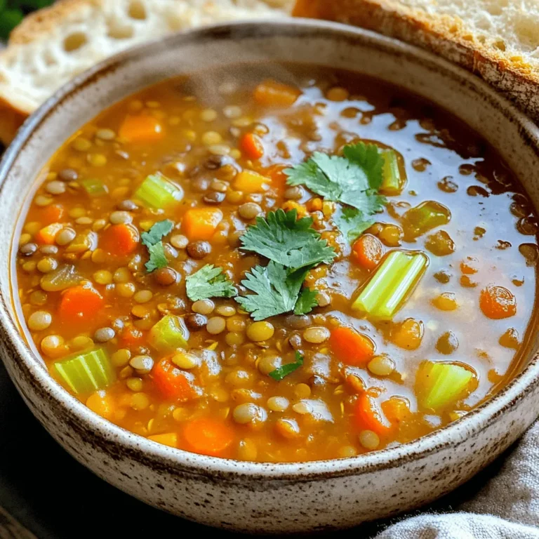 To make a hearty and spicy lentil soup, you will need: - 1 cup dried green or brown lentils, thoroughly rinsed - 1 medium onion, finely diced - 2 cloves garlic, minced - 2 medium carrots, peeled and diced - 1 celery stalk, diced - 1 red bell pepper, diced - 1 can (14 oz) diced tomatoes, undrained - 4 cups vegetable broth - 1 tablespoon olive oil - 1 teaspoon ground cumin - 1 teaspoon smoked paprika - 1/2 teaspoon cayenne pepper (adjust according to your spice preference) - Salt and pepper to taste - 1 tablespoon fresh lemon juice - Fresh cilantro or parsley, finely chopped for garnish Each ingredient adds to the soup's flavor and heartiness. Lentils are high in protein and fiber, making them perfect for a healthy meal. The vegetables bring fresh taste and color. The spices give it a lovely heat. I love using fresh herbs like cilantro or parsley to brighten up the dish. Don't skip the lemon juice! It adds a nice zing that balances the flavors well. You can find the complete instructions in the Full Recipe. Enjoy cooking! Preparing the base: Sautéing vegetables and spices Start by heating olive oil in a large pot over medium heat. Once the oil shimmers, add the diced onion. Cook for about five minutes until it becomes soft and clear. Then, add minced garlic, diced carrots, diced celery, and diced red bell pepper. Sauté this mix for another five minutes. Stir it often until the veggies are tender and smell great. This step builds a strong flavor base for your soup. Cooking lentils: The simmering process Now, add the rinsed lentils, undrained diced tomatoes, and vegetable broth into the pot. Don’t forget to season it with salt and pepper. Next, raise the heat to bring the soup to a boil. Once it boils, lower the heat to let it simmer. Cook uncovered for about 25 to 30 minutes. You want the lentils to be soft and fully cooked. This is where the magic happens! Adjusting flavors: Final touches for balance When the lentils are tender, stir in fresh lemon juice. Taste the soup and adjust the seasoning as needed. This is the key step to make sure all flavors balance well. If you like it spicier, add more cayenne pepper. Serve the soup hot, garnished with chopped cilantro or parsley. This adds a fresh touch and brightens the dish. For the full recipe, check the section above. Enjoy your hearty and flavorful spicy lentil soup! Adjusting spice levels: You can change the heat of your soup easily. If you want less spice, use less cayenne pepper. For more heat, add more cayenne or use fresh chili peppers. Start small and taste as you go. Enhancing flavor: To make your soup even better, try adding more herbs and spices. Fresh herbs like thyme or rosemary can add depth. You can also use a bay leaf while cooking. Just remember to take it out before serving. Cooking tips: To get tender lentils, don't rush the cooking time. Keep the soup at a low simmer. Stir often to prevent sticking. If you find the soup too thick, add more broth or water. The goal is to have lentils that are soft but not mushy. For the complete recipe, check out the Full Recipe. {{image_4}} You can easily change up your spicy lentil soup to suit your taste. Here are some fun ways to do it: - Vegetarian-friendly additions: Add extra veggies like spinach, kale, or sweet potatoes. These not only boost nutrition but also add great texture and flavor. Feel free to toss in whatever you have on hand! - Protein-packed options: If you want more protein, try adding cooked chicken, sausage, or turkey. For a plant-based option, consider using tofu or tempeh. These add heartiness and make the soup even more filling. - Global twists: Spice things up by using flavors from around the world. For a curry twist, add coconut milk and curry powder. If you want a Mediterranean flair, mix in some olives and feta cheese. Each variation offers a new taste adventure! These ideas let you make your spicy lentil soup unique every time. You can find the full recipe in the article. Enjoy experimenting! To keep your spicy lentil soup fresh, store it properly. - Refrigeration tips: Allow the soup to cool to room temperature first. Then, transfer it to an airtight container. It will last in the fridge for about 4 to 5 days. When ready to eat, give it a good stir before serving. - Freezing instructions: If you want to store it longer, freezing works well. Pour the cooled soup into freezer-safe containers. Leave some space at the top for expansion. The soup can stay good in the freezer for up to 3 months. Thaw it in the fridge overnight before reheating. - Reheating methods: Reheat the soup on the stove over medium heat. Stir it often to ensure even warming. You can also use a microwave, heating in short bursts. Add a splash of water or broth if it seems thick. This keeps the flavor and texture just right. For the full recipe, check out Fiery Comfort: Spicy Lentil Soup. Can I use different types of lentils? Yes, you can use different lentils. Green, brown, or red lentils work well. Each type gives a unique taste and texture. Red lentils cook faster and break down more, making the soup creamier. How can I make it vegan-friendly? This soup is already vegan! It uses vegetable broth and no animal products. Just check your broth for hidden ingredients. What are the health benefits of lentils? Lentils are packed with nutrients. They are high in protein and fiber. They also have iron and folate, which are good for blood health. Eating lentils can help with digestion and keep you full longer. How long does spicy lentil soup last in the fridge? Spicy lentil soup lasts about 5 days in the fridge. Store it in an airtight container for best results. Always reheat until steaming before eating. Can I substitute ingredients based on dietary restrictions? Yes, you can easily swap ingredients. For gluten-free options, use gluten-free broth. If you’re allergic to certain veggies, replace them with others you enjoy. This soup is very adaptable! - Full Recipe: Fiery Comfort: Spicy Lentil Soup 🥣 You’ve learned about the key ingredients needed for spicy lentil soup. I covered how to prepare the base, cook lentils, and adjust flavors. With tips to perfect your soup, you can customize it to suit your taste. Variations can bring new life to the dish, and proper storage keeps it fresh longer. Remember, whether you're aiming for heat or health, this soup is tasty and versatile. Dive in and enjoy every bowl!