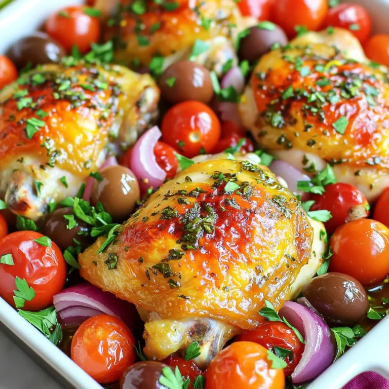 - 4 boneless, skinless chicken thighs - 3 tablespoons extra virgin olive oil - 2 teaspoons dried oregano - 1 teaspoon dried thyme - 1 lemon (for zesting and juicing) - 4 cloves garlic, finely minced - 1 teaspoon sea salt - ½ teaspoon freshly ground black pepper - 1 cup cherry tomatoes, halved - 1 medium red onion, thinly sliced - 1 cup Kalamata olives, pitted and sliced - Fresh parsley, finely chopped (for garnish) To make Baked Greek Chicken, gather the ingredients first. Start with 4 boneless, skinless chicken thighs. This cut of meat stays juicy and tender when baked. You will also need 3 tablespoons of extra virgin olive oil for flavor and moisture. Next, you will want to use dried oregano and thyme for that classic Greek taste. Zest and juice one lemon to add brightness. Four cloves of minced garlic will give a lovely aroma. Don't forget sea salt and black pepper for seasoning. For the veggies, grab 1 cup of halved cherry tomatoes and 1 medium red onion, thinly sliced. These add color and taste. Finally, use 1 cup of pitted and sliced Kalamata olives for a salty kick. Finish with fresh parsley to garnish the dish. These ingredients come together to create a flavorful and easy dinner option. If you want to see how to use them, check the Full Recipe for detailed steps. - Preheat the oven to 400°F (200°C). - In a bowl, mix together the olive oil, oregano, thyme, lemon zest, and lemon juice. Add minced garlic, sea salt, and black pepper. Whisk until well combined. - Coat the chicken thighs in the marinade, making sure every piece is covered. - Let the chicken marinate for at least 30 minutes. For more flavor, you can refrigerate it for up to 2 hours. - Arrange cherry tomatoes and red onion slices around the chicken in the baking dish. - Scatter Kalamata olives over the chicken and vegetables. - Put the baking dish in the oven and bake for 30-35 minutes. The chicken should be done when it reaches an internal temperature of 165°F (74°C) and has a golden color. These steps will help you make a flavorful Baked Greek Chicken that pleases everyone. For the complete recipe, be sure to check the Full Recipe section! To bring out the best in your Baked Greek Chicken, use fresh herbs. Fresh oregano and parsley add depth. You can also adjust marinating time for stronger tastes. Marinating for a few hours makes a big difference. Ensure even cooking by spacing the chicken and veggies in the dish. This helps everything cook nicely. Keep an eye on the internal temperature of the chicken. It should reach 165°F (74°C) for safe eating. Serving is just as important as cooking. Use a rustic platter for a beautiful display. Drizzle with olive oil for a shiny look. Garnish with crumbled feta cheese and lemon wedges for color and flavor. This makes your dish pop and taste even better! {{image_4}} You can easily change this recipe to suit your taste. For a briny kick, add capers. They lend a unique salty flavor that pairs well with the chicken. If you prefer different cuts of meat, swap chicken thighs for breasts or drumsticks. This will give you a new texture and flavor profile while keeping the dish simple. When serving Baked Greek Chicken, consider pairing it with a fresh Greek salad. The crisp veggies and tangy dressing balance the rich flavors of the chicken. Rice pilaf also makes a great side. It absorbs the tasty juices from the chicken. For a complete meal, serve warm pita bread alongside. It’s perfect for scooping up every bit of goodness. If you need a gluten-free meal, check the oil and toppings. Ensure they are free from gluten. You can also adjust for low sodium. Reduce salt and olives to make it heart-friendly. This way, you can enjoy Baked Greek Chicken without worry, while still savoring its deliciousness. Keep any leftover Baked Greek Chicken in an airtight container in the refrigerator. This helps keep it fresh. Consume the leftovers within 3-4 days for the best quality. Otherwise, the taste and texture may suffer. You can freeze the Baked Greek Chicken for later. Freeze it in portions for easy meal prep. This makes it simple to grab a meal when you are short on time. To enjoy your frozen chicken, thaw it in the refrigerator before reheating. This way, it stays juicy and tasty. For the best results, reheat your chicken in the oven. This method helps keep the chicken crispy. If you need a quicker option, you can microwave it on low power. This method is convenient but may not keep the same texture. I recommend marinating the chicken for at least 30 minutes. This time allows the flavors to soak into the meat. If you have more time, marinate it for up to 2 hours in the fridge. This longer time makes the chicken even more tasty and juicy. Yes, you can use bone-in chicken pieces. Just make sure to adjust the cooking time. Bone-in chicken usually takes longer to cook. Aim for about 40 to 45 minutes in the oven. Always check the internal temperature to ensure it reaches 165°F (74°C). Many sides go well with Baked Greek Chicken. Here are a few ideas: - Greek salad with cucumbers, tomatoes, and feta cheese - Lemon rice or rice pilaf for a hearty touch - Roasted vegetables like zucchini and bell peppers - Warm pita bread for a nice dip in the juices To check if the chicken is done, use a meat thermometer. Insert it into the thickest part of the chicken. It should read 165°F (74°C). If you don’t have a thermometer, cut into the chicken. The juices should run clear, and the meat should not be pink. This recipe for Baked Greek Chicken blends tasty ingredients and simple steps. You learned how to marinate chicken and bake it with fresh veggies. The tips on flavor and presentation help you create a dish that looks great and tastes even better. You can adjust this meal to fit your needs. Try different chicken cuts or add your favorite sides. Storing leftovers is easy, making this dish a great choice for busy days. Enjoy your cooking adventure and impress your family with this delicious meal!