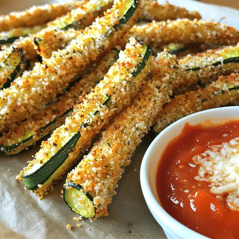 To make Baked Garlic Parmesan Zucchini Fries, you need some simple and fresh ingredients. Here’s what you’ll need: - 2 medium zucchinis (cut into fry-shaped strips) - 1 cup whole wheat breadcrumbs - 1/2 cup grated Parmesan cheese - 2 cloves garlic (finely minced) - 1 teaspoon dried oregano - 1 teaspoon garlic powder - 1/2 teaspoon salt - 1/4 teaspoon freshly ground black pepper - 2 large eggs (beaten) - Cooking spray or light drizzle of olive oil These ingredients come together to create a tasty dish that is both healthy and satisfying. The zucchini offers a great crunch, while the garlic and Parmesan provide bold flavor. Using whole wheat breadcrumbs adds a nice texture and a bit of nuttiness. If you follow the recipe closely, you will get fries that are crispy on the outside and tender on the inside. You can check the Full Recipe for detailed instructions on how to bring this dish to life. - Set the temperature to 425°F (220°C). - Prepare a baking sheet with parchment paper. First, I like to get my oven hot. Preheating to 425°F helps the fries crisp nicely. Lining the baking sheet with parchment paper makes cleanup easy and keeps the fries from sticking. - Mix breadcrumbs, Parmesan cheese, minced garlic, oregano, garlic powder, salt, and pepper. In a shallow bowl, I mix the whole wheat breadcrumbs with grated Parmesan cheese. I add minced garlic for flavor, oregano for aroma, garlic powder, salt, and pepper. Mixing these ingredients well ensures that every fry gets a tasty coating. - Dip zucchini fries in beaten eggs and coat with breadcrumb mixture. I set another bowl with beaten eggs. Taking a zucchini fry, I dip it in the eggs, letting the extra drip off. Then, I coat it in the breadcrumb mixture. I press the crumbs on to make sure they stick well. This step is key for a crispy finish. - Place coated fries on the baking sheet and spray with cooking spray. Once breaded, I lay the fries in a single layer on the baking sheet. I like to spray the tops lightly with cooking spray. This helps them brown and adds crunch. - Bake for 20-25 minutes and turn halfway for even crisping. I slide the baking sheet into the oven and set a timer for 20 minutes. Halfway through, I flip the fries. This ensures they cook evenly and get that golden brown color we love. - Cool slightly before serving and add garnishes. After baking, I let the fries cool for a few minutes. This step helps them crisp even more. I like to serve them hot, sprinkled with extra Parmesan and a small bowl of marinara sauce on the side. You can find the full recipe above for more details. To get the best crispiness, I recommend using cooking spray or a light drizzle of olive oil. This helps the fries brown and stay crunchy. Make sure not to overcrowd the baking sheet. If the fries are too close, they can steam instead of bake. For extra crunch, try broiling them for the last few minutes. Just keep an eye on them to prevent burning. Serve the zucchini fries hot and sprinkle some extra Parmesan on top. This adds flavor and makes them look great. Pair them with marinara sauce for dipping. The rich sauce complements the garlic and cheese perfectly. You could also try ranch or a spicy aioli for a twist. Removing excess moisture from zucchinis is key to crispiness. Too much water makes them soggy. To dry zucchinis, slice them and place them on paper towels. Sprinkle a little salt on top and let them sit for about 10 minutes. The salt draws out moisture. Afterward, pat them dry with more paper towels. This simple step helps you achieve that perfect crunch in your baked garlic Parmesan zucchini fries. For the full recipe, check out the details above. {{image_4}} You can make your zucchini fries even better by adding spices. Try paprika for a smoky taste. Cayenne pepper adds a nice kick, too. Just sprinkle some into the breadcrumb mix before coating the zucchini fries. This small change can make a big difference in flavor. If you want to switch up the cheese, consider using mozzarella. It melts beautifully and adds a creamy texture. You can also try vegan cheese for a plant-based option. Just make sure it melts well to keep that crispy exterior intact. You can mix your zucchini fries with other veggies for more variety. Eggplant slices work well when cut into fry shapes. Sweet potatoes are another great choice. They will add a sweet flavor and vibrant color to your plate. Feel free to experiment with whatever veggies you have on hand. For the complete recipe, check out the [Full Recipe]. To keep your zucchini fries fresh, store them in an airtight container in the refrigerator. This helps prevent them from getting soggy. They will last for about three days. Make sure to let them cool down before sealing the container. The best way to reheat zucchini fries is in the oven. Preheat your oven to 400°F (200°C). Place the fries on a baking sheet. Heat them for about 10 minutes. This method keeps them crispy. You can also use an air fryer if you have one. Set it to 350°F (175°C) and heat for about 5 minutes. If you want to store them longer, you can freeze the zucchini fries. First, let them cool completely. Next, spread them out in a single layer on a baking sheet. Freeze them for about 1-2 hours. Once frozen, transfer them to a freezer bag. This way, they won’t stick together. When ready to eat, bake them straight from the freezer. Add a few extra minutes to the cooking time for best results. Yes, you can use regular breadcrumbs. The texture will be slightly different. Whole wheat breadcrumbs add a nutty flavor and more fiber. If you prefer a lighter taste, go for regular ones. Both will still give you a crispy finish. To make these fries gluten-free, use gluten-free breadcrumbs. You can find these at most stores. Another great option is to use crushed gluten-free crackers. They add a nice crunch. Just make sure to check the labels for gluten-free assurance. Many sauces go well with zucchini fries. Popular choices include marinara, ranch, or garlic aioli. You can also try a spicy sriracha mayo for a kick. For a homemade touch, mix Greek yogurt with herbs for a fresh dip. To make these fries vegan, substitute the eggs with flax eggs. Mix 1 tablespoon of flaxseed meal with 2.5 tablespoons of water. Let it sit for a few minutes until it thickens. For cheese, you can use nutritional yeast or a store-bought vegan cheese. These swaps keep the flavor while making it plant-based. Check out the Full Recipe for detailed steps to make these tasty Baked Garlic Parmesan Zucchini Fries! This blog post has covered the tasty journey of making zucchini fries. We explored key ingredients, step-by-step instructions, and helpful tips. You learned how to get crispy fries and about delicious variations. Now, you can enjoy this snack with great flavors and textures. Try out the ideas and personalize your dish. Whether it’s for a party or a snack, zucchini fries are a fun, healthy choice. Get cooking and taste the difference!
