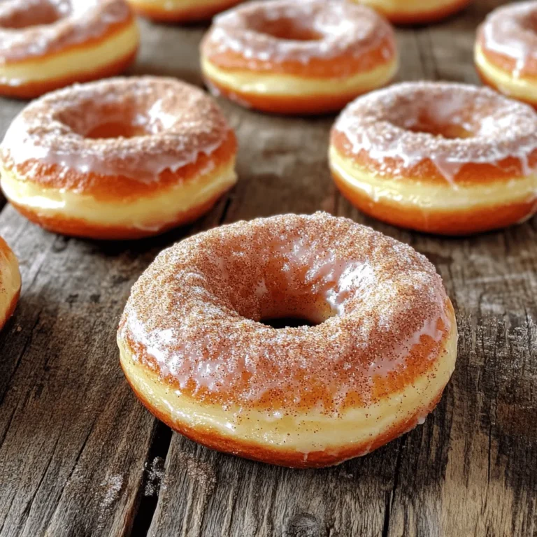 - All-purpose flour - Granulated sugar - Baking powder - Salt - Ground cinnamon When making these donuts, start with the dry ingredients. Use one cup of all-purpose flour for a light base. Add half a cup of granulated sugar to sweeten the mix. Next, include two teaspoons of baking powder. This helps the donuts rise. A half teaspoon of salt enhances the flavor. Finally, mix in one teaspoon of ground cinnamon for that warm spice. - Large egg - Milk - Vanilla extract - Melted butter Now, let’s move on to the wet ingredients. You will need one large egg, which adds richness. Use half a cup of milk for moisture. A splash of vanilla extract gives a lovely aroma. Lastly, two tablespoons of melted butter add a rich, buttery taste. - Granulated sugar - Ground cinnamon - Unsalted butter After baking, it’s time for the cinnamon sugar coating. Combine one-fourth cup of granulated sugar with one tablespoon of ground cinnamon. This mixture will give the donuts a sweet and spicy finish. You will also need two tablespoons of melted unsalted butter. Brush this butter on the warm donuts before coating them in the cinnamon sugar mixture. This step ensures the sugar sticks well. For the full recipe, be sure to check the detailed steps provided earlier. - Preheat the oven to 350°F (175°C). - Grease your donut pan with a little butter or non-stick spray. - In a large bowl, combine the dry ingredients: flour, sugar, baking powder, salt, and cinnamon. - In another bowl, mix the wet ingredients: egg, milk, butter, and vanilla. Stir until smooth. - Gently fold the wet mixture into the dry mixture. Do not overmix; a few lumps are okay. - Use a piping bag or zip-top bag to fill each donut mold two-thirds full with batter. - Bake in the preheated oven for 10-12 minutes until golden brown. A toothpick should come out clean when inserted. - Let the donuts cool in the pan for 5 minutes, then move them to a wire rack. - While they cool, mix sugar and cinnamon in a small bowl for the coating. - Brush the warm donuts with melted butter, then roll them in the cinnamon sugar until well coated. Enjoy your fresh, homemade cinnamon sugar donuts! For the full recipe, check the complete guide above. To make the best cinnamon sugar donuts, don't overmix the batter. Mixing too much can lead to tough donuts. Stir the wet and dry ingredients gently. You want to combine them just until no dry flour shows. This keeps your donuts soft and fluffy. Even baking is key. Make sure to fill each mold about two-thirds full. This gives the donuts room to rise without spilling over. Rotate the pan halfway through baking. This helps all donuts cook evenly, so you get a perfect batch every time. Presentation matters! Serve your donuts on a pretty platter. You can sprinkle a little extra cinnamon sugar on top for a lovely touch. A light drizzle of icing also looks nice and adds sweetness. Pair these donuts with a warm cup of coffee or tea. The warm drink balances the sweetness of the donuts. If you're feeling adventurous, try serving them with a scoop of vanilla ice cream! For the best results, use a good donut pan. A non-stick silicone pan works great. It allows for easy removal of your donuts. If you prefer metal, choose a heavy-duty pan for even baking. Use mixing bowls that are big enough to hold your ingredients. A set of sturdy spatulas will help in mixing and transferring the batter. A piping bag or zip-top bag with the tip cut off makes filling the donut molds easy. For the complete process, check out the Full Recipe. {{image_4}} You can make your cinnamon sugar donuts even better with some fun flavors. Try adding chocolate chips to the batter. Just fold in about 1/2 cup of mini chocolate chips before you mix the wet and dry ingredients. The chocolate melts and adds a rich taste that pairs well with cinnamon. Another great addition is fruit. You can mix in diced apples or mashed bananas. For apples, use about 1/2 cup of finely diced pieces. If you use bananas, one ripe banana adds sweetness and moisture. These fruits give the donuts a tasty twist and make them even more enjoyable. If you need gluten-free donuts, simply swap out the all-purpose flour for a gluten-free blend. Look for a mix that works well in baking. This way, you can still enjoy these treats without gluten. For those who follow a vegan diet, you can replace the egg and milk. Use 1/4 cup of unsweetened applesauce instead of the egg. For the milk, a plant-based milk like almond or oat milk works perfectly. These swaps keep the donuts fluffy and delicious without any animal products. While cinnamon sugar is classic, you can try different toppings. Dust your donuts with powdered sugar for a sweet finish. Or for a richer taste, dip them in a chocolate glaze. Melt about 1 cup of chocolate chips with 1 tablespoon of coconut oil. Dip the tops of the cooled donuts for a fun chocolatey treat. Seasonal flavors can also add a nice touch. Try pumpkin spice in the batter for fall. Add 1 teaspoon of pumpkin spice along with the cinnamon for a cozy flavor. This slight change makes your donuts fit right in with the season’s spirit. For the full recipe, check out the full recipe section. Enjoy trying these variations and make your cinnamon sugar donuts even more special! To store your homemade cinnamon sugar donuts in the fridge, place them in an airtight container. This helps keep them fresh and moist. You can also wrap them in plastic wrap for extra protection. Refrigerated donuts stay good for about 3-4 days. After that, they may become dry or lose their flavor. If you want to keep your donuts longer, freezing is a great option. First, let the donuts cool completely. Then, wrap each donut in plastic wrap or foil. Place the wrapped donuts in a freezer-safe bag. They can last up to 3 months in the freezer. To serve, take them out and let them thaw at room temperature for about 30 minutes. You can also warm them in the oven for a few minutes to bring back the fresh taste. To keep your donuts fresh longer, store them in a cool, dry place. Avoid exposing them to heat or sunlight. If they start to feel hard or dry, they may be stale. Signs of spoilage include a change in smell, mold, or an off taste. Always check before enjoying your sweet treat! To make homemade cinnamon sugar donuts, follow these essential steps: 1. Preheat the oven to 350°F (175°C). 2. Grease a donut pan lightly to prevent sticking. 3. In a bowl, mix flour, sugar, baking powder, salt, and cinnamon. 4. In another bowl, beat an egg, then add milk, melted butter, and vanilla. 5. Stir the wet mix into the dry mix until just combined. 6. Fill each donut mold two-thirds full with batter. 7. Bake for 10-12 minutes until golden brown. 8. Cool the donuts for a few minutes, then coat with melted butter and cinnamon sugar. This recipe is simple and fun. You can enjoy warm donuts in about 30 minutes. You can find the full recipe above to guide you step-by-step. If you lack a donut pan, don’t worry! Here are some good alternatives: - Muffin tins: Fill the molds halfway for donut-like shapes. - Baking sheets: Pipe the dough into circles on parchment paper. - Silicone molds: These are great for any shape, including donuts. Just remember to adjust baking times as needed. Muffins may take a bit longer to bake. Yes, you can make the batter ahead of time! Here are some storage options: - Refrigerate: Store the batter in an airtight container for up to 24 hours. - Freeze: You can freeze the batter for up to a month. Just thaw in the fridge overnight before baking. This makes it easy to whip up fresh donuts whenever you want! In this blog post, I shared how to make delicious homemade cinnamon sugar donuts. You learned about the right ingredients, mixing methods, and baking tips. I also provided storage advice and fun variations to try. Donuts are simple to make and bring joy to any occasion. Remember, the key is not to overmix. Enjoy experimenting with flavors and toppings. With the right care, your donuts will be fresh and tasty for days. Happy baking!