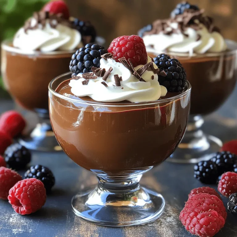To make a rich chocolate mousse, gather these key ingredients: - Dark chocolate (200g, 70% cocoa) - Unsalted butter (3 tablespoons) - Large eggs (3, separated) - Granulated sugar (1/4 cup, divided) - Pure vanilla extract (1 teaspoon) - Heavy whipping cream (1 cup) - A pinch of salt These ingredients create a smooth and creamy dessert that melts in your mouth. You can make your mousse even more special with these garnishes: - Whipped cream - Chocolate shavings - Fresh berries (like raspberries or strawberries) Adding these will enhance both the flavor and look of your dessert. The berries add a nice pop of color and a fresh taste that contrasts well with the rich chocolate. If you want to impress, garnishing will take your mousse to the next level. For the full recipe, check out the detailed steps. To start, gather your dark chocolate and unsalted butter. Place the chopped chocolate and butter in a heatproof bowl. Set this bowl over a pot of simmering water. This is called the double boiler method. Stir the mixture often until it melts and is smooth. Once melted, take the bowl off the heat and let it cool a bit. Next, take three large eggs and separate the yolks from the whites. In a clean mixing bowl, whisk the egg yolks with two tablespoons of sugar. Keep whisking until the color turns pale and creamy. Now, pour in the melted chocolate and butter mix along with one teaspoon of vanilla extract. Stir well until everything is combined. Now, grab another clean bowl. Add the egg whites and a pinch of salt. Beat the egg whites with a hand mixer until soft peaks form. This may take a few minutes. Slowly add the remaining two tablespoons of sugar while beating. Continue until stiff peaks form. This step is key for a light mousse texture. In a separate bowl, take your one cup of heavy cream. Using a mixer, whip the cream until you reach soft peaks. This step adds a nice creaminess to your mousse. Be careful not to over-whip. Soft peaks will help your mousse stay light and airy. Now it's time to combine everything. Start by gently folding one-third of the whipped egg whites into the chocolate mixture. This lightens it up. Next, carefully fold in the rest of the egg whites. Make sure to keep the fluffy texture. Finally, fold in the whipped cream, being gentle to maintain the airiness. Once combined, spoon the mousse into serving cups or bowls. Smooth the tops if you like. Cover them with plastic wrap and place them in the fridge. Chill for at least 2 hours, or until your mousse is set and firm. You can check if it feels firm to the touch. This step is crucial to ensure a perfect dessert. For the full recipe, refer to the above sections. Enjoy making your easy chocolate mousse! To make your chocolate mousse light and fluffy, fold gently. This means mixing the whipped egg whites into the chocolate mixture slowly. If you stir too hard, you will lose the airiness. Use a spatula and lift the mixture from the bottom. Keep doing this until it’s well mixed, but don’t overdo it. The goal is to keep that light texture. For a beautiful presentation, serve your mousse in clear cups. This lets the rich color shine through. Top each serving with a dollop of whipped cream. Add chocolate shavings on top for a fancy touch. Fresh berries like raspberries or strawberries add a pop of color and a nice tartness. These small details make your dessert look and taste amazing. A common mistake is over-whipping the cream or egg whites. If you whip egg whites too much, they can become dry and grainy. This ruins the mousse's texture. Stop whipping as soon as you see stiff peaks. The same goes for the cream; stop at soft peaks. Keeping an eye on these steps is key to a perfect mousse. {{image_4}} You can add new flavors to your mousse. A great option is espresso. Just mix in one tablespoon of espresso powder when you blend the chocolate. This gives a rich coffee taste that pairs well with chocolate. Another idea is to add orange zest. Just use one teaspoon of fresh zest. This adds a bright, citrus flavor that lifts the mousse. You can try both options for a fun twist! If you want a sweeter mousse, use milk chocolate instead of dark chocolate. Milk chocolate creates a creamier texture. Another fun option is to add nut butter. Almond or peanut butter adds a nutty flavor and richness. Just mix in two tablespoons of nut butter with your melted chocolate. This gives your mousse a unique taste and a smooth finish. You can also make this mousse fit different diets. For a gluten-free version, ensure all your ingredients are gluten-free. This mousse is naturally gluten-free! If you need a dairy-free option, use coconut cream instead of heavy cream. Chill a can of coconut milk overnight. Then, scoop out the thick cream to whip. This will create a light, dairy-free mousse that tastes amazing! To keep your chocolate mousse fresh, use airtight containers. Glass or plastic containers work well. Make sure the mousse is cool before sealing. This prevents moisture buildup. If you use bowls, cover them tightly with plastic wrap. This helps keep the mousse from absorbing other smells in the fridge. Chocolate mousse stays fresh in the refrigerator for about 3 days. After that, the texture may change. To enjoy the best taste, eat it within the first two days. If you see any discoloration or odd smells, it's best to throw it away. You can freeze chocolate mousse, but it may change texture. To freeze, scoop the mousse into a freezer-safe container. Leave some space at the top, as it may expand. When ready to eat, move it to the fridge. Let it thaw overnight. Avoid refreezing after thawing, as this can affect the mousse's quality. For the full recipe, check out the complete guide to making this rich dessert! Making chocolate mousse takes about 20 minutes to prep. After that, you need to chill it for at least 2 hours. So, in total, you’re looking at around 2 hours and 20 minutes before you can dig in. You can use different types of chocolate for mousse. Dark chocolate gives a rich taste, while milk chocolate is sweeter and creamier. White chocolate is also an option, but it lacks cocoa flavor. Each type will change the mousse’s taste and texture, so choose what you love. Using raw eggs can pose a risk of salmonella. To stay safe, buy pasteurized eggs. They are treated to kill germs but still act like regular eggs in recipes. This way, you can enjoy your mousse without worry. Yes, you can make chocolate mousse in advance. It tastes even better after chilling overnight. Just make sure to cover it well. This keeps it fresh and tasty for your event or gathering. You’ll impress your guests without the last-minute rush! This chocolate mousse recipe covers all bases, from essential ingredients to serving tips. You learned how to achieve the perfect texture by folding gently and avoiding common mistakes. Remember, you can get creative with flavor variations or dietary options to make it your own. Store leftovers properly to enjoy this treat longer. I hope you feel inspired to whip up this delicious, elegant dessert. Enjoy each rich bite and impress your friends with your newfound skills!