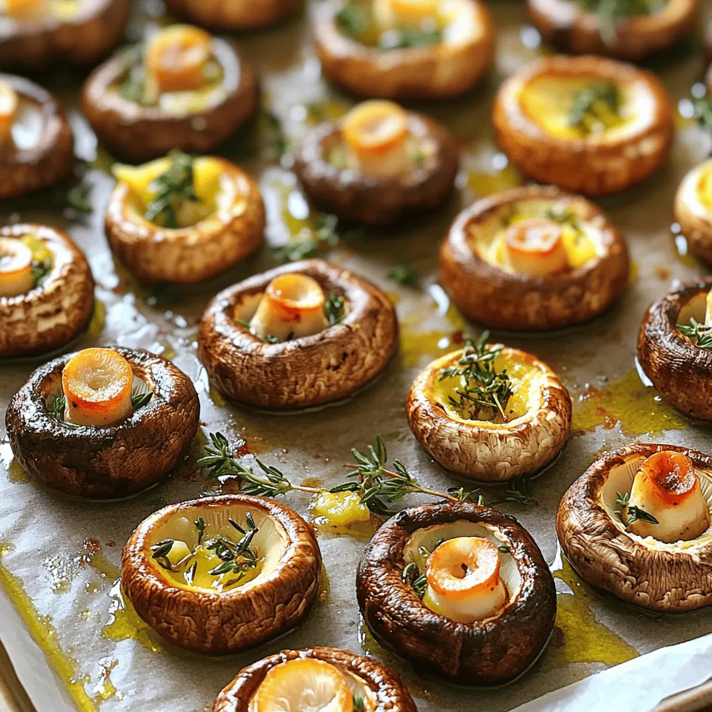 - 500g mixed mushrooms (button, cremini, shiitake) - 4 tablespoons high-quality olive oil - 4 cloves of garlic, finely minced - 2 tablespoons fresh thyme leaves, chopped - 1 tablespoon fresh rosemary leaves, chopped - Sea salt and freshly ground black pepper to taste - Zest of 1 medium lemon - 2 tablespoons freshly grated Parmesan cheese - Additional herbs for garnishing To make simple roasted mushrooms, focus on quality. Choose fresh, firm mushrooms for the best taste. Mix the mushrooms with olive oil and minced garlic in a bowl. This step is key for flavor. For seasoning, fresh thyme and rosemary add depth. Use sea salt and black pepper to enhance the natural taste. Zest a lemon for a bright finish. This adds a fresh twist to the dish. You can add Parmesan cheese for a rich flavor. It melts slightly and complements the mushrooms. You can also garnish with extra herbs for presentation. This recipe provides a wonderful side dish or topping. You’ll find it pairs well with many meals. For the full recipe, click here. Set your oven temperature to 200°C (400°F). This step is key for perfect roasting. In a big bowl, combine the halved mushrooms with olive oil and seasonings. Add: - 500g mixed mushrooms (button, cremini, shiitake) - 4 tablespoons high-quality olive oil - 4 cloves of garlic, finely minced - 2 tablespoons fresh thyme leaves, chopped - 1 tablespoon fresh rosemary leaves, chopped - Sea salt and freshly ground black pepper to taste Mix everything well. Make sure each mushroom piece gets coated with the oil and herbs. Line a baking sheet with parchment paper. This makes cleanup easy. Spread the mushrooms evenly in a single layer. Give them space to roast well. Put the baking sheet in the preheated oven. Roast the mushrooms for 20-25 minutes. Stir them halfway through. This helps them cook evenly. They should be golden brown and smell amazing. When you take them out, sprinkle lemon zest on top. This adds a fresh flavor. If you want, add freshly grated Parmesan cheese for a rich finish. Serve the roasted mushrooms hot. They are great as a side dish. You can also use them on salads or pastas. They enhance the flavor of any meal. For a nice touch, garnish with fresh herbs before serving. Enjoy! When you pick mushrooms, look for fresh and firm ones. Avoid any that feel slimy or have dark spots. Button, cremini, and shiitake mushrooms all add great flavor. Each type brings its own taste. For a mix, choose equal parts of each type. This blend gives depth to your dish. To make your roasted mushrooms even tastier, try adding other herbs. Oregano and parsley work well. You might also enjoy some crushed red pepper for heat. Experimenting with these flavors can change the dish. Just remember to keep the balance. Too much can overpower the mushrooms. One common issue is soggy mushrooms. To prevent this, make sure the mushrooms are dry before cooking. Toss them gently with oil and spices, but don’t overdo it. Spread them out on the baking sheet. If they touch, they will steam instead of roast. This simple step ensures they stay crispy. {{image_4}} You can use many types of mushrooms for roasting. Each type brings its own taste. Here are some great options: - Button mushrooms: Mild flavor, easy to find. - Cremini mushrooms: A bit more earthy than button. - Shiitake mushrooms: Rich and meaty texture. - Portobello mushrooms: Great for a hearty feel. - Oyster mushrooms: Delicate and slightly sweet flavor. Try a mix for a colorful dish. Different textures and tastes make it fun. Roasted mushrooms work well in grain bowls or salads. They add depth and flavor. Here are a few ideas: - Use them over brown rice or quinoa for a filling base. - Top a fresh green salad with mushrooms for extra taste. - Mix them into a pasta dish for a hearty meal. Experiment with your favorite grains and greens. Adding sauces can really boost the taste of your mushrooms. Here are some sauces to try: - Balsamic glaze: Adds sweetness and tang. - Soy sauce: Gives an umami kick. - Pesto: Brings a fresh herb flavor. - Tahini dressing: Creamy and rich. Drizzle these sauces over the mushrooms before serving. They add a lovely touch to your dish. After you enjoy your roasted mushrooms, let them cool down. Place them in an airtight container. Store them in the fridge. They stay fresh for up to three days. When you are ready to eat them again, reheat in a pan. You can also use the microwave. Just heat until warm. This keeps their flavor and texture. You can freeze roasted mushrooms, too! First, let them cool completely. Then, spread them out on a baking sheet. Freeze them for about an hour. This step keeps them from sticking together. After they are frozen, transfer them to a freezer bag. They can last up to three months in the freezer. Roasted mushrooms have different shelf lives based on storage. In the fridge, they last three days. If frozen, they stay good for three months. Always check for any off smells or changes in color when you take them out. If they look or smell strange, it’s best to toss them. You will know the mushrooms are done when they turn golden brown. They should feel soft to the touch but not mushy. The edges may crisp up a bit, adding a nice texture. The aroma will also be rich and savory, filling your kitchen with warmth. Yes, you can use dried herbs. They are more concentrated in flavor. Use one-third of the amount you would use for fresh herbs. For example, if the recipe calls for 2 tablespoons of fresh thyme, use about 2 teaspoons of dried thyme. This swap can still give you tasty results! Roasted mushrooms make a great side dish. They pair well with grilled meats like chicken or steak. You can add them to pasta dishes or stir them into risottos. They also work well in grain bowls or as a topping on pizza. Don’t forget to try them in salads for added flavor! Yes, this recipe can easily be made vegan. Simply skip the Parmesan cheese, or use a vegan cheese alternative. The rest of the recipe is already dairy-free. You will still enjoy a delicious and savory dish! For added creaminess, consider blending in some cashew cream or nutritional yeast. In this blog post, you learned how to make simple roasted mushrooms. We covered the main ingredients, step-by-step instructions, and tips for the best flavor. You can use various mushrooms and add your favorite herbs. Remember to use lemon zest for a fresh taste. Roasted mushrooms can serve as a great side or base for many dishes. With the right storage, you can enjoy them later too. Experiment with the recipe and share your tasty results! Enjoy your cooking journey!