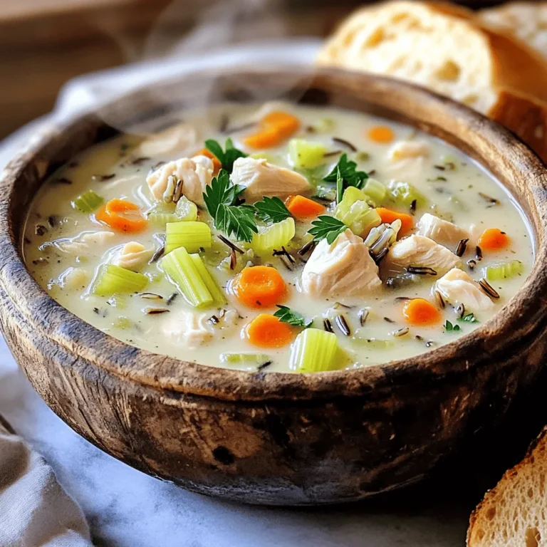 - 1 lb boneless, skinless chicken breasts - 1 cup wild rice - 1 medium onion - 2 medium carrots - 2 celery stalks - 6 cups low-sodium chicken broth - 1 cup heavy cream or coconut milk - Herbs and Spices You will need chicken breasts for protein. Wild rice brings a nice, nutty flavor. Onion, carrots, and celery add sweetness and crunch. Chicken broth gives depth. Heavy cream or coconut milk makes it rich and creamy. - 1 teaspoon dried thyme - 1 teaspoon dried rosemary - 1 teaspoon smoked paprika These herbs add a lovely aroma. Thyme and rosemary are classic pairings. Smoked paprika gives a warm, smoky touch. - Fresh parsley - Crusty artisan bread Fresh parsley brightens the soup. It looks nice and adds freshness. Pairing with crusty bread makes it even better. You can dip the bread into the soup, which is a treat! For the full recipe, check out the Comforting Chicken and Wild Rice Soup section. - Start by heating 2 tablespoons of olive oil in a large pot over medium heat. - Add 1 medium onion, 2 medium carrots, and 2 celery stalks, all finely chopped. - Sauté these vegetables for about 5 minutes until they soften and the onion turns clear. - Now, add 3 cloves of minced garlic. Stir it in and let it cook for 1 minute. - Next, mix in 1 pound of diced chicken. - Cook it for about 5 to 7 minutes until it is no longer pink. - Once the chicken is ready, add 1 cup of rinsed wild rice and 6 cups of low-sodium chicken broth. - Toss in 1 teaspoon each of dried thyme, dried rosemary, smoked paprika, and a pinch of salt and pepper. - Bring the mix to a boil, then reduce the heat. Cover the pot and let it simmer for 45 to 50 minutes. - After simmering, stir in 1 cup of heavy cream or coconut milk. - Heat it for another 5 minutes. - Taste the soup and adjust the seasoning with salt and pepper as needed. - Ladle the soup into bowls and garnish with fresh parsley before serving. For the full recipe, check out the [Full Recipe]. To boost the taste of your chicken and wild rice soup, use a mix of herbs. Thyme and rosemary work great together. They add a warm, earthy note. You can also try adding a bit of smoked paprika. It gives the soup a rich, smoky flavor that regular paprika cannot match. The soup should be thick, but not too thick. If it’s too watery, let it cook longer. Add more wild rice for a heartier texture. For creaminess, use heavy cream. If you want a lighter option, coconut milk works well. Stir it in at the end for the best results. Meal prep can save you time. Chop your veggies ahead of time and store them in the fridge. You can also cook the chicken in advance. If you have leftovers, they are perfect for future meals. Just reheat and enjoy. This soup tastes even better the next day! For the full recipe, check out the Comforting Chicken and Wild Rice Soup section. {{image_4}} You can make Chicken and Wild Rice Soup fit many diets. For a gluten-free option, use gluten-free broth. Check that the wild rice is pure and free from gluten. This soup is naturally gluten-free, so you have a great base. For dairy-free alternatives, switch heavy cream for coconut milk. This keeps the soup creamy without dairy. You can also try almond milk, but it will change the flavor a bit. Adding more vegetables boosts flavor and nutrition. Spinach adds color and more vitamins. Mushrooms give a nice earthy taste. Try adding these veggies in the last 10 minutes of cooking. If you like heat, add hot sauce. Start with a few drops and taste. This adds a nice kick without overpowering the dish. You can swap chicken for turkey. Ground turkey works well and cooks fast. For a vegetarian option, use tofu or chickpeas. Both add protein and texture. If you want a different soup, try a vegetarian wild rice soup. Use vegetable broth instead of chicken broth. This keeps the flavors bright and fresh. For the full recipe, check the earlier section. Enjoy exploring these variations! Chicken and wild rice soup lasts about 3 to 4 days in the fridge. Store it in airtight containers to keep it fresh. This way, you avoid any odd smells or tastes. Let the soup cool completely before sealing it up. This helps keep the soup's nice texture. To extend the life of your soup, freezing works great. Pour the cooled soup into freezer-safe bags or containers. Leave some space at the top for expansion. It can last up to 3 months in the freezer. When you're ready to enjoy it again, thaw overnight in the fridge. Reheat it on the stove over medium heat. Stir often to warm it evenly. Get creative with your leftovers! Try using the soup as a sauce for pasta. You can also spoon it over baked potatoes for a hearty meal. Pair it with crusty bread for a filling lunch. For a fresh twist, add a side salad or steamed veggies to your meal. These ideas help make the most of your tasty soup. If you want to explore more, check the Full Recipe for different serving ideas. Making Chicken and Wild Rice Soup takes about 1 hour and 10 minutes total. You will need around 15 minutes for prep time. The cooking time is about 50 minutes. This includes simmering the soup until the rice is tender. Yes, you can use a slow cooker for this recipe. First, sauté the veggies and chicken in a pan. Then, add all the ingredients to the slow cooker. Cook on low for 6-7 hours or on high for 3-4 hours. Stir in the cream or coconut milk at the end. This keeps it creamy and fresh. If you need an alternative to wild rice, consider using brown rice or quinoa. Both options are healthy and add great flavor. You can also use white rice, but it cooks faster. Adjust your cooking time if you use a different rice. Yes, Chicken and Wild Rice Soup is quite healthy. It includes lean chicken, veggies, and whole grains. Wild rice is high in fiber and nutrients. The soup is low in sodium if you use low-sodium broth. Plus, it provides a good source of protein and vitamins. Enjoy this dish guilt-free! This blog post covered the key ingredients for Chicken and Wild Rice Soup. It explained how to prepare, cook, and store this dish. I shared tips to boost flavor and texture, along with variations for dietary needs. In conclusion, this soup is versatile and satisfying. You can enjoy it in many ways. With these recipes and tips, you can create a warm and hearty meal that fits your needs. Happy cooking!