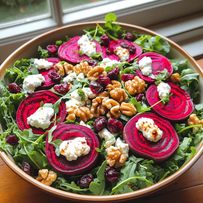 - Beets: You need 4 medium beets. Scrub and trim them well. Roasting brings out their sweet flavor. - Salad Greens: Use 4 cups of mixed greens. A blend of arugula, spinach, and kale works best. This mix adds flavor and texture. - Goat Cheese: Get 1 cup of goat cheese. Crumble it into small pieces. Soft or aged goat cheese both work well. - Nuts and Dried Fruits: Use 1/2 cup of walnuts for crunch. Toast them for extra flavor. Add 1/4 cup of dried cranberries for a touch of sweetness. These ingredients make a vibrant and tasty salad. For the full recipe, follow my detailed instructions. Enjoy making this delightful dish! Preheating the Oven: Start by preheating your oven to 400°F (200°C). This temperature helps cook the beets evenly. Wrapping and Baking: Take each beet and wrap it in aluminum foil. Seal it tightly so the moisture stays in. Place the wrapped beets on a baking tray. Roast them for about 45 to 60 minutes. You know they are done when a knife goes through them easily. Cooling and Peeling: After roasting, take the beets out of the oven. Let them cool for a bit. Once they are cool enough to handle, peel off the skin. It should come off easily. Slice the beets into wedges or rounds, and set them aside. Ingredients for Dressing: You will need balsamic vinegar, extra virgin olive oil, Dijon mustard, salt, and pepper. These ingredients create a tasty, tangy dressing. Whisking Techniques: In a small bowl, combine all the dressing ingredients. Use a whisk to blend them together until smooth. Make sure there are no lumps. Combining Ingredients: In a large mixing bowl, gently mix the salad greens, roasted beet slices, goat cheese, walnuts, and cranberries. Be careful not to break the beet slices. Dressing the Salad: Drizzle the dressing over the salad. Toss everything together carefully. You want the salad coated well without mashing the beets. Now, you can enjoy your Beet-tastic Goat Cheese Garden Salad! For the complete recipe, check the Full Recipe link above. Checking Doneness: To check if your beets are done, insert a knife or fork into the largest beet. If it goes in easily, they are ready. You want them tender, but not mushy. Alternate Cooking Methods: You can choose to boil or roast beets. Boiling takes about 30-40 minutes but may wash away some flavor. Roasting, on the other hand, gives a rich taste. I recommend roasting for the best flavor. Layering for Visual Appeal: When you assemble your salad, think about color and texture. Start with the greens as the base. Then, add beet slices, goat cheese, walnuts, and cranberries on top. This makes the salad look vibrant and inviting. Best Serving Temperature: This salad tastes great at room temperature or slightly chilled. I suggest letting it sit for about 10 minutes after dressing. This allows the flavors to blend nicely before serving. For a fresh touch, serve it right after mixing. For the complete recipe, check out the Full Recipe section above. {{image_4}} Greens Alternatives: You can switch up the greens. Try using only arugula for a peppery kick. Spinach adds a mild taste. Kale gives a hearty texture. Each green brings its own flavor. Mix and match based on your taste. Cheese Alternatives: If you want to go beyond goat cheese, feta works well too. Its crumbly texture adds a salty punch. For a creamier option, try ricotta. A vegan cheese can also fit in nicely for a dairy-free choice. Protein Choices: Adding proteins makes this salad more filling. Grilled chicken adds a savory touch. Chickpeas offer a plant-based option full of fiber. You could also use shrimp or tofu for variety. Nutritional Benefits: Adding proteins boosts the salad’s nutrients. Chicken provides lean protein, great for muscle health. Chickpeas add fiber, which helps digestion. Proteins also keep you full longer, making this salad a complete meal. For the full recipe, check out the Beet-tastic Goat Cheese Garden Salad. To keep your roasted beet and goat cheese salad fresh, place it in the fridge. Store it in a sealed container to avoid drying out. This method keeps the flavors intact. Try to eat it within two days for the best taste. Use a glass or plastic container with a lid. Avoid metal containers as they can react with the beets. If you have any dressing left, store it separately. This keeps the salad crisp and prevents sogginess. You usually won't need to reheat this salad. It tastes best cold. If you want to warm the beets, use a microwave. Place them in a bowl with a little water, cover it, and heat for 30 seconds. For creative ways to use leftovers, turn the salad into a wrap. Use a tortilla to wrap the salad and enjoy it as a quick lunch. You can also mix it with cooked grains like quinoa for a hearty meal. For the full recipe, check out the Beet-tastic Goat Cheese Garden Salad. How long do roasted beets last in the fridge? Roasted beets can last up to five days in the fridge. Store them in an airtight container. This keeps them fresh for your salad or other meals. Can I use pre-cooked beets for this salad? Yes, you can use pre-cooked beets. They save time and still taste great. Just slice them and add them to your salad. Is this salad gluten-free? Absolutely! This salad is naturally gluten-free. All the ingredients are safe for those with gluten sensitivities. Complementary Dishes: What to serve alongside This salad pairs well with grilled chicken or fish. You can also serve it with crusty bread for a complete meal. A light soup like tomato or carrot can make a great starter. Ideal Occasions: Best times to serve this salad Enjoy this salad at a summer picnic, a brunch, or a holiday dinner. It’s colorful and festive, making it perfect for gatherings. Caloric Breakdown: Overview of nutritional value per serving Each serving of this salad has around 300 calories. It provides a good mix of healthy fats, fiber, and protein. Goat cheese adds creaminess, while beets offer vitamins and minerals. Dietary Considerations: Tips for dietary restrictions This salad is vegetarian and gluten-free. For a vegan version, skip the goat cheese and use a nut-based cheese. If you need a nut-free option, replace walnuts with seeds. Roasted beet and goat cheese salad is fresh and tasty. We explored key ingredients and simple steps for preparation. I provided tips for perfecting your beets and assembling the salad. You can even try variations to suit your taste. Remember to store leftovers properly for maximum freshness. This salad is versatile, nutritious, and great for any meal. I hope you enjoy making and sharing this delightful dish!