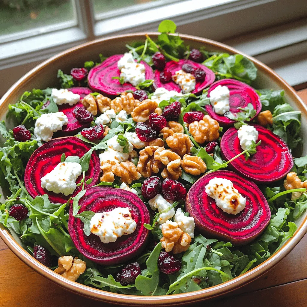 - Beets: You need 4 medium beets. Scrub and trim them well. Roasting brings out their sweet flavor. - Salad Greens: Use 4 cups of mixed greens. A blend of arugula, spinach, and kale works best. This mix adds flavor and texture. - Goat Cheese: Get 1 cup of goat cheese. Crumble it into small pieces. Soft or aged goat cheese both work well. - Nuts and Dried Fruits: Use 1/2 cup of walnuts for crunch. Toast them for extra flavor. Add 1/4 cup of dried cranberries for a touch of sweetness. These ingredients make a vibrant and tasty salad. For the full recipe, follow my detailed instructions. Enjoy making this delightful dish! Preheating the Oven: Start by preheating your oven to 400°F (200°C). This temperature helps cook the beets evenly. Wrapping and Baking: Take each beet and wrap it in aluminum foil. Seal it tightly so the moisture stays in. Place the wrapped beets on a baking tray. Roast them for about 45 to 60 minutes. You know they are done when a knife goes through them easily. Cooling and Peeling: After roasting, take the beets out of the oven. Let them cool for a bit. Once they are cool enough to handle, peel off the skin. It should come off easily. Slice the beets into wedges or rounds, and set them aside. Ingredients for Dressing: You will need balsamic vinegar, extra virgin olive oil, Dijon mustard, salt, and pepper. These ingredients create a tasty, tangy dressing. Whisking Techniques: In a small bowl, combine all the dressing ingredients. Use a whisk to blend them together until smooth. Make sure there are no lumps. Combining Ingredients: In a large mixing bowl, gently mix the salad greens, roasted beet slices, goat cheese, walnuts, and cranberries. Be careful not to break the beet slices. Dressing the Salad: Drizzle the dressing over the salad. Toss everything together carefully. You want the salad coated well without mashing the beets. Now, you can enjoy your Beet-tastic Goat Cheese Garden Salad! For the complete recipe, check the Full Recipe link above. Checking Doneness: To check if your beets are done, insert a knife or fork into the largest beet. If it goes in easily, they are ready. You want them tender, but not mushy. Alternate Cooking Methods: You can choose to boil or roast beets. Boiling takes about 30-40 minutes but may wash away some flavor. Roasting, on the other hand, gives a rich taste. I recommend roasting for the best flavor. Layering for Visual Appeal: When you assemble your salad, think about color and texture. Start with the greens as the base. Then, add beet slices, goat cheese, walnuts, and cranberries on top. This makes the salad look vibrant and inviting. Best Serving Temperature: This salad tastes great at room temperature or slightly chilled. I suggest letting it sit for about 10 minutes after dressing. This allows the flavors to blend nicely before serving. For a fresh touch, serve it right after mixing. For the complete recipe, check out the Full Recipe section above. {{image_4}} Greens Alternatives: You can switch up the greens. Try using only arugula for a peppery kick. Spinach adds a mild taste. Kale gives a hearty texture. Each green brings its own flavor. Mix and match based on your taste. Cheese Alternatives: If you want to go beyond goat cheese, feta works well too. Its crumbly texture adds a salty punch. For a creamier option, try ricotta. A vegan cheese can also fit in nicely for a dairy-free choice. Protein Choices: Adding proteins makes this salad more filling. Grilled chicken adds a savory touch. Chickpeas offer a plant-based option full of fiber. You could also use shrimp or tofu for variety. Nutritional Benefits: Adding proteins boosts the salad’s nutrients. Chicken provides lean protein, great for muscle health. Chickpeas add fiber, which helps digestion. Proteins also keep you full longer, making this salad a complete meal. For the full recipe, check out the Beet-tastic Goat Cheese Garden Salad. To keep your roasted beet and goat cheese salad fresh, place it in the fridge. Store it in a sealed container to avoid drying out. This method keeps the flavors intact. Try to eat it within two days for the best taste. Use a glass or plastic container with a lid. Avoid metal containers as they can react with the beets. If you have any dressing left, store it separately. This keeps the salad crisp and prevents sogginess. You usually won't need to reheat this salad. It tastes best cold. If you want to warm the beets, use a microwave. Place them in a bowl with a little water, cover it, and heat for 30 seconds. For creative ways to use leftovers, turn the salad into a wrap. Use a tortilla to wrap the salad and enjoy it as a quick lunch. You can also mix it with cooked grains like quinoa for a hearty meal. For the full recipe, check out the Beet-tastic Goat Cheese Garden Salad. How long do roasted beets last in the fridge? Roasted beets can last up to five days in the fridge. Store them in an airtight container. This keeps them fresh for your salad or other meals. Can I use pre-cooked beets for this salad? Yes, you can use pre-cooked beets. They save time and still taste great. Just slice them and add them to your salad. Is this salad gluten-free? Absolutely! This salad is naturally gluten-free. All the ingredients are safe for those with gluten sensitivities. Complementary Dishes: What to serve alongside This salad pairs well with grilled chicken or fish. You can also serve it with crusty bread for a complete meal. A light soup like tomato or carrot can make a great starter. Ideal Occasions: Best times to serve this salad Enjoy this salad at a summer picnic, a brunch, or a holiday dinner. It’s colorful and festive, making it perfect for gatherings. Caloric Breakdown: Overview of nutritional value per serving Each serving of this salad has around 300 calories. It provides a good mix of healthy fats, fiber, and protein. Goat cheese adds creaminess, while beets offer vitamins and minerals. Dietary Considerations: Tips for dietary restrictions This salad is vegetarian and gluten-free. For a vegan version, skip the goat cheese and use a nut-based cheese. If you need a nut-free option, replace walnuts with seeds. Roasted beet and goat cheese salad is fresh and tasty. We explored key ingredients and simple steps for preparation. I provided tips for perfecting your beets and assembling the salad. You can even try variations to suit your taste. Remember to store leftovers properly for maximum freshness. This salad is versatile, nutritious, and great for any meal. I hope you enjoy making and sharing this delightful dish!