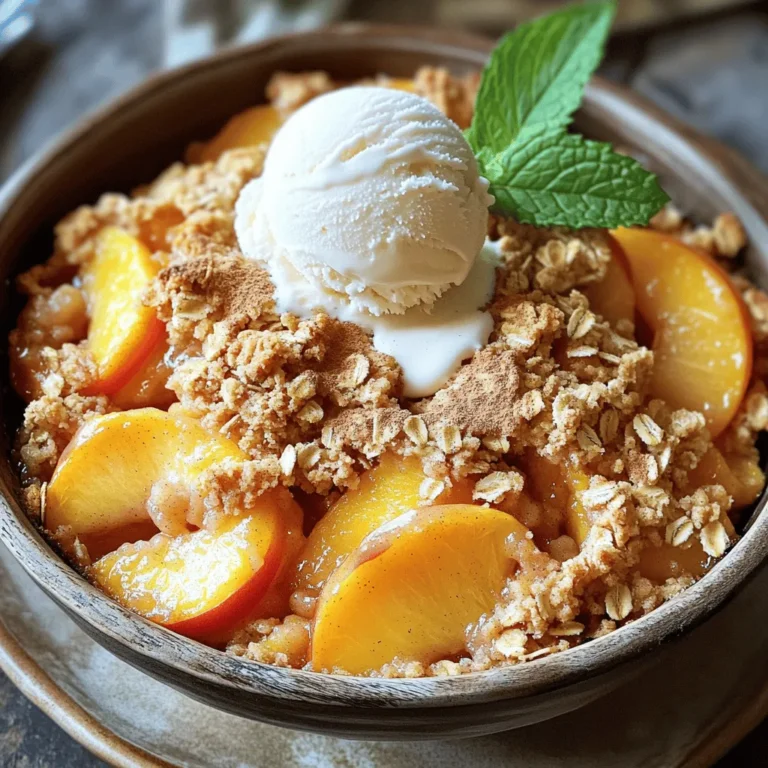 For this crisp, use 6 ripe peaches. These juicy fruits bring a sweet and tangy flavor. They should be soft but firm. Slice them thinly to help with even cooking. Fresh peaches give the best taste, but you can also use frozen ones if needed. Gather the following dry ingredients: - 1 cup rolled oats - 1/2 cup all-purpose flour (or almond flour for a gluten-free option) - 1/2 cup packed brown sugar - 1/4 cup granulated sugar - 1 teaspoon ground cinnamon - 1/4 teaspoon ground nutmeg - 1/4 teaspoon salt These ingredients create a lovely, crumbly topping for the crisp. The oats add texture, while the sugars provide sweetness. Spices like cinnamon and nutmeg give warm flavors that pair well with peaches. You can adjust the sugar based on your taste. To make your peach crisp even better, consider these serving ideas: - Top with a scoop of vanilla ice cream - Add a dollop of fresh whipped cream These options add creaminess and contrast to the warm fruit. You can also sprinkle some chopped nuts for extra crunch. Enjoy your delicious peach crisp with these simple enhancements! You can find the full recipe at the top. Start with fresh, ripe peaches. Wash them well under cool water. Slice the peaches into thin wedges. Remove the pit as you go. In a large bowl, mix the sliced peaches with granulated sugar and vanilla extract. Gently toss the peaches. This step helps to bring out their sweet flavor. Once mixed, pour the peach mixture into a greased 8x8 inch baking dish. Spread the peaches evenly across the bottom. In another bowl, combine rolled oats, flour, brown sugar, ground cinnamon, ground nutmeg, and salt. Stir these dry ingredients until they blend well. Then, drizzle melted butter over the oat mix. Mix it gently until it looks like coarse crumbs. This gives your topping a nice texture when baked. Make sure every bit of the dry mix is moistened. Now it’s time to bake! Evenly distribute the crumbly oat topping over the peaches in the baking dish. Preheat your oven to 350°F (175°C). Bake the crisp for 30-35 minutes. Look for a golden-brown topping and bubbling juices around the edges. This means it’s ready! Once baked, take it out and let it cool for 5-10 minutes. This helps the juices settle and makes serving easier. Serve warm with ice cream or whipped cream for an extra treat. Enjoy this delightful peach crisp recipe! For more details, check the Full Recipe. To get a great texture for your peach crisp, focus on the oats. Use rolled oats for the topping. They create a chewy, crunchy layer. Make sure to mix the oats with flour and sugar well. This helps them blend nicely. When you drizzle melted butter, stir until it looks crumbly. If it’s too wet, it will bake into a soggy mess. Aim for dry crumbs that will crisp up in the oven. To enhance the peach flavor, use ripe, juicy peaches. The fresher, the better! Toss the peaches with granulated sugar and vanilla extract. This simple step boosts the sweetness and aroma. You can also add spices like cinnamon and nutmeg to the topping. These spices add warmth and depth to the dish. A pinch of salt in the topping balances the sweet flavors perfectly. Don't skip these little details; they make a big difference. When serving your peach crisp, presentation matters. Serve it warm in individual bowls. A scoop of vanilla ice cream or a dollop of fresh whipped cream is a must. The cold cream melts into the warm crisp, creating a sweet delight. You can also garnish with fresh mint for a pop of color. This makes your dish look beautiful and inviting. For more ideas, check out the Full Recipe for variations and tips. {{image_4}} You can make this peach crisp gluten-free with a simple swap. Use almond flour instead of all-purpose flour. This change keeps the crisp tasty and light. It also adds a nice nutty flavor. Make sure to check that your oats are certified gluten-free. This way, everyone can enjoy this dessert. Mixing in other fruits makes your crisp unique. Try berries, like blueberries or raspberries. Cherries also work well with peaches. If you like nuts, consider adding chopped walnuts or pecans. Just sprinkle them on top of the oat mixture before baking. This addition gives a nice crunch and flavor contrast. You can easily change up the flavors in your crisp. Add a splash of lemon juice for brightness. A little almond extract can also enhance the peach flavor. If you love spices, try adding a pinch of ginger or cardamom. These spices create an exciting twist on the classic recipe. Explore these options to make your peach crisp truly your own! For the full recipe, check out the Sweet Summer Peach Crisp. After enjoying your peach crisp, store leftovers in an airtight container. This keeps the crisp fresh. Place it in the fridge for up to three days. If you want to save it longer, freezing is a great option. You can freeze the peach crisp for later use. First, let it cool completely. Then, cover it well with plastic wrap and aluminum foil. It will stay good in the freezer for up to three months. When you are ready to enjoy it, just thaw it in the fridge overnight. To reheat, preheat your oven to 350°F (175°C). Place the peach crisp in an oven-safe dish. Cover it loosely with foil to prevent it from burning. Heat for about 20 minutes, or until warmed through. If you like, add some fresh ice cream on top when serving. This makes it even more delightful! Yes, you can use frozen peaches. Just thaw them first. Drain any extra juice before mixing. This keeps your crisp from becoming too watery. Your peach crisp is done when the topping is golden brown. You should see bubbles around the edges. A good bake time is 30 to 35 minutes. If you want to skip butter, try coconut oil or applesauce. Both give a nice texture. Use the same amount as the butter in the recipe. For a dairy-free option, coconut oil works great. In this blog post, we explored how to make a delicious peach crisp. We covered fresh peach prep, dry ingredients, and tasty serving ideas. You learned step-by-step instructions and tips for the best texture and flavor. We even shared variations for gluten-free options and how to store leftovers. Remember, you can swap ingredients to suit your taste. Enjoy this treat and impress your friends and family with your baking skills. Peach crisp is a simple dessert everyone will love. Happy baking!