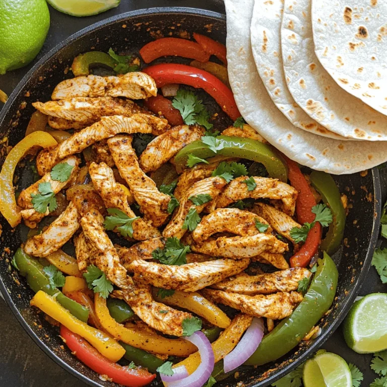 - 1 lb boneless, skinless chicken breasts, cut into thin strips - 2 tablespoons extra virgin olive oil - 1 teaspoon ground chili powder - 1 teaspoon ground cumin - 1 teaspoon smoked paprika - 1 teaspoon garlic powder - Sea salt and freshly cracked black pepper, to taste - 1 red bell pepper, thinly sliced - 1 green bell pepper, thinly sliced - 1 large yellow onion, thinly sliced - 8 small flour or corn tortillas - Fresh cilantro, finely chopped (for garnish) - Lime wedges (for garnish and serving) You can add your favorite toppings. Consider these: - Sliced avocado or guacamole - Sour cream or Greek yogurt - Shredded cheese, like cheddar or queso fresco - Salsa or pico de gallo - Jalapeños for heat To make these fajitas, use these tools: - A large skillet or frying pan - Medium mixing bowl for the marinade - Whisk or spoon for mixing - Knife and cutting board for slicing veggies - Tongs for easy flipping and serving - Measuring spoons for precise spice amounts This recipe is all about flavor and ease. The full recipe helps you get started quickly! Enjoy your cooking adventure! To make the marinade, grab a medium bowl. Combine 2 tablespoons of extra virgin olive oil, 1 teaspoon of ground chili powder, 1 teaspoon of ground cumin, 1 teaspoon of smoked paprika, and 1 teaspoon of garlic powder. Add sea salt and freshly cracked black pepper to taste. Whisk these ingredients together until they blend well. This mixture gives the chicken a rich and zesty flavor. Next, add 1 pound of thinly sliced chicken breasts to the marinade. Toss the chicken until each piece is coated well. Cover the bowl with plastic wrap. Let it marinate for 15-20 minutes at room temperature. For a deeper flavor, refrigerate the chicken for up to 2 hours. This step makes your chicken tender and packed with flavor. Heat a large skillet over medium-high heat. Once hot, add the marinated chicken in a single layer. Cook for about 5 minutes. Stir occasionally until the chicken is golden brown and fully cooked. Then, add 1 sliced red bell pepper, 1 sliced green bell pepper, and 1 sliced yellow onion to the skillet. Stir and cook for an additional 5-7 minutes. This softens the veggies while keeping a nice crunch. While the chicken and veggies cook, warm 8 small tortillas. You can heat them in a separate skillet over low heat for 30 seconds on each side. Alternatively, wrap them in a damp paper towel and microwave for 15-20 seconds. Warm tortillas are soft and perfect for wrapping. To assemble your fajitas, take a warm tortilla. Place a generous scoop of the chicken and vegetable mixture in the center. Sprinkle with fresh cilantro for a burst of flavor. Serve with lime wedges on the side for extra zest. You can find the Full Recipe for more details. Enjoy every bite! To make great chicken fajitas, heat your skillet well. A hot skillet gives the chicken a nice sear. This creates flavor and texture. Use thin strips of chicken for quick cooking. They cook evenly and absorb the marinade well. When you add the veggies, keep them crisp. Stir them in after the chicken cooks. This way, they stay colorful and crunchy. Serve your fajitas with lime wedges and fresh cilantro. The lime adds a bright taste that pairs well with the spices. Try adding guacamole or salsa for extra flavor. These toppings make the meal more fun and tasty. A side of rice or beans can also round out the meal. One common mistake is overcrowding the pan. This can steam the chicken instead of searing it. Cook in batches if needed. Another mistake is skipping the marinating step. Marinating adds flavor and tenderness. Don’t forget to warm your tortillas. Cold tortillas can make the meal less enjoyable. Try using a damp paper towel in the microwave for a quick fix. For the full recipe, check the previous section. {{image_4}} If you want a meat-free option, use firm tofu or portobello mushrooms. Cut them into strips like the chicken. Marinate them just like the chicken for great flavor. Cook them in the skillet until golden. You can add more veggies, such as zucchini or carrots. This makes a tasty and colorful dish! You can adjust the heat by changing the spices. For mild fajitas, use less chili powder or skip the spicy peppers. If you like heat, add jalapeños or a pinch of cayenne pepper. You can also use a hot sauce to spice things up during cooking or at the table. This way, everyone can enjoy their own level of heat. For a fresh twist, serve your fajita mix over rice or a salad. Use brown rice or quinoa for a healthy touch. If you choose salad, add greens like spinach or romaine. Top with your fajitas and a squeeze of lime. This makes a filling meal that’s also light and refreshing! After enjoying your chicken fajitas, store leftovers in an airtight container. This keeps them fresh. Let the fajitas cool before sealing. You can keep them in the fridge for up to three days. If you have extra tortillas, store them separately. To reheat, use a skillet for the best results. Heat the skillet over medium heat. Add a splash of oil if needed. Warm the fajitas for about 5 minutes, stirring often. You can also use a microwave for a quick option. Place them in a microwave-safe dish and cover with a damp paper towel. Heat for 1-2 minutes, checking to avoid overheating. If you want to save some fajitas for later, freezing is a great option. Place the cooled fajitas in a freezer-safe bag. Remove as much air as you can before sealing. You can freeze them for up to three months. When ready to eat, thaw overnight in the fridge. Then, reheat as mentioned above. Enjoy your delicious meal anytime! To make easy chicken fajitas quickly, prepare the marinade first. Mix oil and spices in a bowl. Cut the chicken into strips and toss in the marinade. Let it sit for 15 minutes. While marinating, slice the bell peppers and onion. Cook the chicken in a hot skillet for about 5 minutes. Then, add the veggies and cook for another 5-7 minutes. Warm the tortillas in a separate skillet or microwave. Fill and serve! This method keeps things fast and tasty. Yes, you can use beef or shrimp. For beef, choose flank steak or sirloin. Cut it into thin strips like chicken. Marinate as you would the chicken. For shrimp, use raw, peeled shrimp. Cook them for about 3-5 minutes until they turn pink. Both options provide a different flavor while keeping the dish fun. The best way to cut chicken for fajitas is to slice it against the grain. This method keeps the meat tender. Use a sharp knife and cut the chicken breasts into thin strips. Aim for about 1/2 inch wide. This size cooks evenly and fits well in the tortillas. Marinating is not required but highly recommended. It adds flavor and tenderness to the chicken. If you are short on time, a quick 15-minute marinade works well. For more flavor, marinate for 1-2 hours in the fridge. You can add many toppings to your chicken fajitas. Here are some great options: - Shredded cheese - Sour cream - Guacamole - Salsa - Jalapeños - Diced tomatoes - Avocado slices - Fresh cilantro These toppings give extra flavor and texture to your dish. Enjoy mixing and matching! For the full recipe, check out the full recipe link. In this article, we explored how to make tasty chicken fajitas. We covered the important ingredients, tools, and step-by-step instructions. You learned tips for the best cooking and some great variations. I shared how to store leftovers and answered common questions too. Now, you have all you need to impress family and friends. Enjoy your cooking, and make dinner fun!