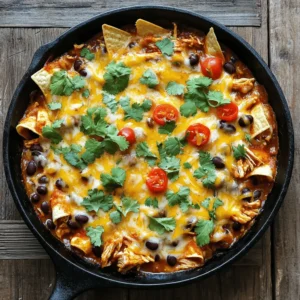 - 2 cups cooked chicken, shredded - 1 cup corn tortillas, cut into strips - 1 cup black beans, drained and rinsed - 1 cup diced tomatoes (fresh or canned) - 1 cup enchilada sauce (your choice of red or green) - 1 cup shredded cheese (cheddar or Mexican blend) - 1/2 cup red bell pepper, diced - 1/2 cup onion, diced - 1 tablespoon olive oil - 1 teaspoon ground cumin - 1 teaspoon paprika - Salt and pepper to taste - Fresh cilantro for garnish - Optional: Sour cream or Greek yogurt for serving Gather these ingredients before starting. Using fresh and quality items enhances flavor. I always recommend using cooked chicken to save time. You can shred leftover rotisserie chicken or cook your own. This dish is flexible with ingredients, making it easy to adjust for your taste. For the tortillas, I prefer corn for their texture. They add a nice crunch and absorb the sauce well. Black beans add protein and fiber, making the meal hearty. Diced tomatoes bring freshness, while the enchilada sauce ties everything together. The cheese is the crowning glory! You can use cheddar or a blend. It melts beautifully and adds richness. Don't forget the bell pepper and onion. They bring sweetness and depth to the dish. Finally, the spices like cumin and paprika add warmth and flavor. Adjust the salt and pepper to fit your preference. Fresh cilantro brightens the dish. You can even add sour cream or yogurt for extra creaminess. For the full recipe, refer to the section above. Enjoy every bite! - Heat olive oil in a large skillet over medium heat. - Add onions and red bell pepper; sauté for 3-4 minutes until tender. Start by heating the olive oil in your skillet. Make sure the oil is hot but not smoking. Next, add the diced onions and red bell pepper. Stir them often, letting them cook until they are soft and fragrant. This step builds a great flavor base for your dish. - Incorporate shredded chicken, black beans, diced tomatoes, and spices. - Stir to combine; heat for an additional 2-3 minutes. Once the vegetables are tender, it's time to add the fun stuff! Mix in the shredded chicken, black beans, diced tomatoes, and spices like cumin and paprika. Stir everything together well. Let it heat for another 2-3 minutes until all the ingredients are warm and blended nicely. - Pour in enchilada sauce and mix well. - Fold in tortilla strips, cover with cheese, and simmer until melted. Now, pour in your chosen enchilada sauce. This is where the magic happens! Mix it all up so every piece is coated. Then, fold in the tortilla strips gently. This will help them soak up the sauce. Top everything with a generous layer of shredded cheese. Cover the skillet and let it simmer until the cheese is melted and bubbly. This will take about 5 minutes. Enjoy the rich aroma filling your kitchen! - Use pre-cooked chicken for quicker prep time. This saves you about 10 minutes. - Adjust spice levels by adding hot sauce or jalapeños. A little heat adds flavor. - Serve hot, directly from the skillet for a casual meal. This keeps it warm and fun. - Garnish with fresh cilantro and serve with sour cream. This adds freshness and creaminess. - Plate individual portions or keep in the skillet for a rustic feel. Both options look great. - Sprinkle extra cilantro for an attractive finish. This makes the dish pop visually. For the full recipe, check the details above! {{image_4}} You can swap chicken for other proteins. Use ground turkey for a leaner taste. Ground beef also works well if you prefer red meat. For a vegetarian option, try adding more black beans or lentils. These options keep the dish hearty and filling. The sauce can change the flavor of your skillet meal. You can try different enchilada sauces, such as green or red. Making your own sauce adds a personal touch. Adding salsa can boost the flavor too. Cream-based sauces can create a rich twist. Don't be afraid to get creative with your sauce! Cheese is key in this dish. A mix of Monterey Jack and Pepper Jack can add extra zest. If you want a dairy-free option, vegan cheese is available. This way, everyone can enjoy this tasty meal. Feel free to experiment with different cheese combinations for unique flavors. Store any leftovers in an airtight container in the refrigerator for up to 3 days. This keeps them fresh and tasty. Before placing the dish in the fridge, allow it to cool completely. This step helps save the flavor and texture of the meal. You can freeze the enchiladas in a sealed container for up to 2 months. Make sure to label the container with the date. When you’re ready to enjoy them again, thaw overnight in the refrigerator. This method ensures even reheating. Reheat in the microwave or on the stove. If using the stove, add a bit of water to prevent drying out. This keeps the dish moist and flavorful. For an extra tasty touch, sprinkle on some cheese while reheating. It melts wonderfully and adds great flavor! You can find the full recipe to guide you through every step. - Yes, just ensure it is fully cooked before adding to the skillet. - Incorporate diced jalapeños or a spicy enchilada sauce. - Serve with rice, beans, or a fresh salad for a complete meal. - The total time including prep and cook time is approximately 20 minutes. When I prepare Chicken and Cheese Enchiladas Skillet, I often use frozen chicken. It saves time! Just remember to cook it fully before adding it to the pan. For spice lovers, diced jalapeños or spicy sauce can boost the heat. I enjoy it with rice or a fresh salad. It makes a great meal. This dish is quick, taking about 20 minutes from start to finish. It's perfect for busy days. You can set up your skillet and have it ready in no time. I love how easy it is to make this tasty dinner delight! For the full recipe, don't forget to check the detailed steps. Enjoy your cooking! This blog post shared a delicious Chicken and Cheese Enchiladas Skillet recipe. You learned about the main and additional ingredients needed, plus easy preparation steps. I offered tips for cooking and serving, along with tasty variations to make this dish your own. Don’t forget how to store leftovers for later enjoyment. Dive into this recipe, and enjoy a satisfying meal that’s easy to make and full of flavor!