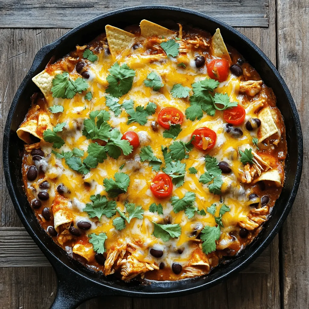 - 2 cups cooked chicken, shredded - 1 cup corn tortillas, cut into strips - 1 cup black beans, drained and rinsed - 1 cup diced tomatoes (fresh or canned) - 1 cup enchilada sauce (your choice of red or green) - 1 cup shredded cheese (cheddar or Mexican blend) - 1/2 cup red bell pepper, diced - 1/2 cup onion, diced - 1 tablespoon olive oil - 1 teaspoon ground cumin - 1 teaspoon paprika - Salt and pepper to taste - Fresh cilantro for garnish - Optional: Sour cream or Greek yogurt for serving Gather these ingredients before starting. Using fresh and quality items enhances flavor. I always recommend using cooked chicken to save time. You can shred leftover rotisserie chicken or cook your own. This dish is flexible with ingredients, making it easy to adjust for your taste. For the tortillas, I prefer corn for their texture. They add a nice crunch and absorb the sauce well. Black beans add protein and fiber, making the meal hearty. Diced tomatoes bring freshness, while the enchilada sauce ties everything together. The cheese is the crowning glory! You can use cheddar or a blend. It melts beautifully and adds richness. Don't forget the bell pepper and onion. They bring sweetness and depth to the dish. Finally, the spices like cumin and paprika add warmth and flavor. Adjust the salt and pepper to fit your preference. Fresh cilantro brightens the dish. You can even add sour cream or yogurt for extra creaminess. For the full recipe, refer to the section above. Enjoy every bite! - Heat olive oil in a large skillet over medium heat. - Add onions and red bell pepper; sauté for 3-4 minutes until tender. Start by heating the olive oil in your skillet. Make sure the oil is hot but not smoking. Next, add the diced onions and red bell pepper. Stir them often, letting them cook until they are soft and fragrant. This step builds a great flavor base for your dish. - Incorporate shredded chicken, black beans, diced tomatoes, and spices. - Stir to combine; heat for an additional 2-3 minutes. Once the vegetables are tender, it's time to add the fun stuff! Mix in the shredded chicken, black beans, diced tomatoes, and spices like cumin and paprika. Stir everything together well. Let it heat for another 2-3 minutes until all the ingredients are warm and blended nicely. - Pour in enchilada sauce and mix well. - Fold in tortilla strips, cover with cheese, and simmer until melted. Now, pour in your chosen enchilada sauce. This is where the magic happens! Mix it all up so every piece is coated. Then, fold in the tortilla strips gently. This will help them soak up the sauce. Top everything with a generous layer of shredded cheese. Cover the skillet and let it simmer until the cheese is melted and bubbly. This will take about 5 minutes. Enjoy the rich aroma filling your kitchen! - Use pre-cooked chicken for quicker prep time. This saves you about 10 minutes. - Adjust spice levels by adding hot sauce or jalapeños. A little heat adds flavor. - Serve hot, directly from the skillet for a casual meal. This keeps it warm and fun. - Garnish with fresh cilantro and serve with sour cream. This adds freshness and creaminess. - Plate individual portions or keep in the skillet for a rustic feel. Both options look great. - Sprinkle extra cilantro for an attractive finish. This makes the dish pop visually. For the full recipe, check the details above! {{image_4}} You can swap chicken for other proteins. Use ground turkey for a leaner taste. Ground beef also works well if you prefer red meat. For a vegetarian option, try adding more black beans or lentils. These options keep the dish hearty and filling. The sauce can change the flavor of your skillet meal. You can try different enchilada sauces, such as green or red. Making your own sauce adds a personal touch. Adding salsa can boost the flavor too. Cream-based sauces can create a rich twist. Don't be afraid to get creative with your sauce! Cheese is key in this dish. A mix of Monterey Jack and Pepper Jack can add extra zest. If you want a dairy-free option, vegan cheese is available. This way, everyone can enjoy this tasty meal. Feel free to experiment with different cheese combinations for unique flavors. Store any leftovers in an airtight container in the refrigerator for up to 3 days. This keeps them fresh and tasty. Before placing the dish in the fridge, allow it to cool completely. This step helps save the flavor and texture of the meal. You can freeze the enchiladas in a sealed container for up to 2 months. Make sure to label the container with the date. When you’re ready to enjoy them again, thaw overnight in the refrigerator. This method ensures even reheating. Reheat in the microwave or on the stove. If using the stove, add a bit of water to prevent drying out. This keeps the dish moist and flavorful. For an extra tasty touch, sprinkle on some cheese while reheating. It melts wonderfully and adds great flavor! You can find the full recipe to guide you through every step. - Yes, just ensure it is fully cooked before adding to the skillet. - Incorporate diced jalapeños or a spicy enchilada sauce. - Serve with rice, beans, or a fresh salad for a complete meal. - The total time including prep and cook time is approximately 20 minutes. When I prepare Chicken and Cheese Enchiladas Skillet, I often use frozen chicken. It saves time! Just remember to cook it fully before adding it to the pan. For spice lovers, diced jalapeños or spicy sauce can boost the heat. I enjoy it with rice or a fresh salad. It makes a great meal. This dish is quick, taking about 20 minutes from start to finish. It's perfect for busy days. You can set up your skillet and have it ready in no time. I love how easy it is to make this tasty dinner delight! For the full recipe, don't forget to check the detailed steps. Enjoy your cooking! This blog post shared a delicious Chicken and Cheese Enchiladas Skillet recipe. You learned about the main and additional ingredients needed, plus easy preparation steps. I offered tips for cooking and serving, along with tasty variations to make this dish your own. Don’t forget how to store leftovers for later enjoyment. Dive into this recipe, and enjoy a satisfying meal that’s easy to make and full of flavor!