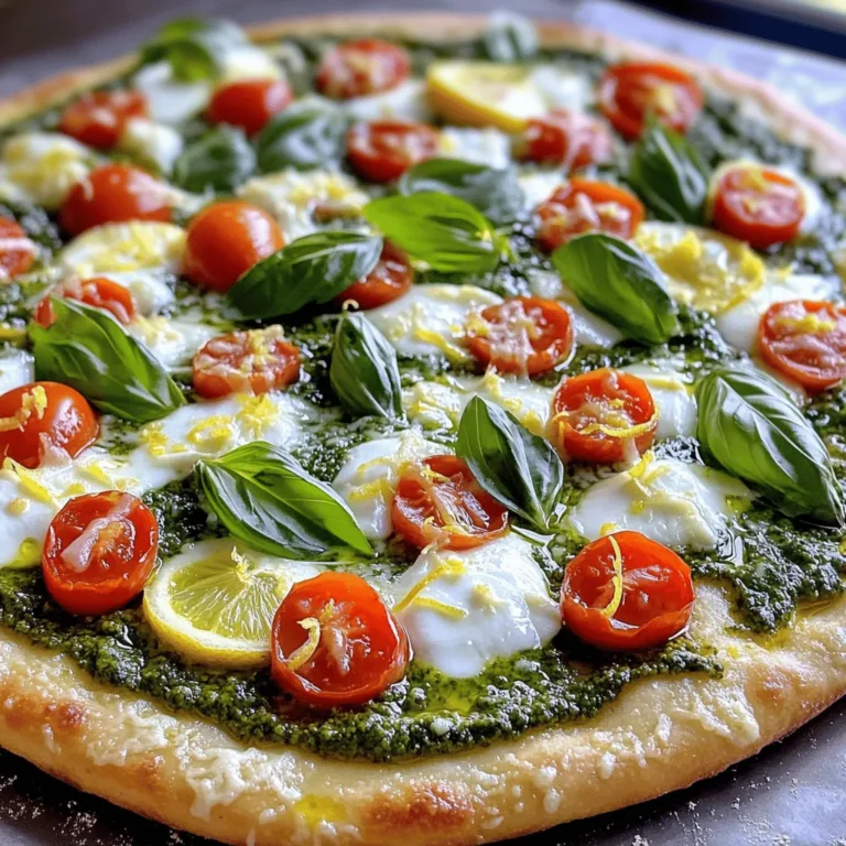 - 1 pre-made pizza dough - 1/2 cup fresh basil pesto - 1 cup shredded mozzarella cheese - 1 medium lemon (zested and juiced) - 1 cup cherry tomatoes, halved - 1/4 cup finely grated Parmesan cheese - 1 tablespoon extra-virgin olive oil - Salt and freshly ground black pepper to taste - Fresh basil leaves for garnish - Additional toppings (e.g., olives, peppers) - Alternative cheese options (feta, goat cheese) To make a great Lemon Basil Pesto Pizza, you need these ingredients. They work together to create a fresh, bright flavor. First, the pre-made pizza dough saves time and makes this recipe easy. You can find it in stores. Fresh basil pesto adds a rich, herby taste. It’s the star of this dish. Shredded mozzarella cheese melts beautifully. It gives that familiar cheesy texture we love. The lemon zest and juice bring a tangy punch. Cherry tomatoes add sweetness and color. Grated Parmesan cheese gives a nutty, salty flavor. The olive oil helps everything blend well. Salt and pepper round out the taste. For those who want to mix things up, you can add more toppings. Olives and peppers are great choices. You might also try different cheeses like feta or goat cheese for a twist. With these simple and tasty ingredients, you’re on your way to making a delightful pizza. For the full recipe and step-by-step guide, check out the [Full Recipe]. 1. Preheat your oven to 475°F (245°C). If you have a pizza stone, place it in the oven. This helps the crust cook evenly. If not, use a baking sheet. 2. Lightly flour a clean surface. Roll out the pizza dough to your desired thickness. Make sure it fits your baking surface. 3. Once rolled out, move the dough onto parchment paper. This will help you transfer the pizza later. 1. Spread the fresh basil pesto over the dough. Leave a half-inch border for the crust. 2. Sprinkle the shredded mozzarella cheese over the pesto. Make sure it covers the whole pizza. 3. Add the halved cherry tomatoes on top of the cheese. This adds color and flavor. 4. Drizzle the extra-virgin olive oil over everything. Season with salt and freshly ground black pepper to taste. 5. Zest the lemon and sprinkle it evenly on the pizza. This adds a fresh citrus aroma. 1. Slide the parchment paper with the pizza onto the preheated pizza stone or baking sheet. 2. Bake for about 12-15 minutes. Look for a golden brown crust and bubbling cheese. 3. Carefully take the pizza out of the oven. Drizzle fresh lemon juice over the top. 4. Sprinkle grated Parmesan cheese over the warm pizza. Add fresh basil leaves for garnish. 5. Use a sharp knife or pizza cutter to slice the pizza into wedges. Serve hot for the best taste. You can find the Full Recipe for this delicious Lemon Basil Pesto Pizza above. To get the best crust, I recommend using a pizza stone. It heats up and gives your pizza a crispy base. If you don’t have one, a baking sheet works too. Just make sure you preheat it well. Roll your pizza dough to the right thickness. Aim for about a quarter-inch thick. This allows for a nice rise and crunch without being too thin. For flavor, balance the saltiness with fresh lemon juice. A squeeze of lemon brightens up the taste. It makes the pizza feel fresh and lively. Use only fresh ingredients. Fresh basil, ripe tomatoes, and good cheese make a big difference. They add depth and vibrancy to your dish. When serving, place the pizza on a rustic wooden board. It adds a nice touch. You can also use a colorful platter for a fun look. Garnish with whole basil leaves and a lemon wedge. This makes it visually appealing and invites your guests to dig in. Serve it hot for the best taste! For the full recipe, check out the complete details above. {{image_4}} You can switch up the sauce for your pizza. Tomato sauce works well if you want a classic taste. You can also try a creamy white sauce. This adds a rich flavor that pairs nicely with lemon. Seasonal pesto is another fun option. You can make it with fresh herbs like parsley or cilantro. This gives a new twist to your dish. If you need a gluten-free pizza, several dough options are available. Many stores sell gluten-free pizza crusts. You can also make your own using almond flour or cauliflower. For those who follow a vegan diet, you can skip the cheese. There are many tasty vegan cheese substitutes. Look for brands made from nuts or soy for a creamy texture. Toppings can make your pizza unique. Popular choices include pepperoni, mushrooms, and bell peppers. Try mixing and matching your favorites. Seasonal vegetables add color and flavor. In summer, fresh zucchini or bell peppers work well. In winter, roasted butternut squash or kale can be a great choice. Don't be afraid to get creative with your toppings! To keep your Lemon Basil Pesto Pizza fresh, let it cool to room temperature. This step is key to avoid moisture buildup. Wrap each slice in plastic wrap or aluminum foil. You can also place them in an airtight container. This helps retain flavor and texture. Store the pizza in the fridge for up to three days. For best results, enjoy it within this time frame. When it's time to eat leftovers, you can use either an oven or a microwave. The oven is best for maintaining crispiness. Preheat your oven to 375°F (190°C). Place the pizza on a baking sheet and heat for about 10 minutes. This warms it up well without making it soggy. If you choose the microwave, place a slice on a microwave-safe plate. Add a cup of water next to it. This helps keep the crust from getting too chewy. Heat in 30-second intervals until warm. But remember, the microwave won't keep it crispy. For the best taste, the oven is your friend! Use these tips to enjoy your pizza even after the first delightful slice. For the full recipe, check out the complete article. To make your own basil pesto, you need a few simple ingredients. Combine fresh basil, garlic, pine nuts, Parmesan cheese, and olive oil in a food processor. Blend until smooth. Adjust the taste with salt and pepper. This mix adds great flavor to your pizza. Yes, you can freeze lemon basil pesto pizza. First, let the pizza cool completely. Then, wrap it in plastic wrap and place it in a freezer bag. It can last for up to three months. When you are ready to eat, bake it straight from the freezer. This makes a quick meal! Several side dishes pair well with lemon basil pesto pizza. Here are some of my favorites: - A light green salad with vinaigrette - Garlic bread for a crunchy side - Roasted vegetables for added flavor These sides balance the pizza's taste and make for a complete meal. To cut your pizza into even slices, use a sharp pizza cutter or knife. Start by cutting it in half, then cut each half into smaller sections. Aim for 8 slices for a standard pizza. This way, everyone gets a fair share! You can find high-quality pre-made pizza dough at many grocery stores. Look in the refrigerated section or the freezer aisle. Some local pizzerias also sell their dough. If you want a special option, check out artisan bakeries. They often have fresh dough made with quality ingredients. In this pizza guide, we covered essential ingredients, step-by-step instructions, and useful tips. You learned how to customize your pizza and store leftovers. Remember, fresh ingredients make a big difference in taste. If you try different toppings or variations, have fun with it! I believe cooking should be enjoyable and creative. Follow these steps, and you’ll create delicious pizza every time. Enjoy your cooking adventure!