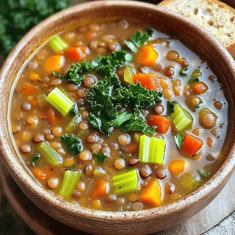 - 1 cup green or brown lentils - 1 tablespoon olive oil - 1 medium onion, finely chopped - 2 cloves garlic, minced - 2 medium carrots, diced into bite-size pieces - 2 stalks celery, diced - 1 red bell pepper, diced - Ground cumin - Smoked paprika - Turmeric - Salt - Black pepper - 6 cups vegetable broth (preferably low-sodium) - 1 (14-ounce) can diced tomatoes, including their juices - 2 tablespoons fresh lemon juice In this vegan lentil soup, I love using green or brown lentils. They add a hearty feel. The olive oil helps to sauté the veggies, making them soft and full of flavor. The mix of vegetables is key. You need an onion for sweetness. Garlic adds a nice kick. Carrots and celery give texture. The red bell pepper adds color and sweetness. For spices, I use ground cumin and smoked paprika. They bring warmth and depth. A bit of turmeric adds a lovely golden hue. Salt and black pepper round out the flavors. Liquid ingredients are vital too. I use vegetable broth for a rich base. Diced tomatoes add acidity and sweetness. Lastly, fresh lemon juice brightens the dish. You can find the full recipe above for all the details! - Rinse the lentils and chop the vegetables. - Heat olive oil and sauté onion and garlic. Start by rinsing one cup of green or brown lentils under cold water. This helps remove any dirt or debris. While the lentils drain, chop your vegetables. You will need one medium onion, two cloves of garlic, two medium carrots, two stalks of celery, and one red bell pepper. Next, in a large pot, heat one tablespoon of olive oil over medium heat. Add the chopped onion and cook for about five minutes. Stir until it becomes soft and clear. Then, add the minced garlic. Cook for one more minute to release its wonderful aroma. - Incorporate remaining vegetables and spices. - Add lentils, broth, and tomatoes, bring to a boil. Now, add the diced carrots, celery, and red bell pepper to the pot. Cook for another five to seven minutes. Stir often until the vegetables become tender. To build flavor, sprinkle in one teaspoon of ground cumin, one teaspoon of smoked paprika, and half a teaspoon of turmeric. Mix well and cook for one more minute. After the spices bloom, add the rinsed lentils, six cups of vegetable broth, and one can of diced tomatoes with their juices. Increase the heat and bring this mixture to a boil. Once it boils, reduce the heat and cover the pot. Let it simmer for 25 to 30 minutes, or until the lentils are soft but not mushy. - Simmer and add kale. - Season and serve. Once the lentils are cooked, stir in two cups of chopped kale. Let it simmer for an additional five to seven minutes. The kale should turn bright green and wilted. Now, season your soup with salt, freshly ground black pepper, and two tablespoons of fresh lemon juice. The lemon juice adds a nice zing. Taste it and adjust the seasoning as needed. Serve the soup hot, garnished with fresh parsley for a hint of color and flavor. For a full recipe, please see the [Full Recipe]. Enjoy your warm and nourishing vegan lentil soup! To boost the taste of your vegan lentil soup, consider these tips: - Add spices: Try bay leaf for depth or chili flakes for heat. - Sauté longer: Cook your vegetables a bit more. This gives a richer, deeper flavor. This soup shines when paired with the right sides. Here are my favorite ways: - Bread: Serve it with homemade bread for a warm, cozy meal. - Garnishes: Top it with nutritional yeast for a cheesy flavor or creamy avocado for richness. Lentils are packed with nutrients. Here’s why they are great: - Nutritional benefits: They provide protein, fiber, and iron, making them a healthy choice. - Leafy greens: Adding kale boosts vitamins and minerals. It also adds color and texture. For the full experience, check out the Full Recipe. These tips will help you create a dish that's not just tasty but also nourishing! {{image_4}} You can switch lentils for other beans or pulses. Black beans or chickpeas work well. Each bean adds a unique taste and texture to the soup. You can also use seasonal vegetables. Try zucchini in summer or butternut squash in fall. These swaps keep your soup fresh and exciting. To make your soup creamier, add coconut milk. It gives a rich texture and a hint of sweetness. You can also use fresh herbs like basil or cilantro. They add bright flavors and an herbal kick. A sprinkle of fresh herbs before serving makes a big difference. If you want a faster option, try an Instant Pot. Cook the soup on high pressure for about 15 minutes. You can also use a slow cooker. Simply set it on low for 6-8 hours. For a creamy version, use a blender. Blend half the soup and mix it back in. This makes the soup thick and smooth. Explore the [Full Recipe] for more ideas on making this soup your own! After enjoying your vegan lentil soup, you can store leftovers easily. Let the soup cool down first. Then, transfer it to airtight containers. Glass or plastic containers work well for this. Store it in the fridge for up to five days. For longer storage, freeze the soup. Use freezer-safe containers or bags to prevent freezer burn. The soup can last up to three months in the freezer. When it’s time to enjoy the soup again, reheat it gently. You can use a pot on the stove or a microwave. If using a pot, heat it over medium-low until warm. Stir occasionally to prevent sticking. In the microwave, use a microwave-safe bowl. Heat in short bursts, stirring in between. This helps heat evenly. Avoid overcooking, as the lentils may become mushy. Preparing for future meals is smart and easy with this soup. Chop your vegetables ahead of time, like onion, garlic, and carrots. Store them in the fridge for quick use. You can also rinse your lentils in advance and keep them in a container. Making larger batches is a great idea too. This way, you always have a warm, nourishing meal ready. Just follow the full recipe and freeze extra portions for busy days. Green and brown lentils are great for soup. They hold their shape well. Green lentils have a slightly peppery taste. Brown lentils are milder and cook faster. Both work well in this vegan lentil soup. Yes, you can adapt this recipe. If you prefer meat, try adding cooked chicken or sausage. For dairy, a splash of cream or some cheese can add richness. Just remember, this makes it less vegan. To thicken your soup, you have a few options. You can mash some lentils against the pot. Adding a spoonful of tomato paste also helps. If you want a creamier feel, blend a portion of the soup. These techniques will help you achieve the perfect consistency. For more details, check the full recipe. This blog post covers the key aspects of making a hearty lentil soup. We discussed the essential ingredients, including lentils, vegetables, and spices. I shared step-by-step instructions for preparing and cooking the soup. We explored tips for enhancing flavors and serving suggestions. You can create variations with different ingredients and learn best practices for storing and reheating leftovers. Lentil soup is a healthy, versatile meal that is easy to make. Enjoy experimenting with your own flavors and keep discovering new ways to make it.