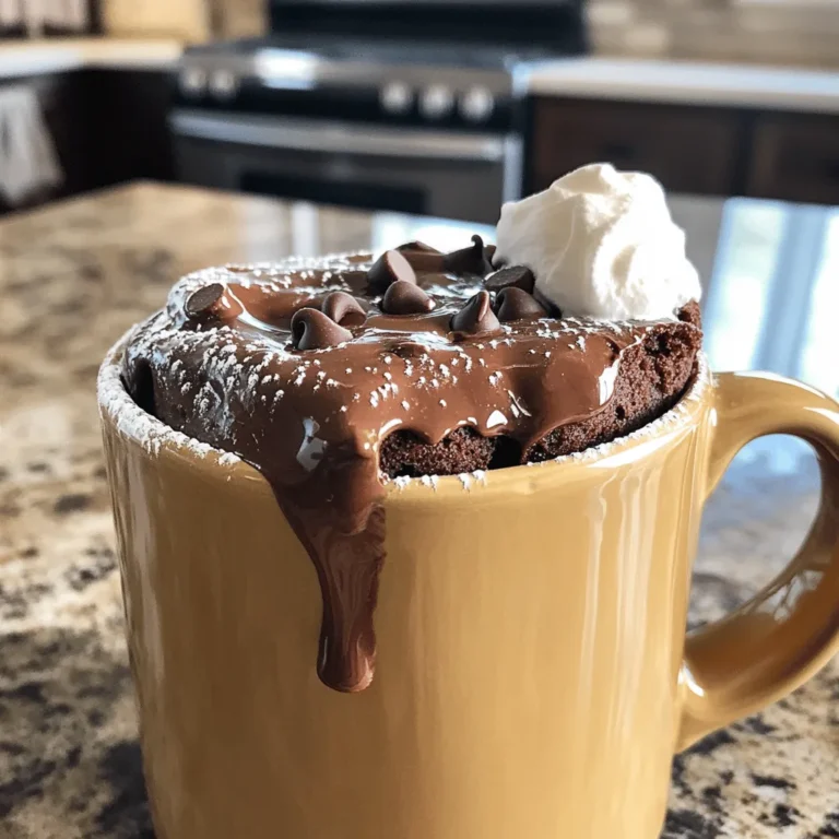 To make your easy chocolate mug cake, you need a few simple items. Here’s the list: - 4 tablespoons all-purpose flour - 4 tablespoons granulated sugar - 2 tablespoons unsweetened cocoa powder - 1/8 teaspoon baking powder - A pinch of salt - 3 tablespoons milk - 2 tablespoons vegetable oil - 1/4 teaspoon vanilla extract - 2 tablespoons chocolate chips (optional) These ingredients come together to create a rich and tasty treat. All-purpose flour serves as the base, while sugar adds sweetness. Cocoa powder gives that deep chocolate flavor, and baking powder helps it rise. A pinch of salt brings out the flavors. Milk and oil keep your mug cake moist. Vanilla extract adds a nice aroma. If you want more chocolate, add the optional chocolate chips. They melt and make each bite a delight! For the full recipe, check out the details above! You'll enjoy how quick and easy this dessert comes together. Choose a microwave-safe mug that holds about 12 ounces. This helps prevent spills. In the mug, add the following dry ingredients: - 4 tablespoons all-purpose flour - 4 tablespoons granulated sugar - 2 tablespoons unsweetened cocoa powder - 1/8 teaspoon baking powder - A pinch of salt Mix these dry ingredients well with a whisk or fork. Make sure they blend evenly. This step is key for a smooth cake. Now, it’s time for the wet ingredients. Add these to the dry mix in your mug: - 3 tablespoons milk - 2 tablespoons vegetable oil - 1/4 teaspoon vanilla extract Stir the mixture until you see a smooth batter. Make sure there are no lumps. If you want more chocolate, fold in 2 tablespoons of chocolate chips now. They will melt and enhance the flavor. Place your filled mug in the microwave. Cook on high for 1 minute and 30 seconds. After that time, check the cake. Gently press the center. If it feels wet, cook it in 10-second bursts until it is done. Be careful not to overcook. This can make your cake rubbery. Let the mug cake cool for about 1 minute. This avoids burning your tongue. For a fun treat, top it with whipped cream, ice cream, or powdered sugar. Enjoy your Easy Chocolate Mug Cake Delight in Minutes! You can find the Full Recipe for more details. To make the best mug cake, use a large mug. A 12-ounce mug works well. This gives your cake room to rise. Mix the dry ingredients well. This helps the flavors blend. Use a whisk or fork for a smooth batter. Stir until there are no lumps. If you want more chocolate, add chocolate chips. They melt and add extra flavor. Don’t skip the baking powder. It helps your cake rise. If you add too much liquid, the cake will be soggy. Too little can make it dry. Always check cooking time. Microwaves vary, so start with 1 minute and 30 seconds. If it looks wet, cook for 10 more seconds. Overcooking makes it tough. Microwave in short bursts. This helps cook the cake evenly. Move the mug around halfway through cooking. This helps heat spread well. After cooking, let it sit. This allows the heat to distribute evenly. Enjoy your cake warm for the best taste. For the full recipe, check out the complete instructions above. {{image_4}} You can easily change the flavor of your mug cake. Try using different types of cocoa powder, like dark or milk chocolate. You can also swap in some matcha powder for a green tea twist. Want a nutty flavor? Add a spoonful of almond butter or peanut butter. You can even mix in a teaspoon of instant coffee for a mocha flavor. The options are endless! If you have dietary needs, you can still enjoy this mug cake. Use almond milk or oat milk instead of regular milk. For a gluten-free version, try using almond flour or a gluten-free flour blend. If you need it vegan, replace milk with a plant-based option and use a flax egg instead of regular eggs. These swaps will keep your cake tasty and enjoyable. Toppings can make your mug cake even more special. Add whipped cream or ice cream for a rich treat. Fresh fruits like strawberries or bananas can add a nice touch. You can also sprinkle some nuts on top for crunch. Drizzle melted chocolate or caramel sauce for an extra sweet kick. Mix and match these ideas to create your perfect dessert! For the full recipe, check out the Decadent Chocolate Mug Cake . To store leftovers, let the mug cake cool completely. Cover it with plastic wrap or place it in an airtight container. This keeps the cake fresh. You can store it in the fridge for up to two days. However, I recommend eating it fresh for the best taste. When you’re ready to enjoy your leftover mug cake, reheat it in the microwave. Place the cake in the microwave for about 10 to 15 seconds. This warms it up nicely without drying it out. Check the cake to ensure it’s heated through. If it needs more time, add a few more seconds. Yes, you can freeze a mug cake! After it cools, wrap the mug cake tightly in plastic wrap. Place it in a freezer-safe bag or container. It can last for up to a month. To enjoy it later, thaw it in the fridge overnight. Then, reheat it as described above. For the full recipe, check the details provided earlier! You can cook a chocolate mug cake in just 1 minute and 30 seconds. After this time, check if it's done by gently pressing the center. If it feels wet, microwave it in 10-second bursts until it is fully cooked. Be careful not to overcook, as this can make your cake rubbery. Yes, you can use gluten-free flour in this recipe. Many types work well, such as almond flour or a gluten-free all-purpose blend. Just keep in mind that the texture may change a bit. You might need to adjust the liquid if using a different flour type. Yes, it is safe to eat a mug cake cooked in the microwave. The microwave cooks the cake quickly and evenly. Just ensure you follow the recipe closely to avoid undercooking. Always let it cool for a minute before eating to prevent burns. Enjoy your delicious treat! In this post, we explored how to make a delicious mug cake. We covered essential ingredients and provided step-by-step instructions. You learned tips for the perfect bake and how to avoid common mistakes. We even discussed tasty variations and storage methods. Now, you can enjoy this easy dessert at home. Remember, creativity is key. Mix flavors, try toppings, and make it your own. Enjoy your mug cake journey!