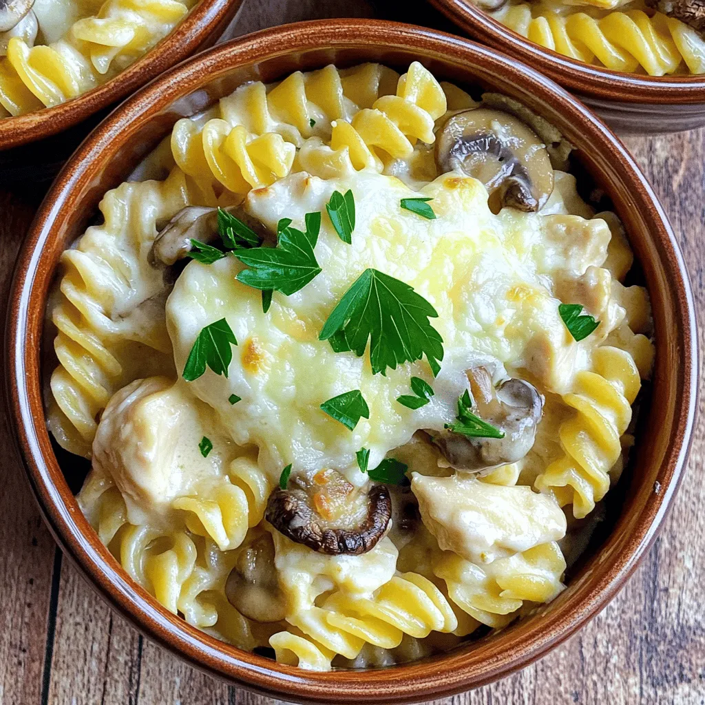 - 2 cups cooked rotini pasta - 1 lb chicken breast, diced into bite-sized pieces - 2 cups mushrooms, sliced (button or cremini) - 1 cup heavy cream - 1 cup Alfredo sauce (store-bought or homemade) - 1/2 cup grated Parmesan cheese - 2 tablespoons olive oil - 3 cloves garlic, finely minced - 1 teaspoon Italian seasoning - Salt and freshly ground black pepper, to taste - Fresh parsley, chopped (for garnish) When I make Chicken and Mushroom Alfredo Casserole, I start by gathering all my ingredients. This dish is simple yet full of flavor. The rotini pasta gives a nice twist, and the chicken makes it hearty. The mushrooms add a lovely earthiness that pairs well with the creamy sauce. The heavy cream and Alfredo sauce create a rich base. I prefer to use store-bought Alfredo for speed, but homemade can shine too. The grated Parmesan cheese adds a touch of saltiness that rounds everything out. For flavor, I use olive oil to cook the chicken. Garlic brings a wonderful aroma to the dish. Italian seasoning gives it that classic Italian touch, while salt and pepper enhance all the flavors. The fresh parsley at the end adds a pop of color and freshness. You can find the full recipe in the earlier sections. This combination of ingredients makes a satisfying meal that everyone will enjoy. - Preheat your oven to 350°F (175°C). This makes sure it’s hot for baking. - In a large skillet, pour in 2 tablespoons of olive oil. Heat it over medium heat. - Add 1 pound of diced chicken breast. Season it with salt and pepper. - Cook the chicken for about 5-7 minutes. It should turn golden brown and cook through. - Once the chicken is done, add 3 cloves of minced garlic and 2 cups of sliced mushrooms to the skillet. - Sauté the mixture for about 4-5 minutes. Stir it often until the mushrooms are soft and tender. - In a mixing bowl, whisk together 1 cup of heavy cream, 1 cup of Alfredo sauce, and 1/2 cup of grated Parmesan cheese. - Fold in the cooked rotini pasta and the chicken-mushroom mixture. Mix gently to keep texture. - Transfer this creamy blend into a greased casserole dish. Spread it out evenly. - Top the dish with the remaining shredded mozzarella cheese to create a lovely cheesy crust. - Bake your casserole in the preheated oven for 25-30 minutes. Look for bubbly and golden cheese. - Once baked, take it out and let it cool for a few minutes. This helps with serving. To make your Chicken and Mushroom Alfredo Casserole the best it can be, follow these tips: - Ensure even cooking by stirring gently. This helps mix all the flavors without breaking the chicken or pasta. Stir just enough to combine the ingredients after adding them to the casserole dish. - Use fresh ingredients for optimal flavor. Fresh mushrooms and herbs make a big difference. They boost taste, giving your dish a delightful and vibrant touch. When it's time to serve, presentation matters. Here are some ideas: - Presentation tips for an appealing look. Serve the casserole in individual bowls. Top each serving with extra Parmesan cheese and a sprinkle of chopped parsley. This adds color and makes the dish pop! - Suggested pairings (salads, sides). A fresh green salad or garlic bread pairs wonderfully. These sides enhance the meal and add a nice crunch or flavor contrast. Avoid these common pitfalls for a perfect casserole: - Overcooking the chicken. Chicken can dry out if cooked too long. Aim for tender and juicy pieces by monitoring cooking time closely. - Not seasoning adequately. Seasoning is key in cooking. Don’t forget to add salt and pepper to each layer. Taste as you go to ensure a balanced flavor throughout the dish. For the full recipe, check out the details I shared earlier. Enjoy your cooking! {{image_4}} You can make this dish lighter without losing flavor. Here are some simple swaps: - Substitute whole wheat or gluten-free pasta: Whole wheat pasta adds fiber and nutrients. Gluten-free options cater to those with dietary needs. Both provide a great base for your casserole. - Use low-fat Alfredo sauce options: Look for low-fat versions in stores. Homemade alternatives can also help cut calories while keeping that creamy texture. Feel free to get creative with your ingredients. You can modify the dish to suit your taste: - Add spinach or broccoli for extra veggies: These greens boost nutrition and add color. They pair well with chicken and mushrooms, making your meal even better. - Swap chicken for turkey or shrimp: Both turkey and shrimp work great in this casserole. Each adds a unique flavor and texture, so try what you like best. To take your casserole to the next level, consider these flavor tips: - Experiment with different herbs and spices: Fresh herbs like basil or thyme can brighten the dish. Garlic powder, onion powder, or paprika can add depth. - Incorporate a dash of hot sauce for heat: If you enjoy spice, a little hot sauce can elevate the flavors. Just a splash can make a big difference in taste. These variations let you tailor the Chicken and Mushroom Alfredo Casserole to your liking. Check out the Full Recipe for more ideas! To store leftovers in the fridge, let the casserole cool first. Then, cover it tightly with plastic wrap or aluminum foil. You can also use an airtight container. This helps keep it fresh and tasty. In the fridge, it should last about 3 to 4 days. For longer preservation, freezing is a great option. To freeze the casserole, cut it into portions. Wrap each piece in plastic wrap, then in foil. This double wrapping prevents freezer burn. You can also place the portions in freezer-safe bags for easy storage. It can stay fresh in the freezer for up to three months. To reheat the casserole, the oven is your best friend. Preheat your oven to 350°F (175°C). Place the casserole in a baking dish, cover it with foil, and bake for about 20 minutes. This keeps it creamy and warm. If you need a quicker method, use the microwave. Place a portion on a microwave-safe plate. Heat it in short bursts of 1 to 2 minutes, stirring in between. This will also help keep the creaminess intact, but oven reheating is better for texture. In the fridge, you can expect the Chicken and Mushroom Alfredo Casserole to stay fresh for about 3 to 4 days. In the freezer, it can last for up to three months. After that, the taste and texture may change. Always check for signs of spoilage before eating. Chicken and Mushroom Alfredo Casserole is a creamy and hearty dish. It combines tender chicken, tasty mushrooms, and pasta in a rich Alfredo sauce. This meal appeals to many because it is warm, filling, and full of flavor. The melted cheese on top adds a lovely golden crust, making it perfect for any table. Yes, you can make this casserole ahead of time. Prepare the dish up to the baking step. Store it in the fridge for up to two days before baking. When ready, just pop it in the oven. This saves time on busy nights and allows the flavors to blend. If you don’t have rotini, there are many good options. You can use penne, fusilli, or even elbow macaroni. These shapes hold the sauce well, just like rotini. Choose the pasta you enjoy most or have on hand. Yes, this casserole is very kid-friendly. Most kids love pasta and cheese, making it a hit at the dinner table. The creamy sauce masks any strong flavors, allowing even picky eaters to enjoy it. Plus, it’s a great way to sneak in veggies like mushrooms. This dish pairs well with simple sides. A fresh green salad adds a nice crunch. You can also serve garlic bread for a satisfying meal. For a lighter option, steamed broccoli or green beans work great alongside the casserole. Check out the Full Recipe for more meal ideas. This Chicken and Mushroom Alfredo Casserole is quick and easy to make. You learned about the key ingredients, simple steps, and helpful tips. Remember to use fresh items for the best flavor. You can also swap ingredients to fit your taste or diet. Whether you're cooking for family or friends, this dish is sure to please. Enjoy your delicious meal today!